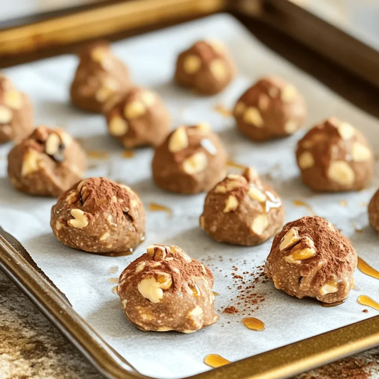 To make no-bake cookie dough bites, you need just a few simple things: - 1 cup almond flour - 1/3 cup maple syrup - 1/2 cup creamy peanut butter (or almond butter) - 1/4 cup chocolate chips (vegan if desired) - 1 tsp vanilla extract - 1/4 tsp salt - 2 tbsp dark chocolate cocoa powder (optional) - 1/4 cup chopped nuts (optional, such as pecans or walnuts) These ingredients blend well to create a tasty, chewy treat. The almond flour gives a nice texture, while maple syrup adds sweetness. Peanut butter makes it rich and creamy. If you don’t have almond flour, you can use oat flour or regular flour. Maple syrup can be swapped out with honey or agave syrup. For the nut butter, you might try sunflower seed butter if you need a nut-free option. Want to change the chocolate chips? You can use dried fruit or carob chips instead. Each swap changes the flavor a bit. You can make these bites even more fun! Try adding: - Chopped dried fruit for sweetness - A sprinkle of cinnamon for warmth - Mini marshmallows for a gooey treat - Shredded coconut for a tropical twist These add-ins are a great way to customize your bites. You can mix and match to find your favorite combo. For the full recipe, check the main article. To make no-bake cookie dough bites, start with a mixing bowl. Add 1 cup of almond flour. Next, pour in 1/3 cup of maple syrup and 1/2 cup of creamy peanut butter. Then, add 1 teaspoon of vanilla extract and 1/4 teaspoon of salt. Mix all these ingredients until they blend well. If you want a chocolate flavor, add 2 tablespoons of cocoa powder. Stir until the cocoa is mixed in. Now, fold in 1/4 cup of chocolate chips and any chopped nuts you like. Make sure everything is evenly spread in the mixture. Once your dough is ready, it’s time to form the bites. Use your hands to scoop small amounts of dough. Roll them into balls, about 1 inch wide. Place each ball on a baking sheet lined with parchment paper. When all the dough is rolled, put the baking sheet in the fridge. Let the bites chill for about 30 minutes. This helps them firm up and makes them easier to eat. After chilling, your no-bake cookie dough bites are ready! You can enjoy them as a sweet snack. They also make a great treat for parties. If you have leftovers, store them in an airtight container in the fridge. This keeps them fresh for later. For a fun touch, serve them with fresh fruit or a scoop of ice cream. Try pairing them with a glass of milk for a classic combo. For the full recipe, check out the details above. To make the best no-bake cookie dough bites, start with the right mix. You want a thick and soft dough that holds shape. If your dough is too dry, add a splash more maple syrup. If it feels too wet, sprinkle in a bit more almond flour. This balance is key. It keeps your bites from falling apart but still gives that tasty cookie dough feel. These treats are great for snacks anytime! Store them in an airtight container. They last up to a week in the fridge. If you want to keep them longer, freeze them! Just place them in a freezer-safe bag. They can last for up to three months when frozen. To enjoy later, let them thaw in the fridge overnight. You can mix things up with fun add-ins! Try adding different nuts or dried fruit. Want a chocolate twist? Use dark chocolate chips or cocoa powder. You can also swap out almond flour for other flours if you prefer. Get creative and make these bites your own! For the full recipe, check out the details above. {{image_2}} You can make many flavors of no-bake cookie dough bites! Chocolate is a top choice. Just add dark chocolate cocoa powder to the mix. You can also try different nut butters. Almond butter gives a rich taste, while peanut butter adds a classic flavor. Want something unique? Try adding a bit of cinnamon or even espresso powder for a fun twist! These cookie dough bites are easy to adjust for different diets. For a vegan version, use maple syrup and vegan chocolate chips. Almond flour is naturally gluten-free, so you can enjoy this treat without worry. Check your nut butter too, making sure it has no added ingredients that contain gluten. Have fun with your cookie dough bites by adding more goodies! Sprinkles bring color and joy. Coconut flakes add a chewy texture and tropical taste. You can even mix in dried fruit like cranberries or raisins for a fruity touch. Get creative! Each bite can be a new surprise. For the full recipe, check out the details above! To keep your no-bake cookie dough bites fresh, store them in an airtight container. Place a piece of parchment paper between layers to prevent sticking. Keep them in the refrigerator. They stay fresh for up to one week. Before serving, take them out for a few minutes to soften slightly. If you want to save some for later, freezing is a great option. Place the bites on a baking sheet and freeze them until firm. After that, transfer them to a freezer-safe bag. They can last up to three months in the freezer. When you’re ready to enjoy, just take out the desired amount and let them thaw in the fridge overnight. Chilled bites can sometimes feel too firm. To make them soft and tasty, let them sit at room temperature for about 10 minutes before serving. This small step makes a big difference in flavor and texture. You can also roll them in some extra chocolate chips or nuts for a fun twist! Yes, you can use many nut butters. Peanut butter works well, but you can also try cashew or sunflower butter. Each nut butter adds its own taste. This lets you make a fun twist on the classic flavor. If you use a nut-free option, sunflower butter is a great choice. Always choose a smooth nut butter for the best texture. To cut down on sugar, you can use less maple syrup. Try using just 1/4 cup instead of 1/3 cup. You can also mix in unsweetened nut butter. Another option is to use a sugar substitute, like stevia or monk fruit. These alternatives keep the bites sweet without adding extra sugar. Adjust to your taste, and enjoy! If you need to swap almond flour, try using oat flour or coconut flour. Oat flour gives a mild flavor, while coconut flour makes it a bit sweeter. If you use coconut flour, remember that it absorbs more liquid. You may need to add a little extra syrup or nut butter. Each flour changes the texture slightly, but they still taste great. You learned about key ingredients and how to make no-bake cookie dough bites. We discussed ingredient swaps, tasty variations, and ways to store them. I shared tips for the right texture and fun add-ins to try. These bites are easy to customize for your taste. Now, you can enjoy them your way! Keep experimenting to find your perfect combo, and you'll always have a treat on hand.