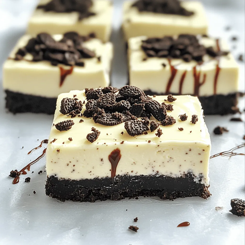 To make these tasty bars, gather the following ingredients: - 24 Oreo cookies (plus extra for topping) - 1/4 cup unsalted butter, melted - 16 oz (2 packages) cream cheese, softened - 1/2 cup granulated sugar - 1 teaspoon vanilla extract - 1 cup heavy whipping cream - 1/4 cup powdered sugar - Pinch of salt These ingredients blend together to create a rich and creamy dessert. Each part plays a vital role in building the flavor and texture. You can add fun toppings to make your cheesecake bars even better. Here are some ideas: - Crushed Oreo cookies for extra crunch - Whipped cream for a light finish - Chocolate syrup for a sweet drizzle - Fresh berries for a fruity touch These options can change the look and taste. You can mix and match to find your favorite! Sometimes, you may need to swap ingredients. Here are some easy replacements: - For cream cheese, try mascarpone or Greek yogurt. - Use dairy-free cream cheese for a vegan option. - Swap regular Oreo cookies with gluten-free ones. - If you don’t have heavy cream, use coconut cream instead. These substitutions can fit your taste and dietary needs while keeping the bars delicious. For the full recipe, check out the instructions! To start, you need to make the crust. Take 24 Oreo cookies and crush them in a food processor. Aim for fine crumbs. Then, mix these crumbs with 1/4 cup of melted butter. Stir until the mixture looks like wet sand. Next, line an 8x8 inch baking dish with parchment paper. Leave some paper hanging over the edges. This helps with easy removal later. Press the cookie mixture firmly into the bottom of the dish. Make sure it is even and compact. Place the dish in the fridge while you prepare the filling. Now, it’s time for the filling. In a large bowl, beat 16 oz of softened cream cheese with 1/2 cup of granulated sugar. Add 1 teaspoon of vanilla extract. Mix until it’s smooth and creamy. In another bowl, pour in 1 cup of heavy whipping cream and add 1/4 cup of powdered sugar. Whip this until stiff peaks form. This step is key for a light texture. Gently fold the whipped cream into the cream cheese mixture. Be careful not to deflate it. Then, fold in some coarsely chopped Oreo cookies for extra crunch. It’s time to put it all together. Spread the cheesecake filling evenly over your chilled Oreo crust. Use a spatula to smooth the top. Cover the dish with plastic wrap and place it back in the fridge. Let it chill for at least 4 hours. This helps the bars to set properly. When they are ready, lift them out using the parchment overhang. Cut into squares and sprinkle more Oreo crumbs on top. Enjoy your delicious no-bake Oreo cheesecake bars! For the full recipe, check out the entire guide on making these delightful bars. To get that smooth, creamy texture, use room temperature cream cheese. Cold cream cheese makes lumps. Beat the cream cheese until it's fluffy. Then, gently fold in the whipped cream. This keeps the mix light and airy. Always chill the bars long enough. They need at least 4 hours to set. One common mistake is rushing the chilling time. If you cut the bars too soon, they will fall apart. Another mistake is not crushing the Oreos finely enough. Large pieces won't hold the crust well. Lastly, avoid overmixing the filling. This can make the cheesecake dense instead of creamy. For this recipe, a food processor is key. It makes crushing Oreos quick and easy. A large mixing bowl helps when you beat the cream cheese. Use a spatula to fold in the whipped cream gently. Parchment paper is also handy for easy removal. Check out the Full Recipe for all the steps to make these bars great! {{image_2}} You can switch up the flavor of your No-Bake Oreo Cheesecake Bars to keep things fun. Try a mint chocolate version by adding mint extract to the filling. Mix in some chopped mint Oreos for a cool twist. For a peanut butter flavor, substitute half of the cream cheese with peanut butter. This gives a rich, nutty taste that pairs well with Oreos. The options are endless, so feel free to get creative! If you're looking for a different crust, use graham crackers instead of Oreos. Crush them the same way. For a gluten-free option, almond flour or gluten-free cookies work great. You can also try a nut crust, using finely ground nuts combined with a bit of butter. Each crust adds a unique taste and texture to your bars. Serving these cheesecake bars can be a fun experience. Cut them into small squares for easy sharing. Top with whipped cream and extra Oreo crumbles for a nice touch. For a festive look, add fresh berries or a drizzle of chocolate sauce. Serve them at parties or family gatherings, and watch everyone smile with delight! For the complete recipe, check out the Full Recipe. To store your No-Bake Oreo Cheesecake Bars, first, let them chill completely in the fridge. Once they are set, cut them into squares. Place them in an airtight container. Keep the container in the fridge. This keeps the bars fresh and tasty. You can freeze these cheesecake bars for later. Wrap each square in plastic wrap. Then, place them in a freezer-safe bag. This helps prevent freezer burn. When you want to eat them, take them out. Let them thaw in the fridge overnight for the best results. These cheesecake bars last about 5 days in the fridge. Make sure to check for any signs of spoilage before eating. If they look good and smell nice, they are safe to enjoy. For the best taste, eat them fresh. If you freeze them, they can last up to 2 months. Enjoy your dessert at its best! For the full recipe, check out the complete guide on making these delicious bars. Yes, you can! These bars are perfect for making a day or two in advance. This allows the flavors to blend well. Just store them in the fridge until you're ready to serve. If you want a different option, try using mascarpone cheese or ricotta cheese. Both give a nice creamy texture. They also add a unique flavor twist to your bars. These bars need to chill for at least 4 hours. This time helps the cheesecake filling set properly. If you can wait longer, it will taste even better! Yes! You can use dairy-free cream cheese or coconut cream. These swaps work well and keep the bars rich and creamy. Just make sure your cookies are also dairy-free. If your filling is not setting, it could be due to a few reasons. Maybe the cream cheese wasn't soft enough or the whipped cream wasn't whipped to stiff peaks. Always make sure to follow the steps in the Full Recipe for the best results. You learned how to make No-Bake Oreo Cheesecake Bars. We covered the key ingredients, preparation steps, and tips for success. Variations let you customize this treat. You can store them easily, ensuring they're ready to enjoy later. Now, you can impress your friends and family with this simple dessert. Enjoy experimenting and making it your own!