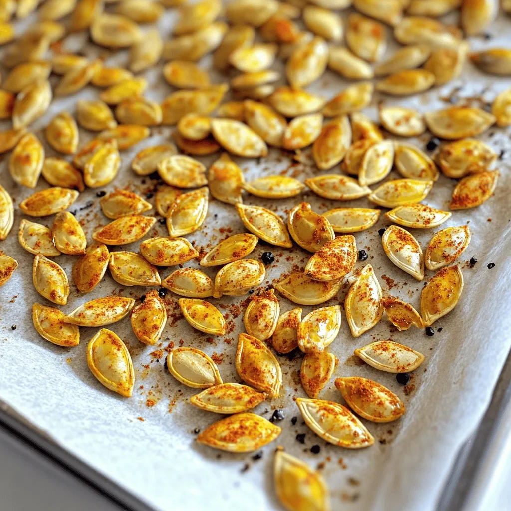 - 1 cup raw pumpkin seeds (also known as pepitas) - 2 tablespoons olive oil - 1 teaspoon smoked paprika - 1/2 teaspoon cayenne pepper (adjust to spice preference) - 1 teaspoon garlic powder - 1 teaspoon onion powder - 1 teaspoon sea salt - 1 tablespoon maple syrup (for a touch of sweetness) - Freshly cracked black pepper to taste - Pumpkin seeds: These seeds are high in protein and healthy fats. They also have magnesium, which helps your heart. - Olive oil: This oil is full of healthy fats that can lower bad cholesterol. - Smoked paprika: This spice gives flavor and contains antioxidants. - Cayenne pepper: It adds heat and may boost your metabolism. - Garlic powder: This spice helps to lower blood pressure and has anti-inflammatory properties. - Onion powder: It adds flavor and may help with digestion. - Sea salt: This salt enhances taste and helps keep the body hydrated. - Maple syrup: This natural sweetener adds flavor and contains minerals like zinc. - Black pepper: It enhances flavor and may improve digestion. When choosing pumpkin seeds, look for raw seeds without added salt or flavoring. Fresh seeds should be a light green color and feel firm. I recommend buying from a trusted source to ensure they are high quality. Avoid seeds that look dull or have dark spots. Quality seeds make a big difference in taste and nutrition. To make spicy roasted pumpkin seeds, start with 1 cup of raw pumpkin seeds. Rinse them under cold water to get rid of any leftover pulp. This step is key for flavor. After rinsing, pat them dry with a paper towel. Dry seeds will roast better. Next, take a mixing bowl and add the pumpkin seeds. Pour in 2 tablespoons of olive oil. This oil helps the spices stick to the seeds. Toss the seeds until every one is coated evenly. Now, add the spices: 1 teaspoon of smoked paprika, 1/2 teaspoon of cayenne pepper, 1 teaspoon of garlic powder, 1 teaspoon of onion powder, and 1 teaspoon of sea salt. If you love heat, feel free to add more cayenne. Mix well until the seeds are fully coated. Then, drizzle in 1 tablespoon of maple syrup for a hint of sweetness. Preheat your oven to 350°F (175°C). Spread the seasoned seeds in a single layer on a baking sheet lined with parchment paper. This prevents sticking and makes for easy cleanup. Roast the pumpkin seeds for 15 to 20 minutes. Stir them every 5 minutes to ensure they cook evenly. Keep an eye on them to avoid burning. You want them to be golden brown and smell amazing when done. When they’re ready, take them out of the oven and let them cool for a few minutes. To ensure even cooking, always stir the seeds during roasting. This helps all sides get that nice crunch. If your seeds are not uniform in size, some may cook faster than others. So, if you have larger seeds, consider spreading them out more. Also, make sure your oven is fully preheated before roasting. This helps cook the seeds quickly and evenly. Lastly, let the seeds cool completely before storing them. This keeps them crispy and fresh longer. For the full recipe, check out the complete guide! To get the perfect crunch in your spicy roasted pumpkin seeds, follow a few key steps. First, make sure to dry the seeds well after rinsing them. Any moisture can lead to a softer texture. Next, use the right amount of oil. Too little oil can cause them to burn, while too much can make them soggy. Toss the seeds in olive oil to coat them evenly. Finally, roast them at the right temperature. I suggest 350°F (175°C). Stir every five minutes to ensure they cook evenly. Many people make common mistakes when roasting pumpkin seeds. The first mistake is not soaking the seeds. Skipping this step can lead to a chewier texture. Another mistake is crowding the baking sheet. When seeds are too close together, they steam instead of roast. This keeps them from getting that nice crunch. Lastly, watch the time. If you leave them in the oven too long, they can burn quickly. To enhance the flavor of your spicy roasted pumpkin seeds, try different spices. Besides cayenne and smoked paprika, you can add cumin or chili powder for extra warmth. For a sweet touch, a bit of cinnamon pairs well with the spice mix. Experiment with fresh herbs too. Chopped rosemary or thyme can add a unique twist. You can even toss in some citrus zest for brightness. This way, you can create your own flavor profile that you love. For the full recipe, check out the earlier section. {{image_2}} You can change the spices to create new flavors. Try using chili powder for heat. Cumin adds a warm, earthy taste. For a zesty kick, add lime zest. You can even use Italian herbs for a twist. Mix and match based on what you like. If you prefer sweet snacks, you can make a sweet version. Use cinnamon and sugar for a classic taste. You can also add nutmeg for warmth. Drizzle a bit of honey or maple syrup on the seeds before roasting. This makes a tasty treat that's perfect for fall. For a low-sodium option, skip the sea salt. Instead, use herbs and spices to boost flavor. If you want a vegan snack, the recipe is already vegan-friendly. Just ensure your sweetener is plant-based. You can enjoy these seeds no matter your diet. Try these variations to keep your snacks fun and exciting! For the full recipe, check out the details above. To keep your spicy roasted pumpkin seeds fresh, store them in an airtight container. This will keep them crunchy and prevent moisture. Glass jars or resealable bags work great. It's best to wait until they cool completely before putting them away. Roasted pumpkin seeds can last about two weeks at room temperature. If you want them to last longer, store them in the fridge. In the fridge, they can last for up to one month. Freezing is another option. When frozen, they can stay good for up to six months. If you want to warm up your pumpkin seeds, use the oven. Preheat the oven to 350°F (175°C). Spread the seeds on a baking sheet. Heat them for about five minutes. This will help bring back their crunch. Enjoy your snack again with that fresh taste! For the full recipe, check out the Spicy Roasted Pumpkin Seeds. Pumpkin seeds are small but mighty. They are rich in protein, healthy fats, and minerals. Eating them may help with heart health and weight management. They also provide magnesium, zinc, and iron. These nutrients boost your immune system and help your bones. Plus, pumpkin seeds are a good source of antioxidants. They can improve your mood and sleep, thanks to their high magnesium content. Overall, adding pumpkin seeds to your diet can offer great health perks. Yes, you can use pre-seasoned pumpkin seeds. However, they may have added salt and preservatives. This can change the taste and health benefits. If you prefer control over flavors, make your own using the full recipe. This way, you can adjust the spice and salt to your liking. Homemade seeds taste fresh and are free from unwanted additives. You can easily make pumpkin seeds on the stove. Start by rinsing and drying the seeds. Heat a skillet over medium heat. Add the seeds to the dry pan. Stir them often to avoid burning. Cook for about 10 minutes until they are golden and crunchy. You can add your favorite seasonings while cooking. This method is quick and keeps your kitchen cool! Pumpkin seeds pack a punch in both taste and health. Understanding their ingredients and nutritional benefits helps you create a delicious snack. Following the step-by-step instructions ensures perfect roasting every time. Remember to avoid common mistakes for that ideal crunch and explore fun flavor variations. Store your seeds properly to keep them fresh. With this knowledge, you can enjoy pumpkin seeds while reaping their many benefits. Make them a regular part of your diet for a delicious and healthy treat!