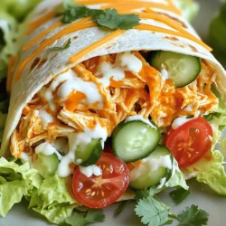 To make these tasty Buffalo Ranch Chicken Wraps, you will need: - 2 cups cooked chicken, shredded (rotisserie chicken works great) - ½ cup buffalo sauce (adjust to taste) - ½ cup ranch dressing (plus extra for drizzling) - 1 cup shredded lettuce - 1 cup diced tomatoes - ½ cup diced cucumbers - ½ cup shredded cheddar cheese - 4 large flour tortillas - Fresh cilantro or parsley for garnish (optional) - Salt and pepper to taste These ingredients come together to create a perfect blend. The chicken gives protein, while the buffalo sauce adds a kick. The ranch dressing cools it all down. Fresh veggies add crunch, and cheese adds creaminess. You can add a few garnishes for extra flavor and color: - Fresh cilantro - Fresh parsley - Extra ranch dressing for drizzling These garnishes make the wraps look nice and taste even better. Buffalo Ranch Chicken Wraps pair well with: - Crispy potato chips - Fresh fruit salad - Veggie sticks and dip - A light green salad These sides balance the wrap's bold flavors. They also add more color to your plate. Enjoy your meal with friends or family! For the full recipe, check out the section above. Start by getting a big bowl. In this bowl, mix 2 cups of shredded chicken with ½ cup of buffalo sauce and ½ cup of ranch dressing. Stir well. You want the chicken to be fully coated. This mix brings all the flavors together. Use rotisserie chicken for an easy shortcut. It saves time and tastes great. Now, lay out 4 large flour tortillas on a clean surface. In the middle of each tortilla, add a layer of shredded lettuce. Then, add diced tomatoes and diced cucumbers. Next, spoon the buffalo ranch chicken mixture right on top. Don’t forget to sprinkle on ½ cup of shredded cheddar cheese. Season with salt and pepper to your taste. To make your wraps crispy, consider lightly toasting them. Heat a skillet over medium heat. Place each wrap in the skillet for about 2-3 minutes on each side. This adds a nice crunch. After they’re golden, slice the wraps in half. Drizzle extra ranch dressing on top if you like. Garnish with fresh cilantro or parsley for a pop of color. Enjoy your tasty meal! To shred chicken fast, use two forks. Hold one fork steady and pull with the other. You can also use your hands if the chicken is cool enough. Rotisserie chicken works great for this recipe. It saves time and adds flavor. Make sure to shred the chicken into small pieces for even mixing. If you like it mild, use less buffalo sauce. Start with a quarter cup and taste it. You can always add more later. For those who love heat, add extra buffalo sauce. You can also mix in some hot sauce for an extra kick. Don't forget to taste as you go! Flour tortillas are the best choice for this wrap. They are soft and hold the filling well. You can also try whole wheat tortillas for a healthier option. Corn tortillas are great too but may crack easier. Choose what you enjoy most! {{image_2}} You can easily make a vegetarian version of the Buffalo Ranch chicken wraps. Just swap the chicken for shredded jackfruit or chickpeas. Use the same buffalo sauce and ranch dressing. This option gives you a tasty and filling meal without meat. For a low-carb version, try lettuce wraps instead of tortillas. Use large leaves of romaine or iceberg lettuce. Fill them with the buffalo chicken mix and toppings. This keeps the flavor while cutting down on carbs. You can also use low-carb tortillas if you prefer. If you love heat, make your wraps extra spicy. Add sliced jalapeños or a dash of cayenne pepper to the chicken mix. You can also use hot buffalo sauce instead of the regular one. This variation packs a punch and is perfect for spice lovers. You can find the full recipe in the main section. Enjoy trying these fun twists on the classic Buffalo Ranch chicken wrap! To store leftover wraps, place them in an airtight container. You can keep them in the fridge for up to three days. This keeps them fresh and safe to eat. If you have extra ranch dressing, store it separately. This way, it won't make the wraps soggy. To reheat the wraps, you can use a skillet or microwave. For the skillet, heat it on medium for 2-3 minutes on each side. This helps keep the outside crispy. If using a microwave, wrap the chicken wrap in a damp paper towel. Heat for 30 seconds or until warm. You can freeze these wraps for later use. Wrap each one tightly in plastic wrap. Then, place them in a freezer bag. They can last up to two months in the freezer. To eat, thaw them in the fridge overnight and reheat as needed. This makes meal prep easy and fun! For the full recipe, check out the detailed instructions. To make the best Buffalo Ranch Chicken Wraps, start with quality ingredients. Use cooked chicken, shredded from a rotisserie or cooked at home. Mix the chicken with buffalo sauce and ranch dressing in a bowl. This step gives the chicken flavor and moisture. Next, prepare your tortillas by laying them flat. Fill each tortilla with lettuce, tomatoes, cucumbers, and the chicken mix. Top with cheddar cheese. Season with salt and pepper. Fold and roll them tight. If you want a crisp wrap, toast them in a skillet for a few minutes. This adds a great crunch. Yes, you can use store-bought chicken for this recipe. Rotisserie chicken works great. It saves you time and adds great flavor. Just shred the chicken and mix it with the buffalo sauce and ranch dressing. This option makes the recipe quick and easy. You can use other sauces instead of ranch dressing. Blue cheese dressing is a popular choice. It gives a bold flavor that pairs well with buffalo sauce. You might also try yogurt for a healthier option. For a spicy kick, use a spicy ranch or sriracha sauce. Experiment with different sauces to find your favorite! Buffalo ranch chicken wraps are tasty and fun to make. You now know the key ingredients, the easy steps to prepare them, and some great tips. Don’t forget about the yummy variations and how to store leftovers. These wraps can fit any taste and are perfect for lunch or dinner. Enjoy making your own wraps, and get ready to impress friends and family with your skills. Happy cooking!