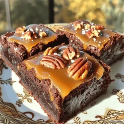 To make these rich and indulgent treats, you need a few key ingredients: - 1 cup unsalted butter, melted - 2 cups granulated sugar - 4 large eggs - 1 teaspoon vanilla extract - 1 cup all-purpose flour - 1 cup unsweetened cocoa powder - 1/2 teaspoon baking powder - 1/4 teaspoon salt - 1 cup chopped pecans - 1 cup caramel sauce (store-bought or homemade) - Sea salt for sprinkling These ingredients work together to create a fudgy brownie base with a caramel and pecan topping. The butter adds richness, while sugar brings sweetness. Eggs help bind the mix, and flour and cocoa give structure and flavor. For added flair, consider these optional garnishments: - Extra caramel sauce for drizzling - Whole pecans for a decorative touch - Whipped cream or vanilla ice cream These garnishments can elevate your brownies, making them even more appealing. To prepare your brownies, gather these essential tools: - Mixing bowls - Whisk or electric mixer - Measuring cups and spoons - 9x13-inch baking pan - Parchment paper or cooking spray - Spatula for spreading batter Having the right tools makes the process easier and more enjoyable. With these ingredients and tools, you're ready to create a delicious batch of Caramel Pecan Turtle Brownies. For the complete process, check the Full Recipe. Start by preheating your oven to 350°F (175°C). Grease a 9x13-inch baking pan. You can also use parchment paper for easy removal later. In a large bowl, mix 1 cup of melted butter and 2 cups of granulated sugar. Whisk them together until smooth. Next, add 4 large eggs and 1 teaspoon of vanilla extract. Whisk until fully blended. In another bowl, sift together 1 cup of all-purpose flour, 1 cup of cocoa powder, 1/2 teaspoon of baking powder, and 1/4 teaspoon of salt. Gradually add this dry mix to the wet mix. Be careful not to overmix. Fold in 1 cup of chopped pecans, saving a handful for later. Pour the batter into the prepared pan and smooth it out. Bake the brownies for 25-30 minutes. Check for doneness by inserting a toothpick into the center. It should come out with a few moist crumbs, not wet batter. Once done, take them out of the oven. While the brownies are still warm, drizzle 1 cup of caramel sauce over the top. Use a knife to swirl the caramel into the brownies, creating a marbled effect. For a beautiful swirl, don’t overdo it. Just a few gentle strokes with a knife will do. You want to see both brownie batter and caramel. After swirling, sprinkle the reserved pecans over the caramel. Press them down lightly so they stick. Let the brownies cool in the pan for at least 30 minutes. Before cutting, sprinkle some sea salt on top for extra flavor. Enjoy these rich and indulgent treats! Want the complete recipe? Check out the Full Recipe. To get the best texture in your brownies, focus on mixing. Mix the butter and sugar well until they are smooth. This helps create a soft, fudgy base. When you add the dry ingredients, stir just until combined. Overmixing can make them tough. Also, bake them until a toothpick shows few moist crumbs. This means they are perfectly baked. One common mistake is not measuring your ingredients correctly. Use measuring cups for accuracy. Another mistake is skipping the resting time. Let the brownies cool before slicing. This helps them set and makes cutting easier. Lastly, don’t forget the sea salt. It adds a nice touch that enhances the sweet flavors. Sprinkling sea salt on top of the warm brownies adds flavor. The salt balances the sweetness of the caramel and chocolate. Use a light hand. Too much salt can overpower the taste. I suggest adding it right before serving for the best effect. This little step takes your brownies from good to great! For the full recipe, check out the [Full Recipe]. {{image_2}} You can make your Caramel Pecan Turtle Brownies unique by adding different nuts or chocolates. Try walnuts or almonds if you want a twist. You can also swap in dark chocolate chips for a richer taste. Mixing in some white chocolate can add a fun contrast, too. To make these brownies gluten-free, use a gluten-free flour blend instead of all-purpose flour. This change keeps the texture soft and rich. Check that your caramel sauce is gluten-free as well. Many store-bought options are, but always read the label. If you want a quick treat, try a no-bake version. Use crushed graham crackers as the base. Mix them with melted butter and press them into a pan. Then, layer melted chocolate and caramel on top. Finally, sprinkle with pecans. Chill until set, and you have a delicious dessert without baking. For the full recipe, refer to the Caramel Pecan Turtle Brownies. To keep your caramel pecan turtle brownies fresh, store them in an airtight container. Place a piece of parchment paper between layers to prevent sticking. Keep the container at room temperature for up to three days. If you want them to last longer, refrigerate them for up to a week. Just make sure to let them come to room temperature before serving for the best taste. If you have extra brownies, freezing is a great option. First, let the brownies cool completely. Cut them into squares, and wrap each piece tightly in plastic wrap. Next, place the wrapped brownies in a freezer-safe bag or container. They can stay in the freezer for up to three months. When you're ready to enjoy them, let them thaw in the fridge overnight or at room temperature for a few hours. To reheat your brownies, preheat the oven to 350°F (175°C). Place the brownies in an oven-safe dish and cover them with foil. Heat for about 10-15 minutes, or until warm. This helps revive their fudgy texture. You can also use the microwave. Just heat them for 10-15 seconds at a time. Be careful not to overheat, as this can dry them out. Enjoy your delicious treats! Yes, you can make these brownies ahead. I often bake them a day in advance. Once they cool, wrap them tightly with plastic wrap. This keeps them fresh. Store them at room temperature or in the fridge. If you refrigerate, let them sit out for a bit before serving. This brings back their soft texture. To cut brownies neatly, use a sharp knife. Dip the knife in hot water, then dry it off. This helps prevent sticking. Start by cutting the edges first, then cut into squares. Wipe the knife clean between cuts for the best results. This method keeps your brownies looking pretty and prevents a messy slice. You can find pre-made caramel pecan turtle brownies at local bakeries or specialty dessert shops. Many grocery stores also stock them in the bakery section. If you prefer online options, check websites like Amazon or food delivery services. Some brands sell them frozen, allowing you to enjoy them whenever you want. For the best taste, I recommend trying local options first. Caramel pecan turtle brownies are a sweet treat worth making. This article covered the key ingredients, step-by-step baking instructions, and useful tips to ensure success. You learned how to avoid common mistakes and enhance the taste with just a pinch of sea salt. Plus, we explored variations, like gluten-free options and no-bake brownies, alongside storage tips to keep them fresh. Remember, these brownies are not just dessert; they’re a joyful experience. Enjoy your baking and share these treats with loved ones!