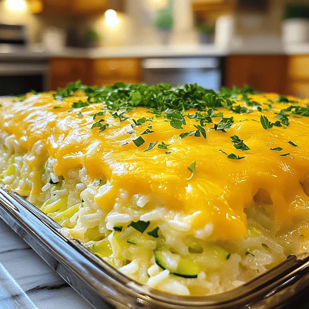 - 2 cups cooked rice (white or brown) - 2 medium zucchinis, grated - 1 cup shredded cheddar cheese - 1 cup ricotta cheese - 1/2 cup grated Parmesan cheese - 1/2 cup diced onion - 2 cloves garlic, minced - 1 tablespoon olive oil - 1 teaspoon Italian seasoning - Salt and pepper to taste - 1/4 cup fresh parsley, chopped (for garnish) When measuring, be sure to pack your grated zucchini lightly. This helps avoid excess water in the bake. Also, using freshly grated cheese gives a better melt and flavor. For the rice, you can use leftover rice or cook it fresh. Both work well in this recipe. For the best flavor, I suggest using Kraft for cheddar cheese and BelGioioso for Parmesan. For ricotta, Galbani is my go-to. These brands often provide great taste and texture in your bake. Always look for quality ingredients, especially with cheese, as it makes a big difference. You can find the full recipe in the section above. First, you need to gather all your ingredients. You will need cooked rice, zucchini, and cheese. Here’s what to do: - Preheat your oven to 375°F (190°C). This step is key for even baking. - Heat olive oil in a skillet over medium heat. Add diced onion and sauté for 3-4 minutes. You want the onion to turn soft and clear. - Now, add minced garlic to the skillet. Cook for another minute. This will give your dish a nice aroma. - In a large bowl, mix grated zucchini, cooked rice, the sautéed onion, garlic, ricotta cheese, and half of the cheddar cheese. Stir until everything is well mixed. - Season the mixture with Italian seasoning, salt, and pepper. Taste as you go to find your perfect flavor. Next, it’s time to bake. Here’s how: - Transfer the mixture into a greased 9x9 inch baking dish. Spread it out evenly. - Now, sprinkle the remaining cheddar cheese and the Parmesan cheese on top. This will create a tasty crust. - Place the dish in the oven and bake for 25-30 minutes. You want the cheese to melt and bubble. The edges should look slightly golden. Checking if your dish is done is simple: - Look for bubbling cheese. If it’s nice and bubbly, you’re close! - The top should be golden brown. If it isn’t yet, give it a few more minutes. - You can use a toothpick to check the center. If it comes out clean, it’s ready. For the full recipe, check out the ingredients and instructions above. Enjoy your Cheesy Zucchini Rice Bake! To get the best Cheesy Zucchini Rice Bake, follow these steps. First, make sure you squeeze out excess water from the grated zucchini. This keeps your bake from being too soggy. Next, mix the cheeses well with the other ingredients. This ensures every bite is cheesy and yummy. Spread the mixture evenly in the baking dish. This helps it cook evenly. Finally, watch the baking time closely. You want it golden but not burnt. Here are some mistakes to steer clear of. Don’t skip the seasonings. They add flavor and make the dish shine. Avoid using too much zucchini without draining it. This will make your bake watery. Also, don’t forget to preheat your oven. A hot oven helps the cheese melt nicely. Lastly, resist the urge to cut into it right away. Letting it cool for a few minutes helps it set. Having the right tools makes cooking easier. Here’s what I recommend: - A box grater for shredding zucchini - A large mixing bowl to combine ingredients - A skillet for sautéing onions and garlic - A 9x9 inch baking dish for the bake - A spatula for mixing and spreading - Oven mitts to protect your hands Using these tools will make your cooking experience smooth and fun. For the full recipe, check out the instructions above. {{image_2}} You can easily modify this recipe to fit your diet. To make it gluten-free, ensure you use rice without any added gluten. For a vegan option, swap the cheeses for plant-based alternatives. Use vegan cream cheese or cashew cream to keep it creamy without dairy. Nutritional yeast can add a cheesy flavor without using cheese. Feel free to mix up the cheeses in this dish. Instead of cheddar, try mozzarella for a gooey texture. You can also use feta for a tangy twist. Want more flavor? Add diced bell peppers or mushrooms to the mix. Spinach or kale can boost the nutrition and color, too. Pair this bake with a simple salad for a fresh crunch. A side of roasted veggies also complements the cheesy flavor. You can serve it with crusty bread to soak up the cheesy goodness. For a heartier meal, add grilled chicken or shrimp on the side. Check out the Full Recipe if you want to dive into more delicious variations. To store leftovers, let the Cheesy Zucchini Rice Bake cool first. Once it's cool, transfer it to an airtight container. Place a layer of plastic wrap over the dish before sealing it with a lid. This extra step helps keep the dish fresh. Store it in the fridge for up to three days. You can freeze this bake too! After it cools, cut portions and wrap them individually in plastic wrap. Then, place the wrapped portions in a freezer-safe bag. Make sure to label the bag with the date. You can freeze it for up to three months. This way, you'll have a tasty meal ready for busy days. To reheat, thaw the frozen portions in the fridge overnight. You can warm it in the oven or microwave. For the oven, preheat to 350°F (175°C). Place the bake in an oven-safe dish, cover it with foil, and heat for about 20 minutes. If using a microwave, heat on medium power for 2-3 minutes. Stir halfway through for even heating. Enjoy your meal! For the full recipe, check out the details above. Yes, you can make this dish ahead of time. Prepare it fully, but do not bake it yet. Cover the dish with plastic wrap and store it in the fridge. You can bake it the next day. Just add a few extra minutes to the cooking time. This method saves time and gives flavors a chance to mix. If you need a substitute for ricotta cheese, try cottage cheese. It has a similar texture and taste. You can also use cream cheese, but it will be thicker. For a dairy-free option, use silken tofu. Blend it until smooth for the best texture. Each option changes the flavor slightly, so pick what you like. To make your Cheesy Zucchini Rice Bake spicier, add red pepper flakes. Start with a small amount, maybe 1/4 teaspoon. You can adjust to your taste. Another option is to use pepper jack cheese instead of cheddar cheese. This adds heat and flavor. For more flavor, try adding diced jalapeños or hot sauce to the mix. In this blog post, we explored how to make a delicious Cheesy Zucchini Rice Bake. We covered the key ingredients, preparation steps, and baking tips. You learned how to avoid common mistakes and ways to adjust the recipe to fit various diets. Finally, we touched on storage and reheating for leftovers. Remember, cooking is all about experimenting and having fun. Enjoy your tasty creation, and don’t hesitate to try out different variations!