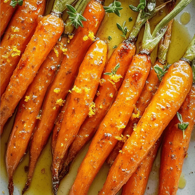 To make maple glazed roasted carrots, you'll need just a few simple items. Here’s what to gather: - Baby carrots or regular carrots - Pure maple syrup and olive oil - Spices: cinnamon and nutmeg - Fresh or dried thyme - Optional: orange zest These ingredients work together to create a sweet and savory treat. The carrots bring natural sweetness. The maple syrup enhances that sweetness while adding depth. Olive oil gives a rich flavor and helps with roasting. Cinnamon and nutmeg add warmth and spice, making the dish more complex. Thyme gives a fresh herbal taste that balances the sweetness. If you want a bright twist, try adding orange zest for a hint of citrus. This simple list makes it easy for anyone to create a delicious side dish. For the full recipe, check out the details above! 1. Preheat the oven. Set your oven to 400°F (200°C). This is key to getting nice, roasted carrots. 2. Prepare the maple glaze. In a big bowl, mix together the pure maple syrup, olive oil, cinnamon, nutmeg, salt, and pepper. If you want a citrus twist, add the orange zest and thyme. 1. Tossing carrots in the glaze. Take your baby carrots and add them to the bowl. Use your hands or a spoon to coat the carrots well in the glaze. 2. Arranging carrots on a baking sheet. Line a baking sheet with parchment paper. Spread the glazed carrots out in a single layer. This helps them roast evenly. 3. Roasting time and necessary stirring. Place the baking sheet in the oven. Roast the carrots for 25-30 minutes. Stir them halfway through for even cooking. Look for tender and caramelized carrots. 1. Adding extra maple syrup. After roasting, if you want more sweetness, drizzle a little extra maple syrup over the carrots. 2. Cooling before serving. Let the carrots cool for a few minutes before you serve them. This helps the flavors settle. For the full recipe, you can check the details above. Enjoy your tasty maple glazed roasted carrots! - Carrot size and uniformity: I like to use baby carrots for this recipe. They are sweet and tender. If you use regular carrots, cut them into equal sticks. This helps them cook evenly. Aim for pieces about the same size. - Achieving caramelization: To get that beautiful caramel color, make sure you coat the carrots well in the maple glaze. The sugar in the syrup helps them brown. Roast them at a high heat, around 400°F (200°C). Stir halfway through to ensure even cooking. - Presentation ideas: Serve your roasted carrots on a lovely platter. A sprinkle of fresh thyme adds color. Drizzle some extra maple syrup for a nice touch. This makes the dish pop and look appetizing. - Pairing with other dishes: These carrots are great with roasted chicken or pork. They also pair well with grains like quinoa or rice. Add them to a salad for a sweet crunch. - Substitutes for maple syrup or oil: If you don't have maple syrup, honey works well too. For oil, you can use melted butter or coconut oil. Each will give a different flavor but will still taste great. - Using different spices for variation: Try adding ginger or garlic for an extra kick. You could also use different herbs like rosemary or parsley. Experiment with these flavors to find your favorite mix. For the complete recipe, check out the [Full Recipe]. {{image_2}} For a twist, try adding garlic or ginger to the glaze. Both flavors pair well with sweet maple syrup. Just a clove of minced garlic or a teaspoon of grated ginger can change the whole dish. You can also add nuts for crunch. Chopped walnuts or pecans give a nice texture contrast. Just sprinkle them over the carrots before roasting. This recipe is easy to adapt for different diets. For a vegan version, you already have a great base. The maple syrup and olive oil keep it plant-based. Just ensure your other ingredients are also vegan. For gluten-free folks, this dish is naturally gluten-free. Just double-check your spices for any hidden gluten. You can mix in seasonal vegetables for variety. Root veggies like parsnips or turnips roast well alongside carrots. This adds color and flavor to your dish. Adjusting flavors for holidays can also be fun. For fall, add a pinch of pumpkin spice. For spring, use fresh herbs like dill or parsley. These small changes help keep your dish fresh and exciting. For the full recipe, check out the details above. After you enjoy your maple glazed roasted carrots, store any leftovers in the fridge. Use an airtight container to keep them fresh. Make sure to cool the carrots first. They taste best when eaten within three days. If you want to keep them longer, freezing is a good option. Place the cooled carrots in a freezer-safe bag. Remove as much air as possible before sealing. To enjoy your carrots again, reheat them gently. The oven works best for this. Preheat your oven to 350°F (175°C). Spread the carrots on a baking sheet. Heat them for about 10 minutes or until warm. You can also use the microwave. Place the carrots in a bowl and cover them. Heat in short bursts of 30 seconds, stirring in between. This keeps them tender and tasty. In the fridge, your roasted carrots last up to three days. If you freeze them, they can last for about three months. However, for the best flavor, try to eat them sooner. Over time, the texture may change. Enjoy your maple glazed roasted carrots while they are fresh and tasty! Roasting carrots at 400°F takes about 25 to 30 minutes. The exact time may change based on the size of your carrots. If you use larger pieces, they may need a few more minutes. Stir the carrots halfway through. This helps them cook evenly and caramelize nicely. Yes, you can use regular carrots. Just cut them into sticks about the same size as baby carrots. This helps them cook evenly. Regular carrots may take a few extra minutes to roast due to their size, so keep an eye on them. Maple glazed roasted carrots pair well with many dishes. They taste great with roasted chicken, grilled steak, or baked fish. You can also serve them with quinoa or rice for a veggie-packed meal. They add a sweet touch to any table. To change the sweetness, you can add more or less maple syrup. If you want a less sweet taste, cut the syrup by a tablespoon. You can also add a splash of lemon juice for some tang. This balances the sweetness and gives a fresh flavor. For the full recipe, check it out in the previous sections. This post covers how to make tasty maple-glazed roasted carrots. We discussed ingredients, preparation, roasting, and finishing touches. I shared tips for perfecting your dish and offered variations to customize flavors. You'll also find advice on storing leftovers and reheating them. Remember, cooking is about creativity and enjoyment. So, feel free to experiment with your carrots! Enjoy your cooking journey and make those carrots shine on your table.