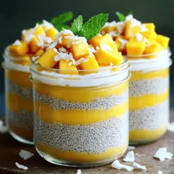 - 1 cup coconut milk - 1 cup almond milk - 1/2 cup chia seeds - 2 tablespoons maple syrup or honey - 1 ripe mango, diced - 1 teaspoon vanilla extract - Pinch of salt - Fresh mint leaves (optional) The main ingredients create a creamy and tasty pudding. Coconut milk gives a rich flavor. Almond milk adds a light touch that balances well. Chia seeds are the star here. They soak up liquid and turn into a jelly-like texture. Maple syrup or honey adds sweetness, but you can adjust this to your taste. Fresh mango brings a burst of color and flavor. A pinch of salt enhances all the tastes, and optional mint leaves can add freshness. For those with dairy concerns, use any plant-based milk. Almond milk works great, but oat or soy milk can be used too. If you need to change the sweetener, try agave or stevia. For fruit, feel free to swap mango with berries, bananas, or peaches. Each fruit adds its own unique flavor and can make your pudding special. You can mix and match based on what you have or what you love. For the full recipe, check out the details above. Enjoy your cooking! To start, you need to combine the coconut and almond milk. Pour 1 cup of coconut milk and 1 cup of almond milk into a large mixing bowl. Whisk them together until they blend smoothly. Next, add 1/2 cup of chia seeds, 2 tablespoons of maple syrup or honey, 1 teaspoon of vanilla extract, and a pinch of salt. Stir thoroughly to mix all the ingredients well. This forms the base of your pudding. Now, let the mixture sit for 5 minutes. This resting time allows the chia seeds to absorb liquid and swell. After 5 minutes, stir the mixture again. This step is important to prevent clumping. Make sure to break up any clumps you see. Cover the bowl with plastic wrap or transfer the mix into individual jars. Place it in the refrigerator for at least 3-4 hours or overnight. This is when the pudding thickens and sets. Once your chia pudding is ready, give it a final stir. To serve, layer the pudding in jars with diced mango on top. You can alternate layers for a beautiful look. For an extra touch, garnish with fresh mint leaves. The mint adds a pop of color and a burst of flavor. Serve in clear jars or glasses to show off those lovely layers. Enjoy your Coconut Mango Chia Pudding as a tasty and refreshing treat! To make your Coconut Mango Chia Pudding just right, chilling is key. I wait at least 3-4 hours. This time lets the chia seeds soak up the liquids. Stirring is also important. I stir the mix well after 5 minutes and then again before serving. This helps prevent clumps and ensures smooth texture. You can easily boost the flavor of your pudding. Try adding a pinch of cinnamon or nutmeg for warmth. These spices bring a cozy touch to your dish. You can also mix in different fruits or nuts for added crunch. Think about using berries, bananas, or even toasted coconut. Each fruit brings its own taste and texture. Coconut Mango Chia Pudding works great for breakfast, dessert, or a snack. You can enjoy it any time you want a tropical treat. Pair it with other tropical fruits like pineapple or kiwi for a fun twist. The mix of flavors makes every bite exciting! For a beautiful presentation, serve it in clear jars. Layer the pudding with diced mango for a colorful look. For the full recipe, check out the Full Recipe section. {{image_2}} You can add a fun twist to your coconut mango chia pudding. Try adding passion fruit for a tangy kick. Pineapple also works well, giving a sweet and juicy burst. You can also add citrus fruits like orange or lime. This adds a bright, zesty flavor that pairs nicely with mango. This pudding is great for many diets. It is vegan-friendly since it uses plant-based milk. For low-sugar or keto diets, you can use stevia or erythritol instead of maple syrup. This keeps it sweet without adding too many carbs. How you serve your pudding can change the whole experience. Using clear jars lets the beautiful layers show. You can also use bowls for a more casual feel. For a pretty touch, try layering the pudding with diced mango. A nice garnish of mint leaves makes it look even better. To keep your coconut mango chia pudding fresh, use airtight containers. Glass jars work great. They help seal in flavor and moisture. You can store it in the fridge for up to five days. Just make sure it’s covered well. Leftovers can be fun! You can mix them into smoothies for a nutritious boost. Another idea is to top your morning oatmeal with the pudding. If the pudding gets thick, just stir in a bit of almond milk. This will refresh the texture. Yes, you can freeze chia pudding! Use sturdy containers, leaving some space at the top. This allows for expansion. When you want to enjoy it, place the container in the fridge overnight to thaw. Avoid microwaving, as it can change the texture. Coconut mango chia pudding lasts about 5 days in the fridge. Store it in an airtight jar. Always check for any changes in smell or texture before eating. Yes, you can use other types of milk. Almond milk, oat milk, or soy milk work well. Each milk adds a unique flavor, so feel free to experiment! Absolutely! Chia pudding is great for meal prep. You can make it in advance and enjoy it all week. Just store it in jars for easy grab-and-go servings. To adjust sweetness, simply add more or less sweetener. Maple syrup or honey both work great. Taste as you go to find your perfect level of sweetness. Chia seeds are packed with nutrients. They are high in fiber, protein, and healthy fats. These seeds also contain antioxidants and support heart health. Plus, they help keep you feeling full longer. Coconut mango chia pudding is a simple, fun treat. We covered the key ingredients, like coconut and almond milk, and discussed the steps to make it creamy. Tips helped ensure the pudding's texture and flavor shine. You can make variations to fit any diet or taste. Try this pudding for breakfast or dessert. It’s easy to store and adapt. Enjoy making it your way!