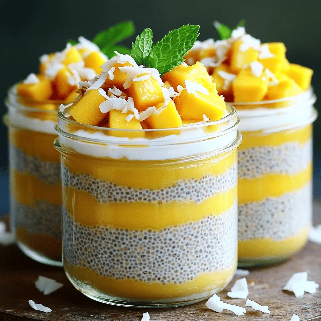 - 1 cup coconut milk - 1 cup almond milk - 1/2 cup chia seeds - 2 tablespoons maple syrup or honey - 1 ripe mango, diced - 1 teaspoon vanilla extract - Pinch of salt - Fresh mint leaves (optional) The main ingredients create a creamy and tasty pudding. Coconut milk gives a rich flavor. Almond milk adds a light touch that balances well. Chia seeds are the star here. They soak up liquid and turn into a jelly-like texture. Maple syrup or honey adds sweetness, but you can adjust this to your taste. Fresh mango brings a burst of color and flavor. A pinch of salt enhances all the tastes, and optional mint leaves can add freshness. For those with dairy concerns, use any plant-based milk. Almond milk works great, but oat or soy milk can be used too. If you need to change the sweetener, try agave or stevia. For fruit, feel free to swap mango with berries, bananas, or peaches. Each fruit adds its own unique flavor and can make your pudding special. You can mix and match based on what you have or what you love. For the full recipe, check out the details above. Enjoy your cooking! To start, you need to combine the coconut and almond milk. Pour 1 cup of coconut milk and 1 cup of almond milk into a large mixing bowl. Whisk them together until they blend smoothly. Next, add 1/2 cup of chia seeds, 2 tablespoons of maple syrup or honey, 1 teaspoon of vanilla extract, and a pinch of salt. Stir thoroughly to mix all the ingredients well. This forms the base of your pudding. Now, let the mixture sit for 5 minutes. This resting time allows the chia seeds to absorb liquid and swell. After 5 minutes, stir the mixture again. This step is important to prevent clumping. Make sure to break up any clumps you see. Cover the bowl with plastic wrap or transfer the mix into individual jars. Place it in the refrigerator for at least 3-4 hours or overnight. This is when the pudding thickens and sets. Once your chia pudding is ready, give it a final stir. To serve, layer the pudding in jars with diced mango on top. You can alternate layers for a beautiful look. For an extra touch, garnish with fresh mint leaves. The mint adds a pop of color and a burst of flavor. Serve in clear jars or glasses to show off those lovely layers. Enjoy your Coconut Mango Chia Pudding as a tasty and refreshing treat! To make your Coconut Mango Chia Pudding just right, chilling is key. I wait at least 3-4 hours. This time lets the chia seeds soak up the liquids. Stirring is also important. I stir the mix well after 5 minutes and then again before serving. This helps prevent clumps and ensures smooth texture. You can easily boost the flavor of your pudding. Try adding a pinch of cinnamon or nutmeg for warmth. These spices bring a cozy touch to your dish. You can also mix in different fruits or nuts for added crunch. Think about using berries, bananas, or even toasted coconut. Each fruit brings its own taste and texture. Coconut Mango Chia Pudding works great for breakfast, dessert, or a snack. You can enjoy it any time you want a tropical treat. Pair it with other tropical fruits like pineapple or kiwi for a fun twist. The mix of flavors makes every bite exciting! For a beautiful presentation, serve it in clear jars. Layer the pudding with diced mango for a colorful look. For the full recipe, check out the Full Recipe section. {{image_2}} You can add a fun twist to your coconut mango chia pudding. Try adding passion fruit for a tangy kick. Pineapple also works well, giving a sweet and juicy burst. You can also add citrus fruits like orange or lime. This adds a bright, zesty flavor that pairs nicely with mango. This pudding is great for many diets. It is vegan-friendly since it uses plant-based milk. For low-sugar or keto diets, you can use stevia or erythritol instead of maple syrup. This keeps it sweet without adding too many carbs. How you serve your pudding can change the whole experience. Using clear jars lets the beautiful layers show. You can also use bowls for a more casual feel. For a pretty touch, try layering the pudding with diced mango. A nice garnish of mint leaves makes it look even better. To keep your coconut mango chia pudding fresh, use airtight containers. Glass jars work great. They help seal in flavor and moisture. You can store it in the fridge for up to five days. Just make sure it’s covered well. Leftovers can be fun! You can mix them into smoothies for a nutritious boost. Another idea is to top your morning oatmeal with the pudding. If the pudding gets thick, just stir in a bit of almond milk. This will refresh the texture. Yes, you can freeze chia pudding! Use sturdy containers, leaving some space at the top. This allows for expansion. When you want to enjoy it, place the container in the fridge overnight to thaw. Avoid microwaving, as it can change the texture. Coconut mango chia pudding lasts about 5 days in the fridge. Store it in an airtight jar. Always check for any changes in smell or texture before eating. Yes, you can use other types of milk. Almond milk, oat milk, or soy milk work well. Each milk adds a unique flavor, so feel free to experiment! Absolutely! Chia pudding is great for meal prep. You can make it in advance and enjoy it all week. Just store it in jars for easy grab-and-go servings. To adjust sweetness, simply add more or less sweetener. Maple syrup or honey both work great. Taste as you go to find your perfect level of sweetness. Chia seeds are packed with nutrients. They are high in fiber, protein, and healthy fats. These seeds also contain antioxidants and support heart health. Plus, they help keep you feeling full longer. Coconut mango chia pudding is a simple, fun treat. We covered the key ingredients, like coconut and almond milk, and discussed the steps to make it creamy. Tips helped ensure the pudding's texture and flavor shine. You can make variations to fit any diet or taste. Try this pudding for breakfast or dessert. It’s easy to store and adapt. Enjoy making it your way!