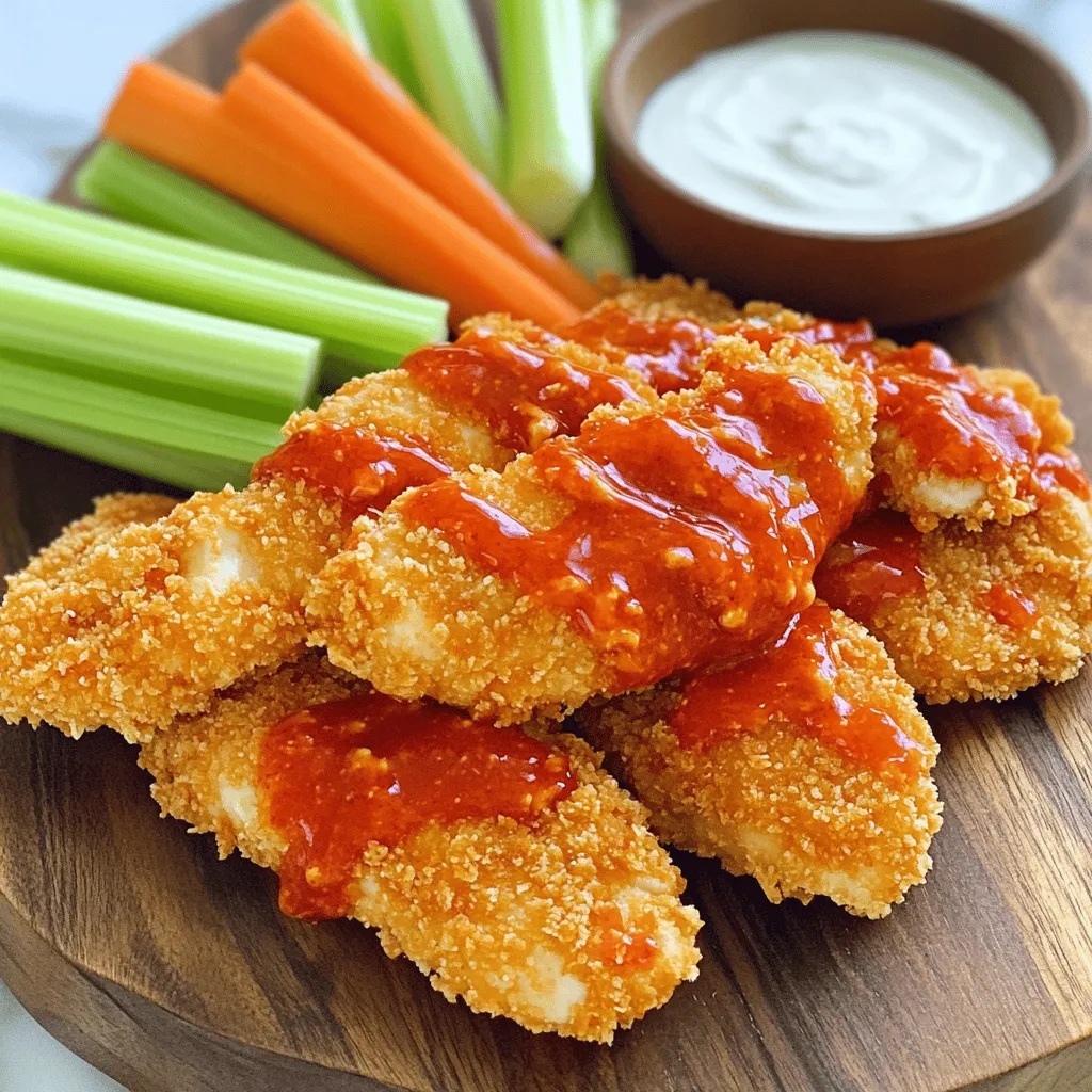 - 1 lb chicken tenders - 1 cup breadcrumbs (panko preferred for extra crunch) - 1/2 cup all-purpose flour - 1 teaspoon garlic powder - 1 teaspoon onion powder - 1 teaspoon paprika - 1 teaspoon salt - 1/2 teaspoon black pepper - 1/2 cup buffalo sauce (store-bought or homemade) - 2 tablespoons unsalted butter, melted - Ranch or blue cheese dressing for serving Gathering these ingredients is your first step. The chicken tenders provide a juicy base. Panko breadcrumbs give a wonderfully crispy texture. The all-purpose flour helps the coating stick well. The seasoning mix adds bold flavor to the tenders. Buffalo sauce is what makes these tenders truly stand out. The melted butter in the sauce adds richness. Finally, ranch or blue cheese dressing is perfect for dipping. Each ingredient plays a key role. The chicken cooks to a tender finish while the crisp coating seals in moisture. The spices create layers of taste, making every bite exciting. You will enjoy how easy it is to make these delicious tenders at home. For the full recipe, check the details above. - Prep Chicken: Start by rinsing the chicken tenders under cold water. Pat them dry with paper towels. This step ensures the breading sticks well. - Set Up Breading Station: In a shallow bowl, mix flour, garlic powder, onion powder, paprika, salt, and pepper. In a second bowl, place the beaten egg. In a third bowl, add the breadcrumbs. This setup makes the coating process smoother. - Coat Chicken: Dredge each chicken tender in the flour mixture first. Shake off any extra flour. Next, dip it into the egg, letting excess drip off. Finally, coat it in the breadcrumbs. Press the crumbs gently to stick well. - Preheat Air Fryer: Preheat your air fryer to 400°F (200°C). This takes about 5 minutes. A hot air fryer helps make the chicken crispy. - Air Fry Chicken: Arrange the breaded chicken tenders in a single layer in the basket. Lightly spray them with cooking spray. Cook for 10-12 minutes, flipping halfway. They should turn golden brown and reach an internal temperature of 165°F. - Buffalo Sauce Prep: While the chicken cooks, mix the buffalo sauce with melted butter in a large bowl. This adds richness and flavor. - Toss Tenders in Sauce: Once cooked, remove the chicken from the air fryer. Toss them in the buffalo sauce mixture until well coated. This step gives the tenders their signature spicy kick. For the full recipe, check out the detailed instructions in the previous sections. To get that perfect crunch, use cooking spray on the chicken tenders before cooking. This helps them crisp up nicely. Make sure to coat the breadcrumbs evenly on each tender. Press the crumbs gently so they stick well. This step is key for that delightful crunch you want. If your tenders are thicker, add an extra couple of minutes to the cooking time. Always check for doneness by using a meat thermometer. The chicken should reach an internal temperature of 165°F. This ensures it's safe to eat while still juicy. Serve your buffalo chicken tenders on a big platter. Add celery sticks and carrot sticks for color and crunch. These fresh veggies complement the spicy sauce well. It not only looks great but also adds a refreshing touch to the meal. {{image_2}} You can spice up your Air Fryer Buffalo Chicken Tenders in fun ways. Try adding cayenne pepper for extra heat. A pinch of cumin brings depth to the flavor. If you want something different, swap buffalo sauce for BBQ sauce or honey mustard. These changes can create a new taste experience. Experimenting with flavors keeps your meals exciting! If you need a gluten-free option, it's simple. Just use gluten-free breadcrumbs instead of regular ones. This swap keeps the crunch while making the dish safe for those with gluten sensitivities. You can still enjoy crispy chicken tenders without worry. Pair your tenders with fresh sides for a well-rounded meal. Celery sticks and carrot sticks add crunch and color. They also help cool down the heat from the buffalo sauce. Dipping sauces like ranch or blue cheese dressing are perfect for extra flavor. These sides make your meal fun and tasty! After cooking your chicken tenders, allow them to cool. Place the cooled tenders in an airtight container. This helps keep them fresh. Store them in the fridge for up to three days. Make sure to separate layers with parchment paper to avoid sticking. To freeze leftovers, let the chicken tenders cool completely. Place them in a single layer on a baking sheet. Freeze them for about an hour. Once frozen, transfer the tenders to a freezer bag. Remove as much air as possible. They can last up to three months in the freezer. When ready to eat, you can reheat the tenders in the air fryer. Set the air fryer to 350°F (175°C). Heat for about 5-7 minutes, flipping halfway. This keeps them crispy. You can also use the oven. Preheat it to 350°F (175°C) and bake for 10-15 minutes. Make sure they reach an internal temperature of 165°F. Enjoy your tasty meal! For the full recipe, check out the earlier sections. Yes, you can use frozen chicken tenders. But cooking times will change. 1. Cooking Instructions: For frozen tenders, cook them at 400°F for 12-15 minutes. Flip them halfway through. Check that they reach 165°F inside for safety. 2. Fresh vs. Frozen: Fresh chicken tenders cook faster. They only need 10-12 minutes. Frozen takes longer since they need time to thaw and cook through. Making buffalo sauce is simple and fun! Here’s how: 1. Ingredients: - 1/2 cup hot sauce (like Frank's RedHot) - 1/4 cup unsalted butter - 1 tablespoon white vinegar - Salt and pepper to taste 2. Instructions: - Melt the butter in a small pan over low heat. - Add the hot sauce and vinegar. - Stir well and season with salt and pepper. This sauce is great for tossing on the chicken tenders after air frying. Here’s a breakdown of the nutritional info per serving (4 tenders): - Calories: Around 350 - Protein: 25g - Fat: 20g You get a good amount of protein from chicken. The calories come from the breading and sauce. Yes, you can use this method on other meats! Here’s how: 1. Chicken Breast: Cut into strips, just like tenders. Follow the same breading and cooking steps. 2. Pork or Fish: You can also use pork chops or fish fillets. Adjust cooking time based on thickness. 3. Cooking Tips: Always check for doneness. Use a meat thermometer if needed. For the full recipe, check the details above. Happy cooking! In this post, we explored how to make tasty Air Fryer Buffalo Chicken Tenders. We covered all the key ingredients, from chicken to buffalo sauce, and shared easy steps for cooking. You learned tips to get crispy tenders and different flavor ideas. Remember, cooking can be fun and simple. These tenders pair well with sides like carrots and celery. Enjoy making them for a snack or meal. Now, get in the kitchen and try this delicious recipe!