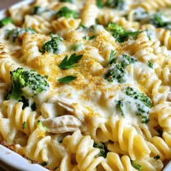 To make this tasty dish, you need some simple ingredients. Here’s what you need: - 2 cups rotini or penne pasta - 2 cups cooked chicken, shredded - 2 cups Alfredo sauce (store-bought or homemade) - 1 cup broccoli florets (fresh or frozen) - 1 cup spinach, chopped - 1 teaspoon garlic powder - 1 teaspoon Italian seasoning - 1 cup mozzarella cheese, shredded - 1/2 cup parmesan cheese, grated - Salt and pepper to taste - Fresh parsley, chopped (for garnish) These items create a creamy and filling bake. The pasta gives a nice base. The chicken adds protein, and the cheeses make it rich. Feel free to get creative! You can add more veggies or spices to fit your taste. Here are some ideas: - Bell peppers for crunch - Mushrooms for an earthy flavor - Red pepper flakes for heat - Sun-dried tomatoes for a tangy twist These optional ingredients can enhance the dish. Mix and match them to suit your family’s preferences. If you don’t have some items, don’t worry! Here are some swaps you can try: - Use whole wheat pasta for a healthier option. - Swap chicken for cooked turkey or rotisserie chicken. - Use low-fat milk for the Alfredo sauce to cut calories. - Substitute spinach with kale for a different texture. These substitutions help keep the dish easy and delicious. You can still enjoy a great meal, even if you’re missing something. Check out the Full Recipe for more details! Start by gathering all your ingredients. You need: - 2 cups rotini or penne pasta - 2 cups cooked chicken, shredded - 2 cups Alfredo sauce - 1 cup broccoli florets - 1 cup spinach, chopped - 1 teaspoon garlic powder - 1 teaspoon Italian seasoning - 1 cup mozzarella cheese, shredded - 1/2 cup parmesan cheese, grated - Salt and pepper to taste - Fresh parsley, chopped Next, preheat your oven to 375°F (190°C). Boil some salted water in a large pot. Add your pasta and cook until al dente. This usually takes about 8-10 minutes. Drain the pasta well and set it aside. Grab a large mixing bowl. Add the cooked pasta, shredded chicken, Alfredo sauce, broccoli, and chopped spinach. Mix everything well so that all the ingredients blend together. It should look creamy and colorful. Now, sprinkle in the garlic powder, Italian seasoning, salt, and pepper. Stir again, making sure the flavors mix evenly. Now it’s time to put everything into a baking dish. Grease a 9x13 inch baking dish to prevent sticking. Pour the pasta mixture into the dish and spread it out evenly. Top with mozzarella and parmesan cheese. This will give it a nice, cheesy crust. Place the dish in your preheated oven. Bake for 25-30 minutes. The cheese should melt and bubble, and the edges will turn golden. Once done, let it sit for 5 minutes. Garnish with fresh parsley before you dive in. For more details on making this dish, check out the Full Recipe. To get the creamiest texture, choose a good Alfredo sauce. I prefer a store-bought one for ease. If you want to make it from scratch, use butter, cream, and parmesan. Adding a bit of cream cheese helps too. Mix well until it’s smooth and rich. Make sure to coat the pasta well. This ensures every bite is creamy and delicious. Set your oven to 375°F (190°C) for the best results. This temperature melts the cheese perfectly. Bake for 25 to 30 minutes. Watch for the cheese to bubble and turn golden. If you want a crispy top, broil it for the last few minutes. Keep an eye on it so it doesn’t burn. Serve this dish with a simple green salad. A side of garlic bread adds a nice touch. You can also pair it with a light white wine. This meal works well for family dinners or gatherings. Don’t forget to sprinkle fresh parsley on top for color. For an extra kick, add red pepper flakes. Enjoy your Easy Chicken Alfredo Bake! You can find the full recipe above. {{image_2}} You can make a tasty vegetarian version of Chicken Alfredo Bake. Swap the chicken for cooked mushrooms or chickpeas. These veggies bring a nice taste and texture. Use the same Alfredo sauce and pasta. This change keeps it creamy and satisfying. You still enjoy all the flavors you love while making it meat-free. Feel free to add other vegetables for a colorful twist. You can try bell peppers, zucchini, or even asparagus. Just chop them up and mix them in with the pasta. Remember, if you use fresh veggies, you might want to sauté them first. This helps keep them tender. More veggies mean more nutrients and flavor in your bake. Want to spice things up? Add some red pepper flakes for heat. You can also mix in fresh herbs like basil or thyme. These herbs add a fresh touch to your dish. If you love garlic, try adding minced garlic to the sauce. Adjust the seasoning as you like. This way, you create a dish that fits your taste perfectly. For the full recipe, check out the Cooking section. To store leftovers, let the Chicken Alfredo Bake cool. Place it in an airtight container. Make sure to cover it well to keep it fresh. Store it in the fridge for up to three days. If you want to save it longer, freezing is a great option. When you reheat your Chicken Alfredo Bake, you have a few choices. You can use the microwave or the oven. If using the oven, preheat it to 350°F (175°C). Place the bake in an oven-safe dish and cover it with foil. Heat for about 20 minutes, or until hot. If using a microwave, heat in short bursts to avoid drying it out. Stir in between to ensure even heating. Freezing is easy and works well for this dish. After cooking, let it cool completely. Then, cut it into serving sizes. Wrap each piece tightly in plastic wrap. Place the wrapped pieces in a freezer bag or container. Label it with the date. You can freeze it for up to three months. When ready to eat, thaw it overnight in the fridge and reheat as needed. For more details, check the Full Recipe. Yes, you can use homemade Alfredo sauce. Making your own sauce can add a fresh touch. I like to use heavy cream, butter, and parmesan for a rich flavor. You can also add garlic for extra taste. Just remember to keep it creamy and smooth for best results. Rotini or penne pasta works best for this bake. These shapes hold sauce well and mix easily with chicken. You can also try shells or fusilli if you prefer. Just make sure to cook the pasta until it is al dente. This way, it won’t get mushy while baking. You can store the bake in the fridge for up to three days. Make sure to cover it well to keep it fresh. When you're ready to eat, just reheat it in the oven or microwave. It still tastes great, and the cheese remains gooey. In this guide, we explored key ingredients and easy steps for a chicken Alfredo bake. I shared tips for a creamy texture, baking time, and shared tasty variations. Remember, you can customize your dish with different veggies or flavors. Proper storage and reheating tips ensure leftovers stay fresh. Enjoy making this dish your own! Cooking brings joy, and this recipe is both simple and delicious. Happy baking!