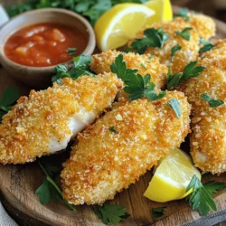 - Chicken Tenders - Grated Parmesan Cheese - Breadcrumbs (preferably panko) - Eggs - Garlic Powder - Onion Powder - Paprika - Salt and Pepper - Olive Oil - Fresh Parsley for Garnish In this recipe, you will need fresh chicken tenders. They provide a tender and juicy bite. The grated Parmesan cheese adds a salty and nutty flavor. I recommend using panko breadcrumbs. They give you a light and crispy texture. You will also need eggs to help the coating stick. For seasonings, garlic powder adds depth. Onion powder gives a sweet flavor. Paprika adds a touch of warmth and color. Don’t forget salt and pepper to boost all the flavors. A drizzle of olive oil helps to brown the chicken. Lastly, fresh parsley makes a great garnish. Use these ingredients to create your Parmesan crusted chicken tenders. You can find the full recipe and instructions to make this dish pop with flavor. - Preheat Oven and Prepare Baking Sheet Start by preheating your oven to 400°F (200°C). This temperature is key for crispiness. While the oven warms up, line a baking sheet with parchment paper. This step helps the chicken tenders from sticking. - Mix Parmesan Coating Ingredients In a shallow bowl, mix together the grated Parmesan cheese, breadcrumbs, garlic powder, onion powder, paprika, salt, and pepper. Stir until everything is well combined. This mix gives the tenders a rich, cheesy flavor. - Egg Mixture Preparation In another bowl, crack the two large eggs. Beat them until they are frothy. This egg mixture helps the coating stick to the chicken. - Coating Process Take each chicken tender and dip it into the egg mixture. Make sure it’s fully coated, then gently shake off the excess egg. Next, place the tender into the Parmesan breadcrumb mix. Press lightly to ensure the coating adheres well. Place the coated chicken on your prepared baking sheet. Repeat for all tenders. Drizzle olive oil over them to help achieve that golden crust. - Baking Time and Doneness Bake the chicken tenders in the preheated oven for 15-20 minutes. They are done when the coating is crispy and golden brown. The chicken should be cooked through. - Final Presentation Tips Once cooked, take them out of the oven and let them cool slightly. For a beautiful touch, sprinkle fresh parsley on top. Serve the tenders on a platter with lemon wedges and a side of marinara sauce or ranch dressing. Enjoy your delicious Parmesan crusted chicken tenders! For the complete recipe, refer to the Full Recipe. To get that amazing crunch, I suggest using panko breadcrumbs. They are lighter and create a crispier coating. You can also mix in crushed cornflakes for extra texture. If you want a twist, try adding some crushed nuts to the mix. Almonds or walnuts can bring a lovely flavor. Olive oil is key for that golden crust. It helps the coating brown and stay crispy. Drizzle a bit on the chicken tenders before baking. You can also spray them lightly with cooking oil. This trick gives you an even better crunch without too much fat. If you have dietary needs, you can swap ingredients easily. Use gluten-free breadcrumbs if you need a gluten-free option. You can also replace chicken with turkey tenders. For a vegetarian version, try using thick slices of eggplant or zucchini. You can add flavors to your chicken tenders too. Mix in Italian herbs like oregano or basil. For a spicy kick, add cayenne pepper or red pepper flakes. You can even toss in some lemon zest for a fresh taste. These changes keep the dish exciting and fun! {{image_2}} Air Fryer Version You can make these chicken tenders in an air fryer. This method cuts down on oil while still giving you that crispy delight. Preheat the air fryer to 400°F (200°C). Spray the basket with cooking spray. Place the coated chicken tenders in a single layer. Cook for 10-12 minutes, flipping halfway through. Check that they are golden and cooked through. Grilling Option Grilling adds a smoky flavor to your chicken tenders. Preheat your grill to medium-high heat. Lightly oil the grill grates to prevent sticking. Place the coated chicken tenders on the grill. Cook for about 5-7 minutes on each side. Make sure to check for doneness, as grilling can cook them faster. Adding Herbs and Spices You can boost the flavor by adding herbs and spices. Try mixing in dried oregano, thyme, or basil with the Parmesan coating. Fresh herbs like rosemary or dill can also bring a bright touch. Add a pinch of red pepper flakes for a spicy kick. Cheesy Variations For a cheesier version, mix different cheeses into the breadcrumb mixture. Try adding shredded mozzarella or a hint of cheddar. This adds extra flavor and creaminess. You can even sprinkle more cheese on top before baking for a gooey finish. Explore these variations to make your Parmesan crusted chicken tenders unique. For the complete details, check out the Full Recipe. After enjoying your Parmesan crusted chicken tenders, you might have some left. To keep them fresh, refrigerate them. Place the chicken tenders in an airtight container. They will last in the fridge for about three days. Make sure they cool down before sealing the container. This helps prevent moisture buildup, which can make your tenders soggy. If you want to keep them longer, freezing is an option. First, wrap each tender in plastic wrap. Then place them in a freezer bag. Squeeze out the air before sealing. These tenders can stay frozen for up to three months. When it’s time to enjoy your leftovers, reheating is key. To keep the crispiness, use an oven or an air fryer. Preheat your oven to 375°F (190°C). Place the chicken tenders on a baking sheet and bake for about 10-15 minutes. This helps restore their crunch. If you use an air fryer, set it to 375°F (190°C) and cook for about 5-7 minutes. Both methods ensure your tenders taste as good as when they were first made. Avoid using the microwave. It can make them soft and chewy, which we want to avoid. You can serve Parmesan crusted chicken tenders with several tasty sides. Here are some great options: - French fries: Crispy and golden, they pair well with chicken. - Coleslaw: A fresh, crunchy side adds a nice contrast. - Steamed broccoli: This adds color and health to your meal. - Caesar salad: The creamy dressing complements the chicken's flavor. - Garlic bread: A warm, buttery loaf is always a hit. Yes, you can make Parmesan crusted chicken tenders gluten-free. Simply swap the breadcrumbs for gluten-free options. Look for gluten-free panko or crushed gluten-free crackers. Check the Parmesan cheese for gluten-free labeling. This way, you can enjoy delicious tenders without the gluten. To know if chicken tenders are cooked, use a meat thermometer. The internal temperature should reach 165°F (75°C). Insert the thermometer into the thickest part. If the temperature is right, the chicken is safe to eat. Another sign is the color; it should be white, not pink. Always ensure your chicken is cooked properly for safety. You now have all the tools to make Parmesan-crusted chicken tenders. We covered the key ingredients, seasoning tips, and step-by-step baking instructions. You can adapt the recipe to fit your needs, whether you choose to air fry or grill. Plus, you learned how to store leftovers and reheat them perfectly. This dish is sure to impress anyone at your table. Enjoy experimenting with flavors and cooking methods. Happy cooking!