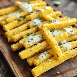 - 1 cup polenta (cornmeal) - 4 cups vegetable broth - 1/2 cup grated Parmesan cheese - 2 tablespoons fresh parsley, finely chopped - 1 teaspoon dried oregano - 1 teaspoon garlic powder - Salt and pepper to taste - 2 tablespoons olive oil (for brushing) - Extra Parmesan cheese for garnish For Parmesan Herb Polenta Fries, you start with polenta. Polenta is simply cornmeal. It cooks up creamy and smooth. You also need vegetable broth to add flavor. The broth must boil before you add the polenta. Next, grated Parmesan cheese brings a salty and nutty taste. Fresh parsley adds a nice green touch and bright flavor. Dried oregano and garlic powder give your fries a savory kick. Salt and pepper help enhance all the flavors. Then, you'll brush the fries with olive oil. This helps them crisp up in the oven. Finally, sprinkle extra Parmesan cheese on top. It melts perfectly and adds more flavor. This combination makes the fries both crispy and delicious. If you want to see the full process, check out the Full Recipe. - Bring vegetable broth to a boil in a large saucepan. - Slowly whisk in the polenta, stirring until smooth. - Cook for about 20 minutes on low heat. Stir often to avoid lumps. - Remove the pot from heat and stir in Parmesan cheese and herbs. - Mix in garlic powder, salt, and pepper. - Spread the polenta into a greased baking dish. Smooth the top with a spatula. - Let it cool for 30 minutes until it sets. - Preheat your oven to 425°F (220°C). - Cut the set polenta into fries or sticks. - Arrange the fries on a lined baking sheet. - Lightly brush each fry with olive oil. - Bake for 25 to 30 minutes, flipping halfway, until crispy and golden. - Sprinkle with extra Parmesan cheese before serving. For the complete recipe, check the Full Recipe. To get that perfect crispiness, preheat your oven to 425°F (220°C). A hot oven helps the fries cook evenly. When the fries bake, flip them halfway through. This way, both sides brown nicely. For dipping, try marinara or aioli. These sauces add a nice touch to the fries. You can also pair these fries with grilled chicken or a fresh salad. They work well as a side dish or a snack. Avoid overcooking the polenta. Cook it just right so it stays creamy. Also, let the polenta sit and set before cutting. This makes it easier to slice into fries. If you skip this step, the fries may fall apart. For the full recipe, check the [Full Recipe]. Enjoy making these tasty treats! {{image_2}} You can change the taste of your polenta fries by adding different spices. For a kick, sprinkle in paprika or cayenne. Both spices add heat and flavor. If you want a milder taste, consider using smoked paprika for a smoky note. You can also swap out the cheese. While Parmesan is classic, cheddar or feta can be fun alternatives. Cheddar offers a creamy richness, while feta adds a salty tang. Try mixing different cheeses for a unique blend. If you want a different base, use chicken broth instead of vegetable broth. This change adds a savory depth to your fries. If you need a gluten-free option, polenta itself is naturally gluten-free. Just make sure your broth and any added spices are also gluten-free. You can make your polenta fries a loaded dish. Top them with melted cheese, jalapeños, or even chili. This makes a hearty snack or meal. For a fresh touch, serve your fries with herbs or microgreens. Chopped parsley or basil can brighten the dish. A sprinkle of fresh herbs not only adds flavor but also makes it look more appealing. For the full recipe, check out the detailed instructions provided above, and enjoy exploring these variations! To keep your leftover polenta fries tasty, store them in an airtight container. Place parchment paper between layers to avoid sticking. This method keeps them fresh. I recommend using glass or plastic containers. They work well and help you see what’s inside. You can freeze cooked polenta fries for later use. Allow them to cool completely before packing. Place them in a freezer-safe bag or container. Remove as much air as possible to prevent freezer burn. To thaw, just leave them in the fridge overnight. Reheat in the oven at 375°F (190°C) until hot and crispy again. In the fridge, these fries last about 3-4 days. Always check for signs of spoilage. If they smell off or look moldy, it's best to toss them. Enjoy your Parmesan herb polenta fries fresh for the best taste. For the full recipe, check the earlier sections! To check if your polenta fries are done, look at their color and texture. They should be golden brown and crispy on the outside. You can poke one fry with a fork. If it feels firm and has a nice crunch, they're ready to eat. The perfect fry has a soft inside and a crispy shell. Yes, you can prepare polenta fries ahead of time! First, cook the polenta as directed in the Full Recipe. After it cools and sets, cut it into fries. Then, store them in an airtight container in the fridge. When you’re ready, simply bake them. This makes it easy to enjoy a quick snack or side dish anytime. You can serve polenta fries with many tasty options. They pair well with marinara sauce or creamy aioli for dipping. You can also serve them alongside grilled meats or roasted veggies. For a fun twist, top them with fresh herbs or sprinkle some feta cheese on top. Enjoy exploring different flavors with your fries! In this blog post, we covered how to make tasty Parmesan Herb Polenta Fries. You learned about the main ingredients, seasonings, and step-by-step instructions. Tips for perfecting texture and storing leftovers were shared too. Remember to avoid common mistakes like overcooking the polenta. Experiment with flavors or serve them as a loaded dish for more fun. Enjoy your cooking, and make these fries a new favorite in your home!