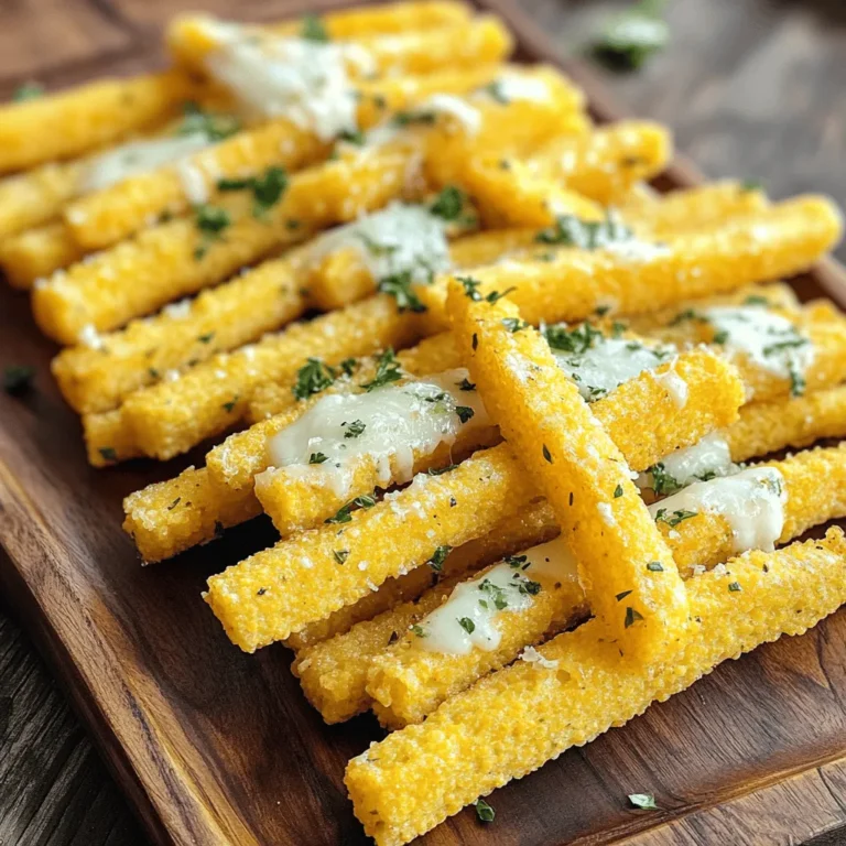 - 1 cup polenta (cornmeal) - 4 cups vegetable broth - 1/2 cup grated Parmesan cheese - 2 tablespoons fresh parsley, finely chopped - 1 teaspoon dried oregano - 1 teaspoon garlic powder - Salt and pepper to taste - 2 tablespoons olive oil (for brushing) - Extra Parmesan cheese for garnish For Parmesan Herb Polenta Fries, you start with polenta. Polenta is simply cornmeal. It cooks up creamy and smooth. You also need vegetable broth to add flavor. The broth must boil before you add the polenta. Next, grated Parmesan cheese brings a salty and nutty taste. Fresh parsley adds a nice green touch and bright flavor. Dried oregano and garlic powder give your fries a savory kick. Salt and pepper help enhance all the flavors. Then, you'll brush the fries with olive oil. This helps them crisp up in the oven. Finally, sprinkle extra Parmesan cheese on top. It melts perfectly and adds more flavor. This combination makes the fries both crispy and delicious. If you want to see the full process, check out the Full Recipe. - Bring vegetable broth to a boil in a large saucepan. - Slowly whisk in the polenta, stirring until smooth. - Cook for about 20 minutes on low heat. Stir often to avoid lumps. - Remove the pot from heat and stir in Parmesan cheese and herbs. - Mix in garlic powder, salt, and pepper. - Spread the polenta into a greased baking dish. Smooth the top with a spatula. - Let it cool for 30 minutes until it sets. - Preheat your oven to 425°F (220°C). - Cut the set polenta into fries or sticks. - Arrange the fries on a lined baking sheet. - Lightly brush each fry with olive oil. - Bake for 25 to 30 minutes, flipping halfway, until crispy and golden. - Sprinkle with extra Parmesan cheese before serving. For the complete recipe, check the Full Recipe. To get that perfect crispiness, preheat your oven to 425°F (220°C). A hot oven helps the fries cook evenly. When the fries bake, flip them halfway through. This way, both sides brown nicely. For dipping, try marinara or aioli. These sauces add a nice touch to the fries. You can also pair these fries with grilled chicken or a fresh salad. They work well as a side dish or a snack. Avoid overcooking the polenta. Cook it just right so it stays creamy. Also, let the polenta sit and set before cutting. This makes it easier to slice into fries. If you skip this step, the fries may fall apart. For the full recipe, check the [Full Recipe]. Enjoy making these tasty treats! {{image_2}} You can change the taste of your polenta fries by adding different spices. For a kick, sprinkle in paprika or cayenne. Both spices add heat and flavor. If you want a milder taste, consider using smoked paprika for a smoky note. You can also swap out the cheese. While Parmesan is classic, cheddar or feta can be fun alternatives. Cheddar offers a creamy richness, while feta adds a salty tang. Try mixing different cheeses for a unique blend. If you want a different base, use chicken broth instead of vegetable broth. This change adds a savory depth to your fries. If you need a gluten-free option, polenta itself is naturally gluten-free. Just make sure your broth and any added spices are also gluten-free. You can make your polenta fries a loaded dish. Top them with melted cheese, jalapeños, or even chili. This makes a hearty snack or meal. For a fresh touch, serve your fries with herbs or microgreens. Chopped parsley or basil can brighten the dish. A sprinkle of fresh herbs not only adds flavor but also makes it look more appealing. For the full recipe, check out the detailed instructions provided above, and enjoy exploring these variations! To keep your leftover polenta fries tasty, store them in an airtight container. Place parchment paper between layers to avoid sticking. This method keeps them fresh. I recommend using glass or plastic containers. They work well and help you see what’s inside. You can freeze cooked polenta fries for later use. Allow them to cool completely before packing. Place them in a freezer-safe bag or container. Remove as much air as possible to prevent freezer burn. To thaw, just leave them in the fridge overnight. Reheat in the oven at 375°F (190°C) until hot and crispy again. In the fridge, these fries last about 3-4 days. Always check for signs of spoilage. If they smell off or look moldy, it's best to toss them. Enjoy your Parmesan herb polenta fries fresh for the best taste. For the full recipe, check the earlier sections! To check if your polenta fries are done, look at their color and texture. They should be golden brown and crispy on the outside. You can poke one fry with a fork. If it feels firm and has a nice crunch, they're ready to eat. The perfect fry has a soft inside and a crispy shell. Yes, you can prepare polenta fries ahead of time! First, cook the polenta as directed in the Full Recipe. After it cools and sets, cut it into fries. Then, store them in an airtight container in the fridge. When you’re ready, simply bake them. This makes it easy to enjoy a quick snack or side dish anytime. You can serve polenta fries with many tasty options. They pair well with marinara sauce or creamy aioli for dipping. You can also serve them alongside grilled meats or roasted veggies. For a fun twist, top them with fresh herbs or sprinkle some feta cheese on top. Enjoy exploring different flavors with your fries! In this blog post, we covered how to make tasty Parmesan Herb Polenta Fries. You learned about the main ingredients, seasonings, and step-by-step instructions. Tips for perfecting texture and storing leftovers were shared too. Remember to avoid common mistakes like overcooking the polenta. Experiment with flavors or serve them as a loaded dish for more fun. Enjoy your cooking, and make these fries a new favorite in your home!