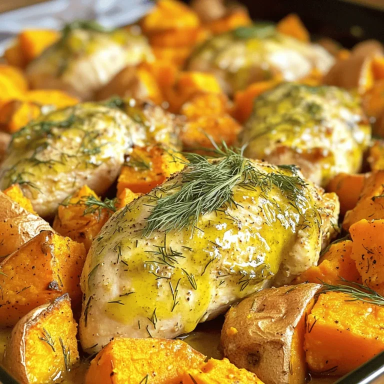 For this dish, you need: - 4 boneless, skinless chicken breasts - 1 cup dill pickle juice - 1 tablespoon ranch seasoning mix - 3 medium-sized sweet potatoes, peeled and diced These main ingredients give your dish a nice balance of flavor and texture. The chicken absorbs the tang of the pickle juice, while the sweet potatoes add a creamy sweetness. Next, gather: - 2 tablespoons olive oil - 1 teaspoon garlic powder - 1 teaspoon smoked paprika - Salt and pepper to taste These seasonings enhance the dish. The garlic adds depth, while the smoked paprika gives it a hint of warmth. To finish your plate, consider using: - Fresh dill or parsley for garnish A sprinkle of fresh herbs not only adds color but also brightens the overall flavor. You can find the full recipe above for detailed steps and tips. To start, you need to marinate the chicken. Take four boneless, skinless chicken breasts. Place them in a large bowl. Pour in one cup of dill pickle juice. The pickle juice adds a nice tangy flavor. Cover the bowl and place it in the fridge. I recommend marinating for at least one hour. If you have time, marinate overnight for even better taste. Next, preheat your oven to 400°F (200°C). This step is key for even cooking. While the oven heats, prepare the sweet potatoes. You will need three medium-sized sweet potatoes. Peel and dice them into small pieces. In a separate bowl, toss the sweet potatoes with two tablespoons of olive oil. Add one teaspoon of garlic powder and one teaspoon of smoked paprika. Season with salt and pepper to taste. Mix well until all the sweet potatoes are evenly coated. Now it’s time to bake! Spread the sweet potatoes in a single layer on a baking sheet lined with parchment paper. Bake them for 15 minutes. After 15 minutes, take the baking sheet out. Remove the chicken from the pickle juice and discard the liquid. Rub one tablespoon of ranch seasoning mix over each chicken breast. Place the seasoned chicken on top of the sweet potatoes. Return the baking sheet to the oven. Bake for another 25 to 30 minutes. The chicken should reach an internal temperature of 165°F (75°C), and the sweet potatoes should be tender. Once done, let the dish rest for five minutes before serving. You can garnish with fresh dill or parsley if you like. Enjoy your meal! For the complete recipe, check the Full Recipe section. For the best flavor, marinate your chicken for at least one hour. If you have time, let it sit overnight. This allows the pickle juice to soak in, infusing the chicken with tangy goodness. The longer you marinate, the better the taste. Just remember not to skip this step. To ensure the chicken is cooked through, check its internal temperature. It should reach 165°F (75°C). Use a meat thermometer for accuracy. This way, you avoid undercooked chicken. For crispier sweet potatoes, spread them out in a single layer. This helps them roast evenly. You can also flip them halfway through for extra crispiness. Get creative with garnishes! Fresh dill or parsley adds a nice touch. You can also try crumbled feta cheese or chopped green onions. A drizzle of ranch dressing can enhance the flavor. Experiment with what you like best! For more tips, check the Full Recipe for ideas. {{image_2}} You can switch up the chicken if you want a change. Turkey cutlets work well too. Tofu is a great option for a plant-based meal. You can also try using chickpeas for a hearty texture. For vegetables, sweet potatoes are a favorite. But you can use other root veggies like carrots, turnips, or parsnips. Broccoli and cauliflower add a nice crunch. They also soak up the flavors well. Want more flavor? You can add spices to kick things up. Try cayenne pepper for heat or cumin for a warm flavor. Fresh herbs like thyme and rosemary elevate the dish. You can mix in some lemon zest for a bright touch. If you love garlic, add more garlic powder or fresh minced garlic. A splash of hot sauce gives it a nice kick too. These simple changes can make each bite exciting. Making this dish gluten-free is easy. Ensure your ranch seasoning mix is gluten-free. Most brands offer this. For a low-carb version, skip the sweet potatoes. Instead, use zucchini or bell peppers. They bake nicely and keep the meal light. With these swaps and tweaks, you can make Pickle Ranch Chicken and Sweet Potato Bake fit your taste and needs. Feel free to get creative! For the complete dish, check the Full Recipe. To store leftovers, place the chicken and sweet potatoes in a sealed container. Make sure the container is airtight to keep the food fresh. You can store the leftovers in the fridge for up to three days. When ready to eat, check for any off smells or changes in texture. If everything looks good, you are set to enjoy your meal! If you want to save for later, freezing is a great option. Let the dish cool completely before packing it. Use freezer-safe bags or containers to keep air out. Label the bags with the date. You can freeze the dish for up to three months. When you are ready to eat, thaw it overnight in the fridge to keep it safe. For the best flavor and texture, reheat the dish in the oven. Preheat your oven to 350°F (175°C). Place the chicken and sweet potatoes in a baking dish, cover with foil to keep moisture in, and heat for about 20 minutes. You want the chicken to reach 165°F (75°C) before serving. You can also microwave it, but this may make the sweet potatoes less crispy. For the full recipe, check out the section above! Yes, you can use chicken thighs or drumsticks. Thighs add more flavor and stay juicy. Drumsticks work well too. Just make sure to adjust the cooking time. Thighs may need a few extra minutes. Use a meat thermometer to check for 165°F (75°C). You can skip marination, but the flavor will be less strong. Marinating in pickle juice makes the chicken tender and adds a tangy taste. If you are short on time, rub the ranch seasoning directly on the chicken. This will still add some flavor, but marinating is best. This dish pairs well with many sides. Here are some great options: - Steamed green beans - Roasted broccoli - A fresh garden salad - Corn on the cob These sides add color and nutrition, making your meal more balanced. You can find the full recipe for Pickle Ranch Chicken and Sweet Potato Bake to try these sides together! This blog post covered a tasty chicken recipe using simple ingredients like pickle juice and sweet potatoes. You learned how to marinate the chicken for great flavor, bake the dish, and even add garnish for a fresh touch. I shared tips for perfecting your cooking and variations to suit your taste. Remember, cooking should be fun and creative. Experiment, enjoy the process, and make this dish your own. Happy cooking!