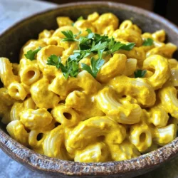 - 2 cups elbow macaroni (or gluten-free pasta) - 1 cup raw cashews (soaked in water for at least 3 hours) - 1 cup unsweetened almond milk (or any plant-based milk) To make this vegan mac and cheese, you need three main items. First, get your pasta. Elbow macaroni is the classic choice, but any gluten-free pasta works too. Next, soak the raw cashews in water. This step makes them soft and easy to blend. Lastly, choose a plant-based milk. Unsweetened almond milk is my favorite, but feel free to use oat or soy milk. - 2 tablespoons nutritional yeast - 2 tablespoons lemon juice - 1 teaspoon garlic powder For flavor, we will add three key ingredients. Nutritional yeast gives a cheesy taste. Lemon juice adds a fresh zing. Garlic powder brings warmth and depth to the dish. - 1 teaspoon onion powder - 1 teaspoon mustard (yellow or Dijon) - 1/2 teaspoon turmeric (for color) - Salt and pepper to taste - Optional: 1/4 teaspoon cayenne pepper (for a spicy kick) Now, let’s spice things up! Onion powder adds sweetness and depth, while mustard gives a tangy kick. Turmeric adds a lovely yellow hue. Season with salt and pepper to your liking. If you enjoy heat, add cayenne pepper for an extra kick. This combination of ingredients makes for a quick and creamy delight in vegan mac and cheese. For the complete steps, check the Full Recipe. First, fill a large pot with water and add salt. Bring the water to a boil over high heat. Once boiling, add the elbow macaroni. Cook for about 8 to 10 minutes or until it is al dente. Al dente means it should be firm to the bite. When done, drain the pasta in a colander. Set it aside while you make the sauce. For the sauce, you will need a high-speed blender or food processor. Start by adding the soaked cashews. If you forgot to soak them, you can soak them quickly in hot water for about 30 minutes. Next, pour in the almond milk, nutritional yeast, and lemon juice. Add garlic powder, onion powder, mustard, turmeric, salt, and pepper. Blend everything together until smooth and creamy. If the sauce is too thick, add more almond milk a little at a time. Now it's time to combine the pasta with the sauce. Pour the creamy cashew sauce into a large pot over low heat. Add the cooked pasta and mix it well. Make sure all the noodles get coated with the sauce. Heat gently for about 2-3 minutes. This helps the flavors to blend. Taste your mac and cheese. If you want more flavor, add cayenne pepper or more salt and pepper. Enjoy your creamy vegan mac and cheese! For the full recipe, click here. Soaking cashews is key to a smooth sauce. It helps soften them. This step makes blending easy. You need to soak them for at least three hours. If you're short on time, use a quick-soak method. Boil water, then add the cashews. Let them sit for 30 minutes. This will give you a nice, creamy texture. Sometimes, the sauce can be too thick. If that happens, don’t worry! You can adjust the consistency easily. Just add more plant-based milk. Start with a little and blend again. Keep adding until you reach your desired thickness. The goal is a creamy, pourable sauce that coats the pasta well. Garnishing adds fun to your dish. Fresh parsley gives color and a fresh taste. You can also use chives or a sprinkle of paprika. Pair your mac and cheese with a side salad or some roasted veggies. This adds balance to the meal. Enjoying it with friends makes it even better! Try these tips to elevate your vegan mac and cheese experience. For the full recipe, check out the details above. {{image_2}} You can use many kinds of pasta for vegan mac and cheese. Elbow macaroni is a classic choice. However, if you want a gluten-free option, try brown rice pasta. You can also use rotini or penne. Each shape holds the creamy sauce well. This makes every bite a delight. To make your dish even better, add some veggies. Spinach or broccoli mix well with the sauce. They add color and nutrition. You can also try cheese substitutes. Vegan cheddar or smoked gouda will give a different taste. This adds depth to your mac and cheese. You can change the spice level easily. If you like it mild, skip the cayenne pepper. For some heat, add a little cayenne. You can also mix in spices like smoked paprika or chili powder. Each spice will give the dish its own twist. To store your vegan mac and cheese, let it cool first. Once cool, place it in an airtight container. This keeps it fresh and tasty. You can refrigerate it for up to five days. After that, the flavor and texture may change. When reheating, you can use either the microwave or the stovetop. For the microwave, place a portion in a bowl. Add a splash of almond milk to keep it creamy. Heat in short bursts, stirring in between. For stovetop, put your leftover mac and cheese in a pan over low heat. Stir in a bit more almond milk or water. This helps restore its creamy texture. Heat gently and stir until warm. If you want to freeze the dish, place it in a freezer-safe container. Leave some space at the top, as the sauce may expand. You can freeze it for up to three months. To thaw, move it to the fridge overnight. When ready to eat, reheat it using the stovetop method. Add almond milk as needed to keep it creamy. Enjoy your easy vegan mac and cheese anytime! For the full recipe, check out the earlier section. Yes, you can make this recipe nut-free. Instead of cashews, use cooked potatoes and a bit of nutritional yeast. This blend helps create a creamy texture. You can also try silken tofu for a smooth sauce. Blend the tofu with almond milk and seasonings for a great taste. To make this dish gluten-free, use gluten-free pasta. Many stores sell great options made from rice or chickpeas. Just check the package for cooking times, as they may vary. This way, you can enjoy the same creamy goodness without gluten. The mac and cheese lasts about 3 to 5 days in the fridge. Store it in an airtight container to keep it fresh. If you need to keep it longer, consider freezing it. Just remember to thaw it overnight in the fridge before reheating. This recipe is a simple way to enjoy creamy mac and cheese. We used elbow macaroni, cashews, and almond milk to create a delightful sauce. Flavor enhancers like nutritional yeast and lemon juice give it a tasty kick. Don’t forget to adjust the seasonings to your liking. Remember, you can modify this dish to fit your dietary needs. Whether you choose different pasta or add veggies, the options are endless. Enjoy your meal, and share it with others who love good food.