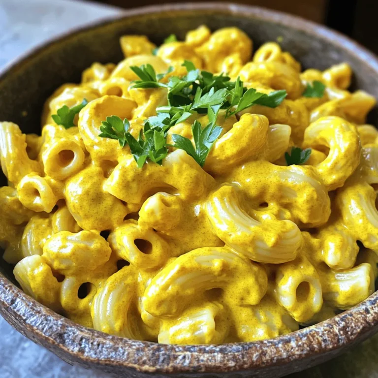 - 2 cups elbow macaroni (or gluten-free pasta) - 1 cup raw cashews (soaked in water for at least 3 hours) - 1 cup unsweetened almond milk (or any plant-based milk) To make this vegan mac and cheese, you need three main items. First, get your pasta. Elbow macaroni is the classic choice, but any gluten-free pasta works too. Next, soak the raw cashews in water. This step makes them soft and easy to blend. Lastly, choose a plant-based milk. Unsweetened almond milk is my favorite, but feel free to use oat or soy milk. - 2 tablespoons nutritional yeast - 2 tablespoons lemon juice - 1 teaspoon garlic powder For flavor, we will add three key ingredients. Nutritional yeast gives a cheesy taste. Lemon juice adds a fresh zing. Garlic powder brings warmth and depth to the dish. - 1 teaspoon onion powder - 1 teaspoon mustard (yellow or Dijon) - 1/2 teaspoon turmeric (for color) - Salt and pepper to taste - Optional: 1/4 teaspoon cayenne pepper (for a spicy kick) Now, let’s spice things up! Onion powder adds sweetness and depth, while mustard gives a tangy kick. Turmeric adds a lovely yellow hue. Season with salt and pepper to your liking. If you enjoy heat, add cayenne pepper for an extra kick. This combination of ingredients makes for a quick and creamy delight in vegan mac and cheese. For the complete steps, check the Full Recipe. First, fill a large pot with water and add salt. Bring the water to a boil over high heat. Once boiling, add the elbow macaroni. Cook for about 8 to 10 minutes or until it is al dente. Al dente means it should be firm to the bite. When done, drain the pasta in a colander. Set it aside while you make the sauce. For the sauce, you will need a high-speed blender or food processor. Start by adding the soaked cashews. If you forgot to soak them, you can soak them quickly in hot water for about 30 minutes. Next, pour in the almond milk, nutritional yeast, and lemon juice. Add garlic powder, onion powder, mustard, turmeric, salt, and pepper. Blend everything together until smooth and creamy. If the sauce is too thick, add more almond milk a little at a time. Now it's time to combine the pasta with the sauce. Pour the creamy cashew sauce into a large pot over low heat. Add the cooked pasta and mix it well. Make sure all the noodles get coated with the sauce. Heat gently for about 2-3 minutes. This helps the flavors to blend. Taste your mac and cheese. If you want more flavor, add cayenne pepper or more salt and pepper. Enjoy your creamy vegan mac and cheese! For the full recipe, click here. Soaking cashews is key to a smooth sauce. It helps soften them. This step makes blending easy. You need to soak them for at least three hours. If you're short on time, use a quick-soak method. Boil water, then add the cashews. Let them sit for 30 minutes. This will give you a nice, creamy texture. Sometimes, the sauce can be too thick. If that happens, don’t worry! You can adjust the consistency easily. Just add more plant-based milk. Start with a little and blend again. Keep adding until you reach your desired thickness. The goal is a creamy, pourable sauce that coats the pasta well. Garnishing adds fun to your dish. Fresh parsley gives color and a fresh taste. You can also use chives or a sprinkle of paprika. Pair your mac and cheese with a side salad or some roasted veggies. This adds balance to the meal. Enjoying it with friends makes it even better! Try these tips to elevate your vegan mac and cheese experience. For the full recipe, check out the details above. {{image_2}} You can use many kinds of pasta for vegan mac and cheese. Elbow macaroni is a classic choice. However, if you want a gluten-free option, try brown rice pasta. You can also use rotini or penne. Each shape holds the creamy sauce well. This makes every bite a delight. To make your dish even better, add some veggies. Spinach or broccoli mix well with the sauce. They add color and nutrition. You can also try cheese substitutes. Vegan cheddar or smoked gouda will give a different taste. This adds depth to your mac and cheese. You can change the spice level easily. If you like it mild, skip the cayenne pepper. For some heat, add a little cayenne. You can also mix in spices like smoked paprika or chili powder. Each spice will give the dish its own twist. To store your vegan mac and cheese, let it cool first. Once cool, place it in an airtight container. This keeps it fresh and tasty. You can refrigerate it for up to five days. After that, the flavor and texture may change. When reheating, you can use either the microwave or the stovetop. For the microwave, place a portion in a bowl. Add a splash of almond milk to keep it creamy. Heat in short bursts, stirring in between. For stovetop, put your leftover mac and cheese in a pan over low heat. Stir in a bit more almond milk or water. This helps restore its creamy texture. Heat gently and stir until warm. If you want to freeze the dish, place it in a freezer-safe container. Leave some space at the top, as the sauce may expand. You can freeze it for up to three months. To thaw, move it to the fridge overnight. When ready to eat, reheat it using the stovetop method. Add almond milk as needed to keep it creamy. Enjoy your easy vegan mac and cheese anytime! For the full recipe, check out the earlier section. Yes, you can make this recipe nut-free. Instead of cashews, use cooked potatoes and a bit of nutritional yeast. This blend helps create a creamy texture. You can also try silken tofu for a smooth sauce. Blend the tofu with almond milk and seasonings for a great taste. To make this dish gluten-free, use gluten-free pasta. Many stores sell great options made from rice or chickpeas. Just check the package for cooking times, as they may vary. This way, you can enjoy the same creamy goodness without gluten. The mac and cheese lasts about 3 to 5 days in the fridge. Store it in an airtight container to keep it fresh. If you need to keep it longer, consider freezing it. Just remember to thaw it overnight in the fridge before reheating. This recipe is a simple way to enjoy creamy mac and cheese. We used elbow macaroni, cashews, and almond milk to create a delightful sauce. Flavor enhancers like nutritional yeast and lemon juice give it a tasty kick. Don’t forget to adjust the seasonings to your liking. Remember, you can modify this dish to fit your dietary needs. Whether you choose different pasta or add veggies, the options are endless. Enjoy your meal, and share it with others who love good food.