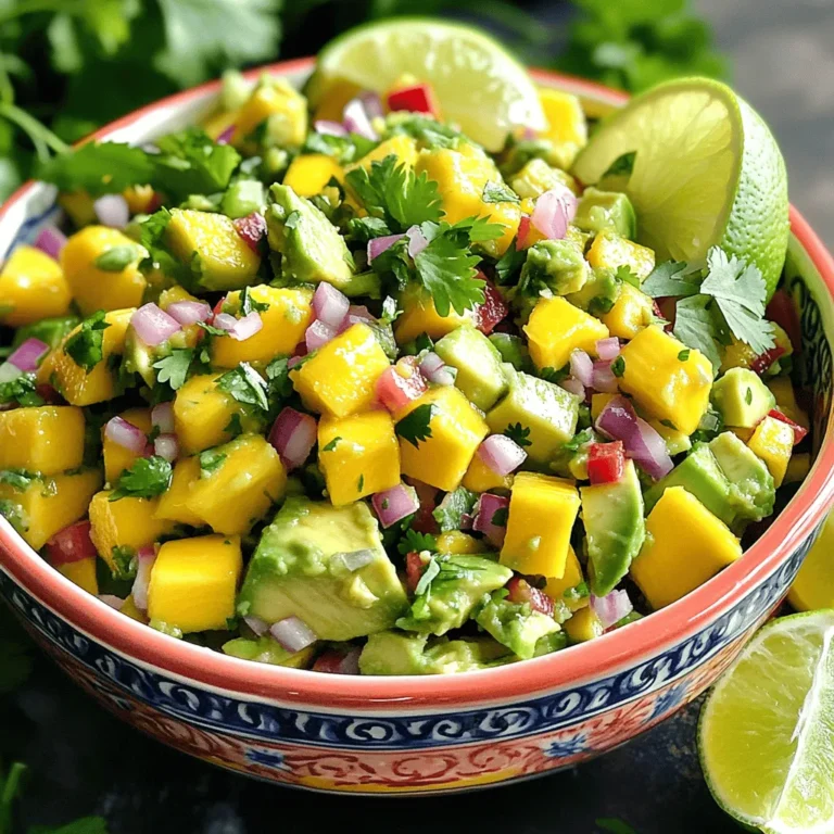 - 1 ripe mango, diced - 2 ripe avocados, diced - 1 small red onion, finely chopped - 1 jalapeño, deseeded and minced - 1 small red bell pepper, diced - 1/4 cup fresh cilantro, chopped - 2 tablespoons lime juice - Salt and pepper to taste How to choose ripe mangoes and avocados: When picking a mango, look for one that feels slightly soft. The skin should have a nice color, often yellow or orange. For avocados, gently squeeze them. If they yield to pressure, they are ripe and ready to use. Best types of onions for salsa: Red onions work well in salsa. They add a sweet taste and vibrant color. You can also use yellow onions, but they have a sharper flavor. If you prefer milder onions, consider using green onions. Alternatives to jalapeños for heat levels: If you want less heat, try using bell peppers. For more spice, consider serrano or habanero peppers. Adjust the amount based on your heat tolerance. You can find the Full Recipe for Mango Avocado Salsa at the beginning of this article. Enjoy experimenting with these fresh ingredients! Start by washing all your fresh ingredients. Use cold water to rinse each item well. This step is key to keeping your salsa clean and fresh. Next, chop the mango and avocados into small pieces. Dice the red onion, jalapeño, and red bell pepper finely. Measure out your cilantro and lime juice. Using fresh ingredients at room temperature makes the flavors pop. 1. In a medium-sized mixing bowl, add the diced mango and diced avocados. 2. Toss in the finely chopped red onion, minced jalapeño, and diced red bell pepper. 3. Next, sprinkle the chopped cilantro over the mixture. 4. Drizzle the fresh lime juice on top of all the ingredients. 5. Gently fold everything together using a spatula. Be careful not to mash the avocados. 6. Season with salt and pepper to taste. Adjust to fit your preference. 7. Cover the bowl with plastic wrap. Let it sit in the fridge for about 15 minutes. This waiting time lets the flavors meld together nicely. For serving, you can use a colorful bowl. Garnish with cilantro leaves and lime wedges. Pair it with tortilla chips for a fun snack. Enjoy this fresh and tasty Mango Avocado Salsa right away! For the complete recipe, check the Full Recipe section above. To create the best flavor balance, focus on fresh ingredients. Use ripe mangoes and avocados to enhance taste. The sweetness of the mango pairs well with the creamy avocado. Add lime juice for a zesty kick. This brightens the whole dish. To prevent avocados from browning, use a few tricks. First, add lime juice right after cutting them. The acidity slows down browning. Second, store the salsa in an airtight container. Press plastic wrap directly onto the surface. This limits air exposure and keeps it fresh. Mango avocado salsa shines with tortilla chips. The crunchiness complements the creamy salsa. Serve it as an appetizer to impress your guests. You can also use this salsa as a topping. It works great on tacos or grilled meats. The flavors add a refreshing twist. Try it on fish or chicken for a delightful meal. For the full recipe, check the details above. {{image_2}} You can change the flavor of your mango avocado salsa by adding other fruits. Pineapple and peach work well. They bring a sweet and tangy taste. This makes the salsa even more vibrant. Just dice them up like you do with mango and avocado. You can also try different herbs. Mint and basil can add a fresh twist. They bring a unique flavor that pairs nicely with mango and avocado. Just chop them finely and mix them in. You might be surprised at how much you enjoy the change. Adjusting the heat in your salsa is easy. You can use different peppers to change the spice level. If you want it mild, use a bell pepper instead of jalapeño. For more heat, try a serrano pepper. Just remember to taste as you go. For a spicier salsa, add more jalapeños or even a pinch of cayenne. Start slowly so you can control the heat. You can always add more, but you can’t take it away! Experimenting with these variations can make your salsa special. For the full recipe, check out the complete guide. To keep mango avocado salsa fresh, store it in the fridge right away. Use an airtight container to seal in the flavors. This helps prevent air from spoiling the ingredients. If possible, divide the salsa into smaller containers. This way, you only open what you need. For best results, use glass or plastic containers. Glass keeps the salsa fresh without any strange tastes. Make sure the lid fits snugly to keep air out. Mango avocado salsa lasts about 1 to 2 days in the refrigerator. After that, the avocados may brown and the flavors will fade. Look for signs of spoilage. If the salsa smells sour or has a watery layer on top, it’s time to toss it. Also, if the colors dull, that’s a sign it’s not fresh anymore. Always trust your senses when deciding if it's safe to eat. What can I use instead of lime juice? You can use lemon juice if you don’t have lime juice. It gives a similar tart flavor. Vinegar also works, but it may change the taste a bit. Can I make this salsa ahead of time? Yes, you can make this salsa ahead of time. Just prepare it a few hours before serving. However, the avocados may turn brown. To slow this, add more lime juice. Is it healthy, and what are the nutritional benefits? Yes, mango avocado salsa is very healthy. Mangoes are high in vitamins A and C. Avocados provide healthy fats and fiber. This salsa is low in calories and packed with nutrients. What dishes pair well with mango avocado salsa? This salsa goes great with grilled chicken, fish, and tacos. You can also serve it with tortilla chips as a snack. It adds a fresh touch to any meal. How do I adjust the recipe for a larger gathering? To adjust for a larger group, simply multiply the ingredients. For example, use two mangoes and four avocados for eight servings. Make sure to taste and adjust the seasonings. Creative uses for leftover salsa You can use leftover salsa in many ways. Add it to omelets for breakfast. Mix it into rice or quinoa for lunch. It also makes a great topping for grilled meats. Recipes incorporating mango avocado salsa Try adding this salsa to fish tacos or grilled shrimp. It can also be a fresh topping for a simple salad. The flavors will brighten up any dish, making it special. This blog covered how to make delicious mango avocado salsa. We discussed the key ingredients and tips for selecting ripe produce. I provided step-by-step instructions for prepping and mixing everything together. You learned how to perfect your salsa and suggested tasty serving ideas. We also explored variations and storage tips to keep your salsa fresh. Remember, you can adjust flavors and heat for your taste. Enjoy this bright and fresh dish on its own or with your favorite meals!