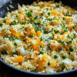 - 1 large head of cauliflower, riced - 1 cup sharp cheddar cheese, shredded - 1 cup mozzarella cheese, shredded - 1 tablespoon olive oil - 1 small onion, finely chopped - 2 cloves garlic, minced - 1 bell pepper (any color), diced - 1 cup frozen peas - 1 teaspoon smoked paprika - Salt and pepper to taste - Fresh parsley, chopped (for garnish) The main star of this dish is cauliflower. I always choose a large head for the best volume. Riced cauliflower gives a great texture. For the cheeses, I love the sharpness of cheddar combined with creamy mozzarella. The mix creates a rich flavor. Next, I use olive oil for cooking. It adds a nice depth to the dish. The onion, garlic, and bell pepper provide a warm base of flavor. I often add frozen peas for color and sweetness. Smoked paprika is a must for a hint of smokiness. Salt and pepper are key for seasoning, while fresh parsley brightens the plate. - Additional vegetables (zucchini, carrots, etc.) - Different cheese varieties (Parmesan, Gouda) - Spices and herbs for added flavor Feel free to swap in your favorite veggies. Zucchini and carrots work well. You can also try other cheese types. Parmesan or Gouda can change up the taste. Spice lovers can add herbs like thyme or oregano for more flavor. For the full recipe, check the earlier section. To make cauliflower rice, start with a large head of cauliflower. Remove the leaves and stem, then cut it into small florets. You can use a food processor to pulse the florets until they look like rice grains. If you don’t have a food processor, a box grater works too. Set the riced cauliflower aside. Next, grab a large skillet and heat one tablespoon of olive oil over medium heat. Add one small onion, finely chopped. Sauté the onion for about three to four minutes until it turns translucent. Then, stir in two minced garlic cloves and one diced bell pepper. Cook these for another two to three minutes until the bell pepper softens. Now, it's time to mix in the riced cauliflower. Add it to the skillet along with one cup of frozen peas. Sprinkle in one teaspoon of smoked paprika, and season with salt and pepper to taste. Cook this mixture for about five to seven minutes, stirring often. This allows the cauliflower to soften just enough. After that, lower the heat. Stir in one cup each of shredded sharp cheddar cheese and mozzarella cheese. Keep stirring until the cheese melts and mixes well with the cauliflower rice. When everything looks creamy and combined, take it off the heat and let it cool slightly. To make this dish pop, garnish it with freshly chopped parsley. This adds a nice touch of color and flavor. For serving, you can use bowls or plates. This Cheesy Cauliflower Rice Skillet makes a great side or a full meal. If you want a heartier option, consider pairing it with grilled chicken or shrimp. For the full recipe, check out the details above. - To get the perfect cauliflower texture, rice it well. Use a food processor or a box grater. Aim for small, rice-like pieces. - To prevent excess moisture, squeeze the riced cauliflower in a clean towel. This step helps avoid a soggy dish. - Pair this dish with proteins like grilled chicken or shrimp for a complete meal. Both options add flavor and protein. - Add sides like a fresh salad or crusty bread. These options balance the richness of the cheese and provide a nice crunch. - Cauliflower is rich in vitamins C and K. It also contains fiber, making it great for digestion. - This dish is low-calorie and low-carb. It serves as a healthy alternative to traditional rice dishes. You can enjoy it without guilt! For the full recipe, check the link provided above. {{image_2}} You can easily change this dish to fit your diet. For vegan or dairy-free options, skip the cheese. Instead, use nutritional yeast for a cheesy flavor. It adds a nice taste without dairy. You can also use plant-based cheese if you want that gooey texture. For those who need gluten-free meals, this dish is perfect. All the ingredients are gluten-free. Just make sure any added sauces or spices are also gluten-free. Spice up your skillet with different flavors. Add chili powder for heat or Italian herbs for a twist. You can also stir in some hot sauce if you like it spicy. This dish is a blank canvas waiting for your favorite spices. Customizing with veggies is fun too. Try adding zucchini, spinach, or even mushrooms. These veggies add color and extra nutrients. You can use whatever you have on hand. Making this dish ahead of time is easy. You can prepare it and store it in the fridge for up to three days. Just reheat it in the microwave or on the stove. Stir it a bit to heat evenly. Freezing is also a great option. Portion it out in freezer-safe bags. It keeps well for about three months. Just thaw it overnight in the fridge before reheating. This makes weeknight dinners a breeze. For the complete recipe, check the [Full Recipe]. To keep your Cheesy Cauliflower Rice Skillet fresh, follow these tips: - Allow the dish to cool before storing. - Use airtight containers for best results. - Store in the fridge for up to three days. These practices help maintain flavor and quality. You can also separate portions for easy access. When you want to enjoy your leftovers, you have two good options: - Microwave: Place in a microwave-safe dish. Heat for 1-2 minutes, checking often. - Stovetop: In a skillet, add a splash of water. Heat over low, stirring until warm. Both methods work well, but stovetop helps keep the texture nice. If you want to save some for later, follow these steps: - Let the dish cool completely. - Place it in freezer-safe containers. - Label and date them for easy tracking. To enjoy later, thaw in the fridge overnight. Reheat as mentioned before. This way, you’ll have a tasty meal ready when you need it! For the complete recipe, check the Full Recipe section. How to make Cheesy Cauliflower Rice Skillet? To make this dish, start by ricing a large head of cauliflower. You can use a food processor or a box grater. In a skillet, heat olive oil over medium heat. Sauté chopped onion for about 3-4 minutes. Then, add minced garlic and diced bell pepper, cooking until soft. Mix in the riced cauliflower and frozen peas, stirring in smoked paprika, salt, and pepper. Cook for about 5-7 minutes. Finally, add shredded cheddar and mozzarella until melted. For the full recipe, refer to the earlier section. How long does it take to cook? This dish takes about 25 minutes in total. You spend around 10 minutes prepping the ingredients and 15 minutes cooking. It’s quick and perfect for busy weeknights. Can I use pre-riced cauliflower? Yes, you can! Pre-riced cauliflower works great and saves time. Just add it to the skillet with the other sautéed vegetables. Why is my cauliflower rice mushy? Mushy cauliflower rice often comes from overcooking. Make sure to cook it for just 5-7 minutes. If you notice it's mushy, try reducing the cooking time next time. How to fix bland flavors in the dish? If your dish tastes bland, try adding more salt or spices. You can also add a splash of lemon juice or a dash of hot sauce for extra flavor. Experiment with your favorite herbs, too! What can I use instead of cauliflower? If you want to switch it up, try using broccoli rice or zucchini. Both options give a nice texture and flavor. Alternatives for cheese in the recipe? For a dairy-free option, use nutritional yeast or vegan cheese. Both options can give a cheesy flavor without the dairy. This blog post walked you through making a tasty Cheesy Cauliflower Rice Skillet. You learned about the ingredients, preparation, and helpful tips. I shared variations, storage ideas, and addressed common questions. Incorporating cauliflower into meals boosts nutrition while keeping calories low. Try customizing the recipe to fit your taste. With simple steps, you can enjoy a healthy, flavorful dish that everyone will love. Enjoy cooking and sharing your Cheesy Cauliflower Rice Skillet!