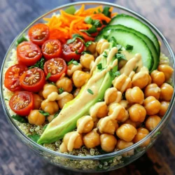 To create a tasty Easy Chickpea Buddha Bowl, gather these main ingredients: - 1 can (15 oz) chickpeas, drained and rinsed - 1 cup quinoa, rinsed - 2 cups vegetable broth or water - 1 cup cherry tomatoes, halved - 1 cup cucumber, diced - 1 cup shredded carrots - 1 avocado, sliced - 1 cup spinach or kale, roughly chopped - 2 tablespoons olive oil - 1 tablespoon tahini - 1 tablespoon lemon juice - Salt and pepper to taste - 1 teaspoon smoked paprika (optional) - Fresh herbs (like parsley or cilantro) for garnish For seasonings, use salt and pepper to enhance flavor. You can add smoked paprika for a nice touch. Optional ingredients can include roasted nuts or seeds for crunch. Chickpeas and quinoa are powerhouses of nutrition. They are rich in protein and fiber. This helps keep you full and satisfied. Chickpeas also provide iron, which is great for energy. Quinoa contains all nine essential amino acids. It is a complete protein source. The vegetables in this bowl offer many vitamins and minerals. Cherry tomatoes are high in vitamin C. Cucumbers provide hydration and have vitamin K. Carrots are loaded with beta carotene, which is good for your eyes. Spinach or kale is full of iron and calcium, vital for strong bones. Enjoy these ingredients for a healthy and colorful meal. To cook quinoa, start by rinsing it well. Place 1 cup of quinoa in a fine mesh strainer. Rinse it under cold water for about 1-2 minutes. This helps remove any bitter taste. Next, in a medium saucepan, add the rinsed quinoa and 2 cups of vegetable broth or water. Bring this mixture to a boil over high heat. Once boiling, reduce the heat to low, cover the pot, and let it simmer for about 15 minutes. After 15 minutes, check if the liquid is absorbed. If so, remove it from heat and let it sit, covered, for 5 more minutes. This extra time helps make the quinoa fluffy. For the chickpeas, use one can of chickpeas, which you should drain and rinse. Heat a skillet over medium heat and add the rinsed chickpeas. Drizzle them with 2 tablespoons of olive oil. Season with salt, pepper, and a teaspoon of smoked paprika if you like a smoky flavor. Sauté the chickpeas for about 5-7 minutes. You want them to be warmed and slightly crispy. This step adds a nice texture and flavor to your Buddha bowl. Now, it's time to assemble the bowl. In a large bowl or on a serving platter, start with a base of quinoa. Next, arrange sections of other ingredients. Use 1 cup of cherry tomatoes (halved), 1 cup of diced cucumber, 1 cup of shredded carrots, and 1 cup of roughly chopped spinach or kale. Add the sautéed chickpeas and 1 sliced avocado on top. For a beautiful presentation, try using clear glass dishes to show off the colorful layers. You can add fresh herbs like parsley or cilantro for an extra pop of flavor. Don't forget to drizzle the tahini dressing over everything before serving. For the full recipe, check out the complete guide to this dish! You can swap out ingredients in your Buddha bowl. If you dislike quinoa, use brown rice or farro. If you want more protein, add grilled chicken or tofu. You can also try adding lentils for extra fiber. When serving, use clear glass bowls. This shows off the colorful layers. Arrange each ingredient in sections for a pretty look. You can garnish with fresh herbs like parsley or cilantro. They add both color and taste. Prep ingredients ahead of time. Chop veggies or cook quinoa the day before. You can also use pre-cooked grains from the store. This helps you put the bowl together faster. Keep it fun and stress-free! {{image_2}} You can easily adjust this recipe to fit various diets. If you want different grains, try brown rice or millet. Both are tasty and gluten-free. For a dairy-free dressing, use nut or seed-based options. A cashew cream or a simple olive oil and vinegar mix works great. Change the veggies based on what is in season. In spring, add fresh peas or asparagus. For summer, consider bell peppers or zucchini. In winter, root veggies like sweet potatoes or beets shine. Adjust the dressing to match the seasons, too. A lighter dressing feels right in summer, while a richer one works well in winter. To switch up the flavors, try different dressings. A spicy sriracha or a tangy vinaigrette can make your bowl pop. If you like heat, add jalapeños or crushed red pepper. You can also sprinkle herbs like dill or basil for extra taste. Experimenting with these options keeps the dish exciting and fresh. Store your Buddha bowl ingredients in separate airtight containers. This helps keep them fresh and tasty. Chickpeas and quinoa stay best when you keep them apart from veggies. Use the fridge for all items. They can last 3 to 5 days. To warm up chickpeas and quinoa, use the stovetop. Heat them on low in a skillet. Stir often to keep their texture. For salad ingredients, serve them cold. This keeps the crunch and freshness intact. You can also microwave chickpeas and quinoa in short bursts. Prepare your ingredients early for the week. Cook a big batch of quinoa and chickpeas. Store them in containers. Chop your veggies and keep them ready in the fridge. This way, you can build bowls quickly. Portion everything out for easy grab-and-go meals. Yes, you can use canned chickpeas. They are quick and easy. Just drain and rinse them before cooking. Canned chickpeas save time and still taste great. Dried chickpeas need soaking and longer cooking times. If you are in a rush, canned is a good choice. If you need a substitute, try brown rice or farro. Both grains cook well and add flavor. If you want a gluten-free option, use millet or buckwheat. Each grain has its own taste and texture. Choose what you like best to match your meal. Add spices like cayenne pepper or red pepper flakes. You can also mix in hot sauce or sriracha. If you want more flavor, try smoked paprika, too. These spices give a nice heat boost. Adjust the amount based on your taste. Yes, this dish is great for meal prep. Cook the quinoa and chickpeas ahead of time. Store each ingredient separately in airtight containers. This keeps them fresh and tasty. You can mix everything when you are ready to eat. It makes a quick and healthy lunch or dinner. Homemade tahini dressing lasts about five days in the fridge. Store it in a sealed jar. If it thickens, just add a little water to thin it out. Always taste it before using, and check for freshness. Enjoy your dressing with many meals! You can create a delicious chickpea Buddha bowl by combining good ingredients and flavors. We explored the key ingredients, health benefits, and step-by-step cooking instructions. You learned how to customize the bowl for your taste and seasonality. Meal prep tips ensure you save time while enjoying fresh meals. This dish is versatile and easy to make. Try different ingredients or dressings to keep it exciting. Enjoy your tasty, healthy Buddha bowl!
