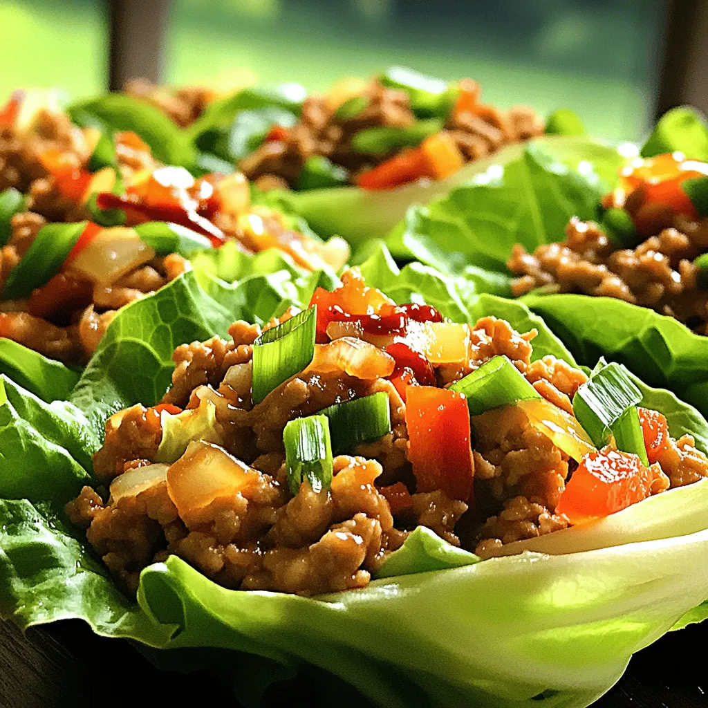 To create tasty spicy chicken lettuce wraps, gather these key ingredients: - 1 lb (450g) ground chicken - 1 cup water chestnuts, diced - 1 red bell pepper, finely chopped - 3 green onions, sliced - 2 cloves garlic, minced - 1 tablespoon fresh ginger, minced - 3 tablespoons soy sauce - 1 tablespoon hoisin sauce - 1 tablespoon Sriracha sauce (adjust for spice preference) - 1 tablespoon sesame oil - 1 head of butter or iceberg lettuce, leaves separated - Salt and pepper to taste These ingredients give the wraps a great mix of flavors and textures. The ground chicken is juicy and savory, while the water chestnuts add crunch. Fresh ginger and garlic boost the taste, making each bite exciting. You can add a few optional ingredients to make your wraps even better: - Chopped cilantro for freshness - Chopped peanuts for extra crunch - Lime or lemon juice for brightness - Sesame seeds for garnish These ingredients give you more ways to play with the flavors. Feel free to mix and match based on what you like. If you have dietary needs, here are some substitutions: - Use ground turkey or beef instead of chicken for different protein. - Replace soy sauce with tamari for a gluten-free option. - Use lettuce leaves like romaine or cabbage if you want a different wrap. - For a vegetarian option, try crumbled tofu or tempeh. These swaps help you enjoy the dish while meeting your needs. You can still create a flavorful meal that fits your diet. For the full recipe, check out the complete list. To start, heat sesame oil in a large skillet over medium heat. Add minced garlic and ginger. Sauté them until they smell good, about 30 seconds. This step adds a rich flavor to your dish. Next, raise the heat to medium-high. Add the ground chicken and cook it until it turns brown and is cooked through. Use a spatula to break it up as it cooks, which takes about 5 to 7 minutes. The chicken should be nice and crumbly. Once the chicken is ready, it’s time to add the veggies. Stir in the diced water chestnuts, red bell pepper, and the white parts of the green onions. These vegetables add crunch and flavor to your wraps. Sauté everything for about 3 to 4 minutes. You want the veggies to soften but still have some bite. This keeps your wraps interesting and fresh. Now it’s time to bring all the flavors together. Lower the heat and add the soy sauce, hoisin sauce, and Sriracha sauce to the skillet. Mix everything well and let it cook for another 2 to 3 minutes. This helps the chicken and veggies soak up all the tasty sauces. Make sure to season with salt and pepper to taste. Finally, remove the skillet from the heat and stir in the green parts of the sliced green onions. These add a nice pop of color and flavor. For the full recipe, check out the Full Recipe section. To make your spicy chicken lettuce wraps great, focus on the crunch. The water chestnuts add a nice bite. Dice them small for even texture. Finely chop the red bell pepper, too. You want every bite to have a mix of flavors and textures. Cook the ground chicken over medium heat. This helps it brown nicely. Use a spatula to break it up as it cooks. This keeps it tender and juicy. Don’t rush the process. Let it cook until it turns golden brown for the best flavor. For a fun presentation, use a large platter. Layer the lettuce leaves in the center. Spoon the spicy chicken mix on top. You can also add extra toppings like chopped peanuts or cilantro. This makes it colorful and tasty. Serve with extra sauce on the side for dipping. Enjoy your spicy chicken lettuce wraps! For the full recipe, check out the details above. {{image_2}} You can easily swap chicken for tofu. Use firm tofu for a great texture. Start by pressing the tofu to remove extra water. This step helps it absorb flavors better. Cut the tofu into small cubes. Sauté the cubes in sesame oil until golden brown. Follow the same steps for flavoring as in the full recipe. You’ll enjoy a delicious and filling dish that is meat-free. If you want a low-carb meal, try cabbage leaves instead of lettuce. Cabbage holds up well and adds crunch. Choose large green or Napa cabbage leaves. Blanch them in boiling water for a few seconds. This makes them softer and easier to wrap. Use them just like you would lettuce leaves for a tasty wrap. Sauces can change the taste of your wraps. Try adding peanut sauce for a nutty flavor. You can mix in sweet chili sauce for sweetness. For a kick, add more Sriracha or chili garlic sauce. Experiment with sauces to find your favorite blend. Each variation offers a new twist on this classic dish. Store your spicy chicken filling in an airtight container. This keeps it fresh and tasty. Place it in the fridge within two hours of cooking. It should last about three days. The lettuce leaves should stay separate. Wrap them in a damp paper towel. This keeps them crisp and fresh. To reheat, use a skillet over medium heat. Add a splash of water or broth to keep it moist. Stir it often until heated through. This should take about five minutes. You can also use the microwave. Heat it in short bursts of 30 seconds, stirring in between. For longer storage, freeze the chicken filling. Use a freezer-safe container or bag. Make sure to remove excess air to prevent freezer burn. The filling can last up to three months. To use, thaw in the fridge overnight. Reheat as described above. Enjoy the fresh flavors of your spicy chicken lettuce wraps even after freezing! For the full recipe, check the complete instructions. To make Spicy Chicken Lettuce Wraps milder, reduce the Sriracha sauce. You can also leave it out entirely. Adding more soy sauce or hoisin sauce helps balance the heat. You can include extra diced vegetables, too. This adds flavor without adding spice. These wraps work great with a side of rice or quinoa. You can also serve them with a light salad. A simple cucumber salad pairs well. For drinks, iced tea or lemonade complements the wraps nicely. Feel free to explore sauces like peanut sauce for dipping! Yes, you can prepare the filling up to two days in advance. Cook it according to the recipe, then let it cool. Store it in an airtight container in the fridge. When you're ready to eat, just reheat it in a pan. This makes a quick meal easy! For the full recipe, check the earlier section. Spicy chicken lettuce wraps are easy and fun to make. We discussed main and optional ingredients, plus ideas for dietary needs. I shared step-by-step instructions for cooking and combining flavors. Remember the tips for texture and presentation to impress. Don't forget about tasty variations, like tofu or cabbage. Lastly, review the best storage practices to ensure freshness. With these insights, you can create a delicious meal that's sure to please. Enjoy making these wraps your own!
