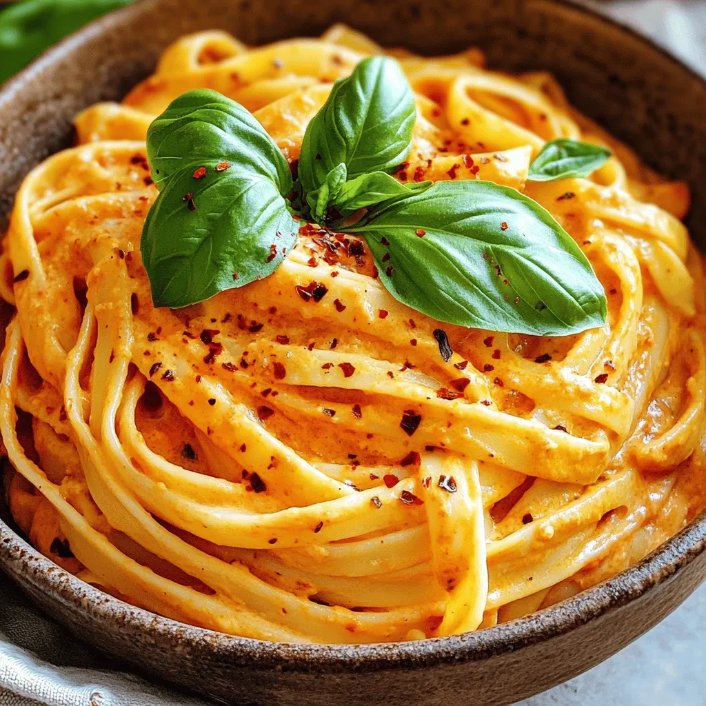 To make creamy roasted red pepper pasta, you need a few key ingredients. Here’s a list to help you gather everything you need: - 12 oz (340g) pasta of choice (fettuccine or penne work well) - 2 large red bell peppers - 2 tablespoons olive oil - 2 cloves garlic, minced - 1 cup heavy cream - 1/2 cup grated Parmesan cheese - Salt and pepper to taste - Fresh basil leaves for garnish - Red pepper flakes (optional, for heat) These ingredients come together to create a rich and flavorful dish. You can customize it to your taste, too! For a lighter dish, you might try using less cream or substituting it with a plant-based option. If you want more flavor, think about adding some sautéed onions or mushrooms. Using fresh ingredients makes a big difference in taste. Fresh basil adds a nice touch at the end. Use it to brighten up the dish. Each ingredient has a role, so you can mix and match based on what you like or have on hand. Check out the full recipe for step-by-step instructions. To start, we need to roast the red bell peppers. First, preheat your oven to 425°F (220°C). Cut the peppers in half and remove the seeds. Place them skin-side up on a baking sheet. Drizzle with olive oil. Roast for 20-25 minutes. The skins should be charred and blistered. This gives the peppers a deep flavor. Once roasted, it’s time to blend. Transfer the peppers to a blender or food processor. Add the minced garlic. Blend until smooth. This will create a rich sauce that packs a punch. Now, let’s cook the pasta. In a large pot, add water and salt. Bring this to a boil. Add your pasta and cook according to the package instructions. Aim for al dente, which means it should have a slight bite. Once done, drain the pasta but save about one cup of the pasta water. This water helps adjust the sauce later. Next, we’ll combine everything. In a large skillet, heat olive oil over medium heat. Pour in the roasted red pepper blend. Cook for about 2-3 minutes to let the flavors mix. Reduce the heat and stir in the heavy cream. Add the grated Parmesan cheese next. Stir until it melts and the sauce becomes creamy. If it’s too thick, add some reserved pasta water until you reach the right consistency. Season with salt and pepper to taste. Finally, add the cooked pasta to the sauce. Toss it well until all the pasta is coated. Let it simmer for a minute. This allows the pasta to soak up the flavors. You can now enjoy your creamy roasted red pepper pasta! For the full recipe, check the earlier sections. To make your creamy roasted red pepper pasta even better, try these ideas: - Add a pinch of smoked paprika for depth. - Toss in some fresh herbs like oregano or thyme. - Squeeze fresh lemon juice for brightness. - Garnish with extra grated Parmesan for a rich finish. - Use red pepper flakes if you want some heat. These small changes can boost the taste and make your dish shine. Getting the right skillet temperature is key. Here’s what you need to know: - Heat your skillet over medium heat. This helps the sauce cook evenly. - When you add the roasted red pepper blend, let it cook for 2-3 minutes. This lets the flavors mix well. - Stir in the cream gently. If it gets too thick, add some pasta water. This keeps the sauce smooth. Keeping an eye on the heat helps you avoid burning the sauce. Serving your pasta while hot makes a big difference. Here are some tips: - Serve right after you mix in the sauce. This keeps everything warm and tasty. - Use a large bowl to show off the pasta. It looks great and makes serving easy. - Add the basil and red pepper flakes just before serving. This way, they stay fresh and vibrant. These steps help create a dish that is as pleasing to the eye as it is to the palate. Enjoy your creamy roasted red pepper pasta! For the full recipe, check out the earlier section. {{image_2}} If you want a lighter dish, swap heavy cream for Greek yogurt or silken tofu. These options add creaminess without the extra fat. You can also use nutritional yeast instead of Parmesan cheese for a cheesy flavor. This keeps the dish delicious while lowering calories. To make the pasta more filling, consider adding protein. Grilled chicken or sautéed shrimp pair well with the creamy sauce. You can also use tofu for a plant-based option. Simply cube the tofu, fry it until golden, and toss it in with the pasta. To create a vegan-friendly creamy roasted red pepper pasta, use coconut cream in place of heavy cream. For cheese, try using a vegan parmesan or nutritional yeast. These swaps keep the dish creamy and rich while sticking to plant-based ingredients. You can still enjoy this dish without any animal products! For the full recipe, check out the ingredients and steps provided above. Store leftover creamy roasted red pepper pasta in an airtight container. Make sure to let it cool first. Place it in the fridge. It will stay fresh for up to three days. If you want to keep it longer, consider freezing it. To reheat the pasta, place it in a skillet over low heat. Add a splash of water or cream to keep it moist. Stir often until warm. This method helps prevent drying out. You can also use the microwave. Just cover it and heat in short bursts. To freeze creamy roasted red pepper pasta, let it cool completely. Place it in a freezer-safe container or bag. Remove as much air as possible. Label it with the date. It will last for up to three months. To thaw, move it to the fridge overnight. Reheat as described earlier for best results. Creamy roasted red pepper pasta stays fresh for about 3 to 5 days in the fridge. Store it in an airtight container. Make sure the pasta cools before sealing. This helps keep it safe and tasty. Yes, you can use many types of pasta. Fettuccine and penne work great. Bowtie, spaghetti, or even gluten-free pasta can fit well too. Choose what you love or what you have at home. Each type adds its own fun twist. If you want a lighter option, use milk and flour. Mix 1 cup of milk with 2 tablespoons of flour. For a dairy-free choice, try coconut milk or cashew cream. These swaps keep your meal creamy without heavy cream. This blog post covered how to make creamy roasted red pepper pasta. We went over the ingredients you'll need and detailed, step-by-step instructions, from roasting the peppers to boiling the pasta. I shared tips to enhance flavor and ideas for variations, including lighter and vegan options. Remember, practice makes perfect. Don’t hesitate to adjust the recipe to fit your taste. Enjoy this dish while it’s hot, and share it with others. Cooking should be fun, so dive right in and enjoy every bite!