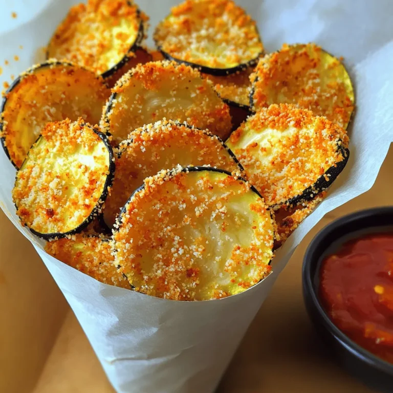 To make crispy baked zucchini chips, gather these simple ingredients: - 2 medium zucchinis - 1 cup breadcrumbs (panko preferred for extra crunch) - 1/2 cup grated Parmesan cheese - 1 teaspoon garlic powder - 1 teaspoon onion powder - 1 teaspoon Italian seasoning - Salt and pepper to taste - 2 large eggs, beaten - Olive oil spray (for light coating) Choosing the right ingredients makes a big difference. Here are a few tips: - Zucchini: Look for firm, fresh zucchinis. Smaller ones are sweeter and more tender. - Breadcrumbs: Panko breadcrumbs add extra crunch. Regular breadcrumbs work too but will be less crispy. - Parmesan cheese: Freshly grated cheese gives the best flavor. Pre-grated cheese often lacks taste. - Spices: Use fresh garlic powder and onion powder for a better taste. Check the date on your spices to ensure they're fresh. You can easily adjust ingredients based on what you have: - Zucchini: Yellow squash can work well as a substitute. - Cheese: Try cheddar or nutritional yeast for a vegan option. - Breadcrumbs: If gluten-free, use almond flour or gluten-free breadcrumbs. - Eggs: For a vegan version, a flax egg can replace eggs. Mix 1 tablespoon of flaxseed meal with 3 tablespoons of water and let it sit for 5 minutes. Feel free to experiment! The more you play with flavors, the more fun you’ll have. For the full recipe, check out the details above. To make the best zucchini chips, start with fresh zucchinis. Wash them well to remove dirt. Cut the zucchinis into thin rounds, about 1/8 inch thick. This thickness helps them crisp up nicely. After slicing, pat them dry with a paper towel. This step removes extra moisture. Moisture can make your chips soggy instead of crispy. Next, prepare your coating. In a shallow bowl, mix breadcrumbs, Parmesan cheese, garlic powder, onion powder, Italian seasoning, salt, and pepper. This blend adds great flavor. In another bowl, beat two large eggs until combined. This egg wash helps the breadcrumbs stick to the zucchini. Now, dip each zucchini slice into the beaten eggs. Let the excess egg drip off. Then, coat the slice with the breadcrumb mixture. Make sure it is fully covered. Place each coated chip on a lined baking sheet. Preheat your oven to 225°F (110°C). This low temperature helps the chips dry out slowly. It ensures they become crispy without burning. Once the oven is ready, lightly spray the zucchini chips with olive oil. This helps them crisp up even more. Bake the chips for about 1.5 to 2 hours. Halfway through baking, flip the chips. This helps them cook evenly. Keep an eye on them as they bake. You want them golden brown but not burnt. When the zucchini chips are done baking, remove them from the oven. Let them cool on the baking sheet for a few minutes. This cooling period allows them to firm up. If you skip this step, they may lose their crispiness. Serve the crispy zucchini chips warm. They are best enjoyed fresh. You can pair them with a tasty dip like marinara or yogurt sauce. For the full recipe, check out [Full Recipe]. For extra crunchiness in your zucchini chips, begin with thin slices. Aim for 1/8 inch thick. The thinner the slice, the crispier the chip. You should also pat the slices dry before coating them. Removing moisture helps them crisp up better. Use panko breadcrumbs instead of regular ones. Panko has a lighter texture that leads to a crunchier finish. Lightly spray the chips with olive oil before baking. This helps the breadcrumbs brown and crisp nicely. One common mistake is not drying the zucchini enough. If water remains, the chips will be soggy. Avoid using thick slices as they won’t cook through properly. Do not skip flipping the chips halfway through baking. This ensures even cooking on both sides. Lastly, don’t overcrowd the baking sheet. Give each chip space to breathe. This helps them cook evenly and become crispy. To make great zucchini chips, you need a few tools. A sharp knife or a mandoline slicer works well for even slices. Use a shallow bowl for the egg wash. A second bowl is great for mixing breadcrumbs and seasonings. A parchment-lined baking sheet helps with easy cleanup. Lastly, a good oven thermometer is helpful. It ensures your oven is at the right temperature for perfect chips. For the full recipe, check out the section above. {{image_2}} You can change the taste of your crispy baked zucchini chips by mixing different spices. For a smoky flavor, add smoked paprika. If you enjoy heat, sprinkle cayenne pepper or chili powder. Try adding herbs like dill or thyme for a fresh touch. You can even make sweet chips by using cinnamon and a touch of sugar. Experiment and find your favorite blend! While standard green zucchini works great, you can also try yellow zucchini. This variety brings a slightly sweeter taste and a vibrant color. If you're feeling adventurous, use pattypan squash or even cucumbers for a twist. Each type has its unique flavor and texture, so don't hesitate to explore! Instead of using breadcrumbs, you can try crushed nuts like almonds or walnuts. This adds a nice crunch and a rich flavor. For a gluten-free option, use almond flour or coconut flour. If you're in the mood for a cheesy flavor, try a mix of nutritional yeast and spices. Each coating changes the taste, so have fun creating new versions of your zucchini chips! For the complete recipe, check out the Full Recipe. To keep your crispy baked zucchini chips fresh, store them in an airtight container. Use parchment paper between layers to prevent sticking. Avoid sealing them too tightly, as moisture can make them soggy. Store them at room temperature for up to three days. If you want to keep them longer, consider freezing. To reheat your zucchini chips, use the oven. Preheat it to 350°F (175°C). Spread the chips on a baking sheet. Heat for about 5 to 10 minutes. This will help restore their crispiness. Avoid using the microwave, as it can make them soft. If you want to freeze zucchini chips, let them cool completely first. Place them in a single layer on a baking sheet and freeze for about an hour. Once frozen, transfer them to a freezer-safe bag. They can last up to three months. When you're ready to eat, just reheat them in the oven as mentioned above. Enjoy your snacks even longer! Crispy baked zucchini chips can last about three to five days. Store them in an airtight container. This keeps them fresh and crunchy. If they lose their crispiness, you can warm them in the oven for a few minutes. This will help regain some of that great texture. Yes, you can make zucchini chips in an air fryer! Set your air fryer to about 350°F (175°C). Arrange the coated zucchini slices in a single layer. Cook them for about 15 to 20 minutes. Remember to shake the basket halfway through for even cooking. This method gives you a nice crunch without using much oil. You can dip zucchini chips in many tasty sauces. Marinara sauce is a classic choice. It adds a nice flavor kick. You can also try ranch dressing for a creamy option. For a lighter dip, yogurt with herbs works well. Experiment with your favorites to find the best pairings. You learned how to make delicious crispy baked zucchini chips. We covered ingredients, step-by-step instructions, and helpful tips. Variations and storage methods add fun and value to your snacks. Enjoy experimenting with flavors and seasonings to make them your own. Remember, avoid common mistakes for the best results. Now you’re ready to bake and share crispy, tasty zucchini chips!