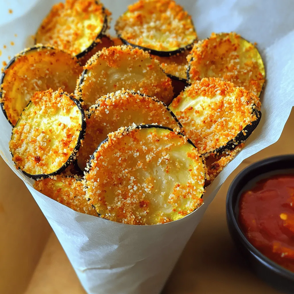 To make crispy baked zucchini chips, gather these simple ingredients: - 2 medium zucchinis - 1 cup breadcrumbs (panko preferred for extra crunch) - 1/2 cup grated Parmesan cheese - 1 teaspoon garlic powder - 1 teaspoon onion powder - 1 teaspoon Italian seasoning - Salt and pepper to taste - 2 large eggs, beaten - Olive oil spray (for light coating) Choosing the right ingredients makes a big difference. Here are a few tips: - Zucchini: Look for firm, fresh zucchinis. Smaller ones are sweeter and more tender. - Breadcrumbs: Panko breadcrumbs add extra crunch. Regular breadcrumbs work too but will be less crispy. - Parmesan cheese: Freshly grated cheese gives the best flavor. Pre-grated cheese often lacks taste. - Spices: Use fresh garlic powder and onion powder for a better taste. Check the date on your spices to ensure they're fresh. You can easily adjust ingredients based on what you have: - Zucchini: Yellow squash can work well as a substitute. - Cheese: Try cheddar or nutritional yeast for a vegan option. - Breadcrumbs: If gluten-free, use almond flour or gluten-free breadcrumbs. - Eggs: For a vegan version, a flax egg can replace eggs. Mix 1 tablespoon of flaxseed meal with 3 tablespoons of water and let it sit for 5 minutes. Feel free to experiment! The more you play with flavors, the more fun you’ll have. For the full recipe, check out the details above. To make the best zucchini chips, start with fresh zucchinis. Wash them well to remove dirt. Cut the zucchinis into thin rounds, about 1/8 inch thick. This thickness helps them crisp up nicely. After slicing, pat them dry with a paper towel. This step removes extra moisture. Moisture can make your chips soggy instead of crispy. Next, prepare your coating. In a shallow bowl, mix breadcrumbs, Parmesan cheese, garlic powder, onion powder, Italian seasoning, salt, and pepper. This blend adds great flavor. In another bowl, beat two large eggs until combined. This egg wash helps the breadcrumbs stick to the zucchini. Now, dip each zucchini slice into the beaten eggs. Let the excess egg drip off. Then, coat the slice with the breadcrumb mixture. Make sure it is fully covered. Place each coated chip on a lined baking sheet. Preheat your oven to 225°F (110°C). This low temperature helps the chips dry out slowly. It ensures they become crispy without burning. Once the oven is ready, lightly spray the zucchini chips with olive oil. This helps them crisp up even more. Bake the chips for about 1.5 to 2 hours. Halfway through baking, flip the chips. This helps them cook evenly. Keep an eye on them as they bake. You want them golden brown but not burnt. When the zucchini chips are done baking, remove them from the oven. Let them cool on the baking sheet for a few minutes. This cooling period allows them to firm up. If you skip this step, they may lose their crispiness. Serve the crispy zucchini chips warm. They are best enjoyed fresh. You can pair them with a tasty dip like marinara or yogurt sauce. For the full recipe, check out [Full Recipe]. For extra crunchiness in your zucchini chips, begin with thin slices. Aim for 1/8 inch thick. The thinner the slice, the crispier the chip. You should also pat the slices dry before coating them. Removing moisture helps them crisp up better. Use panko breadcrumbs instead of regular ones. Panko has a lighter texture that leads to a crunchier finish. Lightly spray the chips with olive oil before baking. This helps the breadcrumbs brown and crisp nicely. One common mistake is not drying the zucchini enough. If water remains, the chips will be soggy. Avoid using thick slices as they won’t cook through properly. Do not skip flipping the chips halfway through baking. This ensures even cooking on both sides. Lastly, don’t overcrowd the baking sheet. Give each chip space to breathe. This helps them cook evenly and become crispy. To make great zucchini chips, you need a few tools. A sharp knife or a mandoline slicer works well for even slices. Use a shallow bowl for the egg wash. A second bowl is great for mixing breadcrumbs and seasonings. A parchment-lined baking sheet helps with easy cleanup. Lastly, a good oven thermometer is helpful. It ensures your oven is at the right temperature for perfect chips. For the full recipe, check out the section above. {{image_2}} You can change the taste of your crispy baked zucchini chips by mixing different spices. For a smoky flavor, add smoked paprika. If you enjoy heat, sprinkle cayenne pepper or chili powder. Try adding herbs like dill or thyme for a fresh touch. You can even make sweet chips by using cinnamon and a touch of sugar. Experiment and find your favorite blend! While standard green zucchini works great, you can also try yellow zucchini. This variety brings a slightly sweeter taste and a vibrant color. If you're feeling adventurous, use pattypan squash or even cucumbers for a twist. Each type has its unique flavor and texture, so don't hesitate to explore! Instead of using breadcrumbs, you can try crushed nuts like almonds or walnuts. This adds a nice crunch and a rich flavor. For a gluten-free option, use almond flour or coconut flour. If you're in the mood for a cheesy flavor, try a mix of nutritional yeast and spices. Each coating changes the taste, so have fun creating new versions of your zucchini chips! For the complete recipe, check out the Full Recipe. To keep your crispy baked zucchini chips fresh, store them in an airtight container. Use parchment paper between layers to prevent sticking. Avoid sealing them too tightly, as moisture can make them soggy. Store them at room temperature for up to three days. If you want to keep them longer, consider freezing. To reheat your zucchini chips, use the oven. Preheat it to 350°F (175°C). Spread the chips on a baking sheet. Heat for about 5 to 10 minutes. This will help restore their crispiness. Avoid using the microwave, as it can make them soft. If you want to freeze zucchini chips, let them cool completely first. Place them in a single layer on a baking sheet and freeze for about an hour. Once frozen, transfer them to a freezer-safe bag. They can last up to three months. When you're ready to eat, just reheat them in the oven as mentioned above. Enjoy your snacks even longer! Crispy baked zucchini chips can last about three to five days. Store them in an airtight container. This keeps them fresh and crunchy. If they lose their crispiness, you can warm them in the oven for a few minutes. This will help regain some of that great texture. Yes, you can make zucchini chips in an air fryer! Set your air fryer to about 350°F (175°C). Arrange the coated zucchini slices in a single layer. Cook them for about 15 to 20 minutes. Remember to shake the basket halfway through for even cooking. This method gives you a nice crunch without using much oil. You can dip zucchini chips in many tasty sauces. Marinara sauce is a classic choice. It adds a nice flavor kick. You can also try ranch dressing for a creamy option. For a lighter dip, yogurt with herbs works well. Experiment with your favorites to find the best pairings. You learned how to make delicious crispy baked zucchini chips. We covered ingredients, step-by-step instructions, and helpful tips. Variations and storage methods add fun and value to your snacks. Enjoy experimenting with flavors and seasonings to make them your own. Remember, avoid common mistakes for the best results. Now you’re ready to bake and share crispy, tasty zucchini chips!