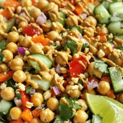 - 1 can (15 oz) chickpeas, drained and rinsed - 1 red bell pepper, diced - 1 cup cucumber, diced - 1/2 cup red onion, finely chopped - 1/2 cup shredded carrots - 1/4 cup cilantro, chopped - 1/4 cup creamy peanut butter - 2 tablespoons soy sauce (or tamari for gluten-free) - 1 tablespoon rice vinegar - 1 tablespoon honey or maple syrup - 1 tablespoon lime juice - 1 teaspoon sriracha (or more to taste) - Salt and pepper to taste - Crushed peanuts for garnish - Lime wedges for garnish The fresh ingredients in this salad offer a lot of color and crunch. Chickpeas bring a hearty base, while the red bell pepper and cucumber add sweetness and freshness. The red onion gives a nice bite, and the carrots add a vibrant crunch. Don't forget the cilantro; it adds a pop of flavor that ties everything together. For the sauce, creamy peanut butter is key. It gives the salad its rich, nutty base. Soy sauce adds savory depth, while rice vinegar gives a mild tang. Honey or maple syrup balances the flavors with sweetness. Lime juice adds brightness, and sriracha gives the dish its spice. You can customize your salad with optional ingredients. Season with salt and pepper to taste. Crushed peanuts on top add extra crunch, while lime wedges give a zesty finish. You can find the full recipe for Spicy Peanut Chickpea Salad to explore the details and get started on this delightful dish. - Combine chickpeas and diced vegetables. - Toss gently to mix. Start by taking a large mixing bowl. Drain and rinse your chickpeas. Then, add the diced red bell pepper, cucumber, finely chopped red onion, shredded carrots, and chopped cilantro. This mix gives your salad a great crunch and fresh taste. Toss it gently. The goal is to combine the veggies evenly without smashing them. - Whisk together all sauce ingredients. - Adjust sriracha to your spice preference. In a separate small bowl, whisk together creamy peanut butter, soy sauce, rice vinegar, honey, lime juice, and sriracha. Mix until it is smooth and creamy. If you love spice, feel free to add more sriracha. This sauce brings warmth and depth to your salad. - Pour peanut sauce over the salad mixture. - Fold gently to coat evenly. Now, pour the peanut sauce over your chickpea and veggie mix. Use a spatula to fold everything together. Do this gently. You want all the ingredients to be well coated with the sauce but not broken apart. Each bite should be packed with flavor. - Season with salt, pepper, and lime juice. - Chill in the refrigerator for 20-30 minutes. Finally, season your salad with salt, pepper, and a splash of lime juice. This adds a zesty touch. Chill the salad in the refrigerator for 20-30 minutes. This step lets the flavors meld together nicely. When you’re ready to serve, give it a good stir and taste. Adjust seasoning if needed. For a fun twist, garnish with crushed peanuts and lime wedges before serving. For the full recipe, check out the detailed instructions above! To get the best peanut butter texture, you can thin it out. If it is too thick, mix in a bit of warm water. Start with a small amount and stir well. This makes it easy to blend into the sauce. When making the sauce, ensure it is smooth and combined. Use a whisk to blend all ingredients in a bowl. If you see lumps, keep whisking until it is creamy. This will help the sauce coat the chickpeas and veggies well. You can boost the flavor with more spices. Try adding garlic powder or ground ginger for depth. A pinch of cumin gives a warm note, too. Experiment until it tastes just right for you. For added freshness, include herbs like mint or basil. You can also squeeze in extra lime juice. This brightens the flavors and makes your salad pop. This salad pairs well with rice or quinoa. It also tastes great as a filling for wraps. For parties, serve it in small cups or bowls for easy sharing. Garnish with crushed peanuts and lime wedges for a fun touch. Guests love a little crunch and zest on top. This makes your dish not only tasty but also beautiful. {{image_2}} You can add grilled chicken or tofu to this salad. Both options work great. They boost the protein and make the dish more filling. If you want a vegetarian twist, try chickpea patties. They add flavor and texture. Need to swap out some ingredients? You can use quinoa instead of chickpeas for a different base. If you want it gluten-free, use tamari instead of soy sauce. Make sure to check labels on all products. You can also use almond butter in place of peanut butter if you have nut allergies. Want to take the flavor up a notch? Add fruit like mango or avocado. These fruits bring sweetness and creaminess to the salad. You can also mix in greens like spinach or kale. This adds more nutrients and a fresh crunch. The more flavors, the better! For the full recipe, check the section above. The Spicy Peanut Chickpea Salad lasts in the fridge for about three days. To keep it fresh, store it in an airtight container. If you add any crunchy toppings, keep them separate. This way, they stay crisp and tasty. You can freeze the Spicy Peanut Chickpea Salad, but it may change the texture. To freeze, place the salad in a freezer-safe container. Leave some space at the top for expansion. To thaw, move it to the fridge overnight. Stir before serving to mix the flavors back together. Making this salad ahead is easy and a great time-saver. Prepare the salad base without the sauce. Store it in the fridge for up to three days. Make the peanut sauce separately. This way, you can mix them just before serving. Ideal for meal prep, it keeps your lunches exciting and fresh. Check out the full recipe for step-by-step details. Yes, you can prepare this salad ahead of time. To keep it fresh, follow these steps: - Mix the chickpeas and veggies as instructed. - Store the peanut sauce separately until you are ready to serve. - Combine everything just before eating. This keeps the salad crisp and tasty. This salad pairs well with many dishes. Here are some tasty ideas: - Grilled chicken or tofu for extra protein. - Brown rice or quinoa for a filling side. - Fresh fruit like mango or pineapple adds sweetness. - Serve it with whole-grain pita or wraps for a fun meal. Yes, this recipe is both vegan and gluten-free. Here’s why: - Chickpeas and veggies are plant-based. - Use tamari instead of soy sauce for gluten-free. - Maple syrup is a great substitute for honey. You can easily change the heat level in this salad. Here’s how: - Start with a small amount of sriracha. - Taste the salad and add more if you want it spicier. - You can also add fresh chili or chili flakes for an extra kick. Yes, you can use dried chickpeas! Here’s how to prepare them: - Soak dried chickpeas overnight in water. - Drain and rinse them, then boil until tender. - This may take about 1-2 hours, depending on the chickpeas. Once cooked, follow the Full Recipe to make your salad. Enjoy your spicy peanut chickpea salad! This Spicy Peanut Chickpea Salad is fresh, quick, and simple. You combine chickpeas with fresh veggies for a nutritious base. The creamy peanut sauce brings it all together, and you can adjust the spice to your taste. Remember, you can add proteins or fruits to change it up. Store leftovers correctly to enjoy this meal later. In short, this salad is versatile and tasty. Try making it and enjoy!