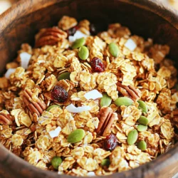To make Maple Pecan Granola, you need a few key ingredients. - 3 cups rolled oats: These provide the base for your granola. They add fiber and crunch. - 1 cup pecans, roughly chopped: Pecans add a rich nutty taste. They also bring healthy fats. - 1/2 cup pumpkin seeds: These seeds add extra crunch and nutrients. They pair well with the pecans. - 1/2 cup unsweetened shredded coconut: Coconut brings a hint of sweetness and chewiness. - 1/2 cup maple syrup: This natural sweetener gives your granola a lovely flavor. - 1/4 cup coconut oil, melted: Coconut oil helps bind the ingredients and adds a light coconut taste. - 1 teaspoon vanilla extract: Vanilla enhances the overall flavor, making it warm and inviting. - 1/2 teaspoon cinnamon: Cinnamon adds warmth and a hint of spice. - 1/4 teaspoon sea salt: A little salt balances the sweetness. - 1/2 cup dried cranberries or raisins (optional): These dried fruits add bursts of sweetness. You can customize your granola with fun mix-ins. Here are some ideas: - Dried fruits like cranberries or raisins: These add sweetness and a chewy texture. - Additional spices: Try nutmeg or ginger for a different flavor profile. If you need to swap ingredients, here are some simple options: - Alternatives to coconut oil: You can use olive oil or butter. Both work well for binding. - Substituting for maple syrup: Honey or agave syrup can be used if you prefer. Each adds sweetness but changes the flavor slightly. You can find the Full Recipe for Maple Pecan Granola at the beginning of the article. Enjoy the process of making this crunchy and flavorful snack! First, preheat your oven to 300°F (150°C). This warm air helps the granola bake evenly. Next, line a large baking sheet with parchment paper. This step makes cleanup easier and prevents sticking. In a large bowl, combine 3 cups of rolled oats, 1 cup of roughly chopped pecans, and 1/2 cup of pumpkin seeds. Add 1/2 cup of unsweetened shredded coconut for extra flavor. Then, mix in 1/2 teaspoon of cinnamon and 1/4 teaspoon of sea salt. Stir well to blend all the dry ingredients together. In another bowl, whisk together 1/2 cup of maple syrup, 1/4 cup of melted coconut oil, and 1 teaspoon of vanilla extract. Mix them until smooth and well combined. This mixture gives the granola its sweet and rich taste. Now, pour the wet mixture over the dry ingredients. Mix well until everything is coated. Spread the granola on the lined baking sheet. Press it down lightly to form clusters. Bake for 25-30 minutes. Stir halfway through to ensure even baking. The granola should turn golden brown and smell amazing. After baking, let the granola cool completely on the baking sheet. It will become crunchy as it cools. If you want, stir in 1/2 cup of dried cranberries or raisins once it's cool. For the full recipe, check the section above. To get those crunchy clusters, you need to press down the mixture. After mixing the wet and dry ingredients, spread it on the baking sheet. Use the back of a spatula to press the granola down firmly. This helps it stick together when baking. Baking time and temperature matter too. I recommend baking at 300°F (150°C) for 25-30 minutes. Stir halfway to ensure even cooking. If you want more crunch, bake a few extra minutes. Just keep an eye on it to avoid burning. Want to add some zing? Try adding extra spices! A dash of nutmeg or ginger gives a warm kick. You can also mix in some vanilla bean for a rich flavor. For a sweet twist, incorporate chocolate or coconut. Dark chocolate chips melt beautifully into warm granola. Or add unsweetened shredded coconut for a tropical touch. Both options make your granola even more delicious. To keep your granola fresh and crunchy, store it in an airtight container. Glass jars work great. They keep air out and help maintain crunchiness. If you want it to last longer, consider freezing some. Granola can stay fresh for up to three months in the freezer. Just thaw it before enjoying. This way, you always have a tasty snack ready to go. {{image_2}} If you want a nut-free version of this granola, it’s easy to swap the pecans. You can replace them with seeds like sunflower or flaxseeds. These seeds add crunch and flavor. You can also use other nuts if you want. Try almonds or cashews for a different taste. To make this granola gluten-free, use certified gluten-free oats. Some oats may have traces of gluten from processing. Always check the label to be sure. This way, you can enjoy granola without worrying about gluten. If you want to cut down on sugar, reduce the maple syrup in the recipe. You can also try using a healthy sweetener. Honey or agave nectar work well as substitutes. These options can help keep your granola tasty without too much sugar. For the Full Recipe, just follow the steps I shared earlier. Enjoy creating your own special version! Maple pecan granola can last about two weeks at room temperature. Store it in a cool, dry place. For longer freshness, try refrigerating it. In the fridge, your granola can stay fresh for up to a month. Just remember to keep it in an airtight container to prevent it from absorbing moisture. Using airtight containers is key to keeping your granola fresh. A glass jar or a plastic container works well. Make sure the lid seals tightly. This keeps air out and prevents sogginess. If you want to store granola for an even longer time, freezing is a great option. Just place the granola in a freezer-safe bag or container. It can last up to three months in the freezer. When you’re ready to eat it, just take out what you need and let it thaw for a few minutes. For the full recipe, check out the instructions above. Enjoy your crunchy, flavorful snack! To make your granola crispy, follow these tips: - Use enough liquid: Make sure your wet ingredients coat all the oats and nuts. - Spread evenly: Lay the mixture flat on the baking sheet for even baking. - Press down: Lightly press the mixture to form clusters before baking. - Stir halfway: Stir the granola halfway through baking for even browning. - Cool completely: Let it cool on the sheet, as it crisps up while cooling. Yes, you can use honey in place of maple syrup. Honey offers a similar sweetness. Its flavor is a bit different, but it works well. You can also use agave syrup or brown rice syrup if you prefer. Just remember, these will change the taste slightly. Both maple syrup and pecans offer great health perks. - Maple syrup: It contains antioxidants and minerals like zinc and manganese. - Pecans: They are rich in healthy fats, fiber, and protein. They may help lower cholesterol. Together, they make your granola tasty and nutritious. You can find Maple Pecan Granola in many stores. Look in the cereal aisle or health food section. You can also buy it online from grocery websites or specialty food sites. Homemade granola is often healthier than store-bought. Here’s why: - Control over ingredients: You decide what goes in, avoiding preservatives and added sugars. - Custom flavors: You can add your favorite nuts, seeds, or fruits. - Freshness: Homemade granola often tastes better and is fresher than store brands. For the full recipe, check out the recipe section. Here are the main ingredients you will need: - 3 cups rolled oats - 1 cup pecans, roughly chopped - 1/2 cup pumpkin seeds - 1/2 cup unsweetened shredded coconut - 1/2 cup maple syrup - 1/4 cup coconut oil, melted - 1 teaspoon vanilla extract - 1/2 teaspoon cinnamon - 1/4 teaspoon sea salt - 1/2 cup dried cranberries or raisins (optional) Follow the cooking instructions to make this delightful snack! In this blog post, I walked you through making delicious Maple Pecan Granola. We covered key ingredients like rolled oats, pecans, and natural sweeteners. I shared tips on achieving perfect clusters and storing your granola. You learned about fun variations, including nut-free and low-sugar options. Remember, making your granola allows you to customize flavors and control ingredients. Enjoy your fresh, homemade snack that’s both tasty and healthy!