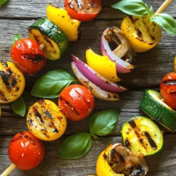 For colorful and tasty grilled vegetable skewers, choose these veggies: - Zucchini, sliced into thick rounds - Red bell pepper, cut into chunks - Yellow bell pepper, cut into chunks - Red onion, cut into wedges - Cherry tomatoes - Mushrooms, halved These vegetables bring a mix of flavors and textures. The zucchini becomes soft and juicy, while the peppers add sweetness. Onions give a nice crunch, and cherry tomatoes burst with flavor. Mushrooms absorb all the smoky goodness. To enhance the taste, use these seasonings and oils: - Olive oil - Garlic powder - Smoked paprika - Salt - Pepper Olive oil helps the veggies grill well and adds flavor. Garlic powder gives a nice kick, while smoked paprika adds depth. Salt and pepper round out the taste, making every bite delicious. Fresh basil leaves add a burst of color and flavor. They brighten up the skewers and make them look fancy. You can add them right before serving for a fresh touch. For the full recipe, check out the detailed steps to prepare these delectable skewers. First, you need to preheat your grill. Set it to medium-high heat, around 400°F (200°C). This helps the vegetables cook evenly and get nice grill marks. Preheating takes about 10-15 minutes. Grab a large bowl for your vegetables. Add the sliced zucchini, red and yellow bell peppers, red onion, cherry tomatoes, and mushrooms. In a small bowl, mix together olive oil, garlic powder, smoked paprika, salt, and pepper. Pour this mixture over the veggies. Toss well, so every piece is coated. This step is key for flavor. Now it's time to skewer. Grab your skewers and start threading the vegetables. Alternate colors and shapes for a bright and fun look. This not only adds flavor but also makes the skewers visually appealing. Aim for a mix of textures and colors. It makes the dish pop! Place your skewers on the hot grill. Cook for about 10-12 minutes. Turn them occasionally to get even cooking. You want tender veggies with nice grill marks. This step adds a smoky flavor. Once grilled, let them rest for a couple of minutes. Garnish with fresh basil for a burst of flavor before serving! For the full recipe, check out the details mentioned earlier. When grilling, pick fresh, colorful veggies for the best taste. Seasonal vegetables add flavor and nutrients. I love using: - Zucchini - Red bell peppers - Yellow bell peppers - Red onions - Cherry tomatoes - Mushrooms These veggies not only look great but also cook well on the grill. You can mix and match based on what's in season. The more colors, the more fun! Marinades can take your grilled veggies to the next level. I recommend using: - Olive oil - Garlic powder - Smoked paprika - Salt - Pepper Mix these ingredients together for a tasty coating. You can also try adding lemon juice or balsamic vinegar for a tangy kick. Let the veggies soak in the marinade for at least 30 minutes. This helps them absorb all those yummy flavors. To get those perfect grill marks, heat your grill to medium-high. Place the skewers on the grill without overcrowding them. This helps them cook evenly. Turn them every few minutes for even cooking. Watch closely to avoid burning. Grill for about 10-12 minutes until the veggies are tender. The goal is to have both great flavor and those beautiful lines! {{image_2}} You can add proteins to your grilled vegetable skewers. Chicken, beef, or shrimp work well. If you prefer plant-based options, use firm tofu or tempeh. Cut the meat or tofu into bite-sized pieces. This makes cooking even and quick. Marinate your protein in the same mix used for vegetables. This helps all the flavors blend nicely. Changing up seasonings gives your skewers new tastes. Try a Mediterranean flavor with oregano, lemon juice, and feta. For an Asian twist, use soy sauce, ginger, and sesame oil. If you want a spicy kick, add cayenne pepper or chili flakes. Experiment with different herbs and spices to find your favorite blend. Grilling is great, but you can also roast or broil your skewers. To roast, preheat your oven to 400°F. Spread the skewers on a baking sheet and cook for about 20 minutes. Turn them halfway for even cooking. Broiling gives a nice char too. Set your broiler to high and cook for 10 minutes, turning halfway. Each method offers a unique taste and texture. You can store leftover grilled vegetable skewers in an airtight container. Let them cool to room temperature first. Then, place them in the fridge. They will stay fresh for up to four days. If you want to keep them longer, consider freezing them. Wrap the skewers tightly in plastic wrap or foil. This helps prevent freezer burn. Before you eat them, always check for any strange smells or colors. To reheat the skewers, you have a few options. The best way is to use the grill again. Heat it to medium and grill the skewers for about five minutes. This helps them regain their flavor and texture. You can also use the oven. Set it to 350°F (175°C) and heat the skewers for about 10 minutes. If you're in a hurry, the microwave works too. Just warm them for 30 seconds to one minute. However, this method may make them a bit soggy. You can prepare your skewers in advance for quick meals. Chop your vegetables a day before and store them in the fridge. You can also mix your marinade ahead of time. Just keep it in a separate container. When you’re ready to cook, thread the veggies onto the skewers and grill. This makes it easy to enjoy a healthy meal anytime. For more details on how to make these skewers, check the Full Recipe. Cut your vegetables into similar sizes. This helps them cook evenly. For example, slice zucchini into thick rounds. Cut bell peppers into large chunks. Use wedges for onions. Cherry tomatoes can stay whole. Mushrooms should be halved. This way, everything cooks at the same time. Yes, you can use frozen vegetables. However, they may not grill well. Thaw them first to avoid excess moisture. Pat them dry before skewering. This helps them get that nice char. Keep in mind, the texture may differ from fresh vegetables. Grilled vegetable skewers taste great with many dips. A simple garlic yogurt sauce adds creaminess. Hummus brings a nice earthy touch. You can also try a balsamic glaze for sweetness. For a kick, use a spicy chimichurri sauce. Each dip enhances the flavors of the veggies. Grilling fresh vegetable skewers is a simple and fun way to enjoy healthy meals. You learned about the best vegetables, seasonings, and garnishes for your skewers. I shared step-by-step tips for grilling and achieving perfect marks. Don't forget to explore variations by adding proteins or trying different seasonings. Storing leftovers and meal prep advice will help you enjoy these skewers even more. Experiment with what you like best, and you'll create delicious dishes everyone will enjoy.