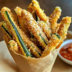 - 2 medium zucchinis - 1 cup breadcrumbs (preferably Panko) - 1/2 cup grated Parmesan cheese To start, you need fresh zucchinis. They give the fries their unique taste. Panko breadcrumbs work best for a crunchy finish. Finally, the Parmesan cheese adds a rich flavor. - 1 teaspoon garlic powder - 1 teaspoon onion powder - 1 teaspoon Italian seasoning - Salt and pepper to taste These seasonings make the fries more flavorful. Garlic powder gives a nice kick. Onion powder adds sweetness. Italian seasoning brings warmth and depth. Don’t forget salt and pepper! They balance all the flavors. - Baking sheet - Parchment paper - Shallow bowls for coating You will need a baking sheet lined with parchment paper. This helps the fries not stick and makes clean-up easy. Shallow bowls are essential for coating the zucchini. They help keep your workspace tidy. This recipe is simple and fun, perfect for all skill levels. For the full recipe, check the earlier section. Enjoy cooking! - Preheat oven to 425°F (220°C) - Prepare the baking sheet with parchment paper To start, you need to heat your oven to 425°F. This high temperature helps achieve that crispy outside. Next, line your baking sheet with parchment paper. This step keeps the fries from sticking and makes cleanup easy. - Combine breadcrumbs, Parmesan, and seasonings - Dip zucchini in beaten eggs, then coat with crumb mixture In a shallow bowl, mix together the breadcrumbs, grated Parmesan, garlic powder, onion powder, Italian seasoning, salt, and pepper. Make sure everything is blended well. In a separate bowl, beat the eggs until smooth. Take each zucchini fry and dip it in the eggs, letting the extra drip off. Then, roll the fry in the breadcrumb mix. Press gently to make sure the coating sticks well. - Arrange zucchini fries on the baking sheet - Bake for 20-25 minutes, flipping halfway Now, place your coated zucchini fries on the prepared baking sheet. Arrange them in a single layer. Space them out well; this will help them get crispy. Bake in the hot oven for 20 to 25 minutes. Remember to flip them halfway through to ensure even browning. When they are golden brown and crispy, they are ready to enjoy! To get the best crunch, use Panko breadcrumbs. They add a light, airy texture. Make sure to give space between fries on the baking sheet. This helps hot air to circulate and keeps the fries crispy. You can make your fries even better by adding different seasonings or herbs. Try mixing in a bit of smoked paprika or fresh thyme. If you want a cheesy flavor without extra cheese, add nutritional yeast. It gives a great taste with added health benefits. Pair your crispy zucchini fries with tasty dipping sauces like marinara or ranch. This adds fun and flavor. For a unique touch, serve them in decorative cones or small baskets. This makes the dish look special and appealing. For the full recipe, check out the earlier section. {{image_2}} You can switch up the coating to suit your taste. For a gluten-free option, use gluten-free breadcrumbs or almond flour. Both will give you a nice crunch. If you want some heat, add spices like paprika or cayenne. They will kick up the flavor and make your fries exciting. Why not add more veggies? You can use carrots or sweet potatoes for a colorful twist. They will add sweetness and nutrition. You can also blend in different cheeses like cheddar or mozzarella. These cheeses melt well and enhance the flavor of your fries. Using an air fryer is a great way to make these fries crispy without much oil. Set your air fryer to 400°F (200°C) and cook for about 15 minutes. Shake the basket halfway through for even cooking. For the crispiest fries, make sure not to overcrowd the basket. This keeps air flowing and prevents sogginess. Check out the Full Recipe to explore all the delicious options! To keep your leftover crispy Parmesan zucchini fries tasty, store them in an airtight container. This method helps keep them fresh. I suggest you eat them within three days. After that, they may lose their crunch. You can freeze both uncooked and cooked fries, but there are best practices for each. If you freeze uncooked fries, place them in a single layer on a baking sheet. Once frozen, transfer them to a freezer bag. For cooked fries, let them cool completely before storing. They can last up to three months in the freezer. To reheat, cook them straight from frozen for the best results. When reheating, the oven is your best friend. It keeps the fries crispy. Preheat the oven to 400°F (200°C) and bake for about 10 minutes. If you use a microwave, the fries may turn soggy. If you must use it, place a paper towel under the fries to absorb moisture. Yes, you can prepare these fries in advance. To do this, follow these steps: - Cut the zucchinis into fries. - Coat them as per the recipe. - Place the coated fries on a baking sheet. - Cover them tightly with plastic wrap. - Store in the fridge for up to 24 hours. When ready to bake, simply remove the wrap and bake as directed. These fries are great for pairing! Here are some tasty options: - Marinara sauce for dipping. - Ranch dressing for a creamy contrast. - Serve alongside grilled chicken or fish for a full meal. - Enjoy them as a side with burgers or sandwiches. These pairings enhance the flavors of the fries and make your meal more fun. Soggy fries can be a letdown. Here’s why that happens and how to fix it: - Excess moisture from the zucchini can lead to sogginess. - Make sure to pat the zucchini dry before coating. - Give space between fries on the baking sheet. - Avoid overcrowding them, as this traps steam. By following these tips, you’ll get crispy fries every time. This blog post covers how to make Crispy Parmesan Zucchini Fries. You learned about the main ingredients, step-by-step instructions, and tips for baking. Also, you found ideas for storage and variations. Now, you can enjoy crispy fries with great flavor. Don’t hesitate to experiment with spices or other veggies. Perfect your recipe and impress your friends or family. Enjoy the crunch!