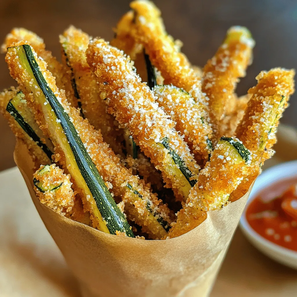 - 2 medium zucchinis - 1 cup breadcrumbs (preferably Panko) - 1/2 cup grated Parmesan cheese To start, you need fresh zucchinis. They give the fries their unique taste. Panko breadcrumbs work best for a crunchy finish. Finally, the Parmesan cheese adds a rich flavor. - 1 teaspoon garlic powder - 1 teaspoon onion powder - 1 teaspoon Italian seasoning - Salt and pepper to taste These seasonings make the fries more flavorful. Garlic powder gives a nice kick. Onion powder adds sweetness. Italian seasoning brings warmth and depth. Don’t forget salt and pepper! They balance all the flavors. - Baking sheet - Parchment paper - Shallow bowls for coating You will need a baking sheet lined with parchment paper. This helps the fries not stick and makes clean-up easy. Shallow bowls are essential for coating the zucchini. They help keep your workspace tidy. This recipe is simple and fun, perfect for all skill levels. For the full recipe, check the earlier section. Enjoy cooking! - Preheat oven to 425°F (220°C) - Prepare the baking sheet with parchment paper To start, you need to heat your oven to 425°F. This high temperature helps achieve that crispy outside. Next, line your baking sheet with parchment paper. This step keeps the fries from sticking and makes cleanup easy. - Combine breadcrumbs, Parmesan, and seasonings - Dip zucchini in beaten eggs, then coat with crumb mixture In a shallow bowl, mix together the breadcrumbs, grated Parmesan, garlic powder, onion powder, Italian seasoning, salt, and pepper. Make sure everything is blended well. In a separate bowl, beat the eggs until smooth. Take each zucchini fry and dip it in the eggs, letting the extra drip off. Then, roll the fry in the breadcrumb mix. Press gently to make sure the coating sticks well. - Arrange zucchini fries on the baking sheet - Bake for 20-25 minutes, flipping halfway Now, place your coated zucchini fries on the prepared baking sheet. Arrange them in a single layer. Space them out well; this will help them get crispy. Bake in the hot oven for 20 to 25 minutes. Remember to flip them halfway through to ensure even browning. When they are golden brown and crispy, they are ready to enjoy! To get the best crunch, use Panko breadcrumbs. They add a light, airy texture. Make sure to give space between fries on the baking sheet. This helps hot air to circulate and keeps the fries crispy. You can make your fries even better by adding different seasonings or herbs. Try mixing in a bit of smoked paprika or fresh thyme. If you want a cheesy flavor without extra cheese, add nutritional yeast. It gives a great taste with added health benefits. Pair your crispy zucchini fries with tasty dipping sauces like marinara or ranch. This adds fun and flavor. For a unique touch, serve them in decorative cones or small baskets. This makes the dish look special and appealing. For the full recipe, check out the earlier section. {{image_2}} You can switch up the coating to suit your taste. For a gluten-free option, use gluten-free breadcrumbs or almond flour. Both will give you a nice crunch. If you want some heat, add spices like paprika or cayenne. They will kick up the flavor and make your fries exciting. Why not add more veggies? You can use carrots or sweet potatoes for a colorful twist. They will add sweetness and nutrition. You can also blend in different cheeses like cheddar or mozzarella. These cheeses melt well and enhance the flavor of your fries. Using an air fryer is a great way to make these fries crispy without much oil. Set your air fryer to 400°F (200°C) and cook for about 15 minutes. Shake the basket halfway through for even cooking. For the crispiest fries, make sure not to overcrowd the basket. This keeps air flowing and prevents sogginess. Check out the Full Recipe to explore all the delicious options! To keep your leftover crispy Parmesan zucchini fries tasty, store them in an airtight container. This method helps keep them fresh. I suggest you eat them within three days. After that, they may lose their crunch. You can freeze both uncooked and cooked fries, but there are best practices for each. If you freeze uncooked fries, place them in a single layer on a baking sheet. Once frozen, transfer them to a freezer bag. For cooked fries, let them cool completely before storing. They can last up to three months in the freezer. To reheat, cook them straight from frozen for the best results. When reheating, the oven is your best friend. It keeps the fries crispy. Preheat the oven to 400°F (200°C) and bake for about 10 minutes. If you use a microwave, the fries may turn soggy. If you must use it, place a paper towel under the fries to absorb moisture. Yes, you can prepare these fries in advance. To do this, follow these steps: - Cut the zucchinis into fries. - Coat them as per the recipe. - Place the coated fries on a baking sheet. - Cover them tightly with plastic wrap. - Store in the fridge for up to 24 hours. When ready to bake, simply remove the wrap and bake as directed. These fries are great for pairing! Here are some tasty options: - Marinara sauce for dipping. - Ranch dressing for a creamy contrast. - Serve alongside grilled chicken or fish for a full meal. - Enjoy them as a side with burgers or sandwiches. These pairings enhance the flavors of the fries and make your meal more fun. Soggy fries can be a letdown. Here’s why that happens and how to fix it: - Excess moisture from the zucchini can lead to sogginess. - Make sure to pat the zucchini dry before coating. - Give space between fries on the baking sheet. - Avoid overcrowding them, as this traps steam. By following these tips, you’ll get crispy fries every time. This blog post covers how to make Crispy Parmesan Zucchini Fries. You learned about the main ingredients, step-by-step instructions, and tips for baking. Also, you found ideas for storage and variations. Now, you can enjoy crispy fries with great flavor. Don’t hesitate to experiment with spices or other veggies. Perfect your recipe and impress your friends or family. Enjoy the crunch!