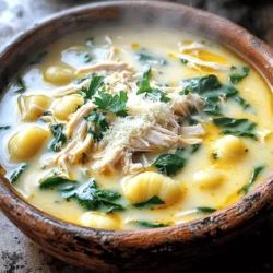 To make this creamy chicken and gnocchi soup, you will need: - 2 cups cooked chicken, shredded - 1 package (16 oz) potato gnocchi - 1 tablespoon olive oil - 1 onion, diced - 3 cloves garlic, minced - 3 carrots, diced - 2 celery stalks, diced - 4 cups chicken broth - 1 cup heavy cream - 1 teaspoon dried thyme - 1 teaspoon dried oregano - Salt and pepper to taste - 2 cups fresh spinach - Grated Parmesan cheese for garnish - Fresh parsley for garnish These ingredients combine to create a warm and hearty meal. You can make this soup fit your needs with some easy swaps. For the chicken, try using rotisserie chicken or even tofu for a vegetarian option. Instead of heavy cream, you can use half-and-half or coconut milk if you're dairy-free. If you don't have gnocchi, pasta works too; just adjust the cooking time. Feel free to change up the veggies based on what you have. Zucchini or bell peppers can also add a nice twist. Using fresh ingredients can enhance the flavor of your soup. Fresh spinach wilts nicely and adds a vibrant touch. However, frozen ingredients can also work well in a pinch. Frozen gnocchi and veggies are often just as tasty. If you go frozen, check the cooking times. They may cook faster than fresh, so keep an eye on them to avoid mushy soup. For the full recipe, follow the steps carefully to enjoy this delightful meal. To make creamy chicken and gnocchi soup, start by gathering your ingredients. You will need: - 2 cups cooked chicken, shredded - 1 package (16 oz) potato gnocchi - 1 tablespoon olive oil - 1 onion, diced - 3 cloves garlic, minced - 3 carrots, diced - 2 celery stalks, diced - 4 cups chicken broth - 1 cup heavy cream - 1 teaspoon dried thyme - 1 teaspoon dried oregano - Salt and pepper to taste - 2 cups fresh spinach - Grated Parmesan cheese for garnish - Fresh parsley for garnish Chop the onion, garlic, carrots, and celery into small pieces. This helps them cook faster and blend well in the soup. 1. In a large pot, heat the olive oil over medium heat. 2. Add the diced onion, minced garlic, carrots, and celery. Sauté these veggies for about 5-7 minutes until they soften. 3. Stir in the shredded chicken, dried thyme, and dried oregano. Cook for another 2 minutes to mix the flavors. 4. Pour in the chicken broth and bring it to a simmer. Once simmering, add the gnocchi. Cook according to the package, usually about 2-3 minutes until they float. 5. Lower the heat and stir in the heavy cream. Mix well to create a creamy base. Add salt and pepper to taste. 6. Finally, stir in the fresh spinach and let it wilt in the soup for about 2 minutes. 7. Remove from heat and serve hot in bowls. Garnish with grated Parmesan cheese and fresh parsley. Keep an eye on the heat. Medium heat works best for sautéing. Avoid high heat, as it can burn the garlic. When the gnocchi float, they are ready. You want them fluffy, not mushy. If you need to serve later, keep the soup warm on low heat. Stir often to prevent sticking. Enjoy your comforting creamy chicken and gnocchi soup! For the complete recipe, check out the full recipe. To make your creamy chicken and gnocchi soup even better, use fresh herbs. Fresh thyme or parsley adds bright notes. You can also try adding a splash of lemon juice. This small addition brings a nice zing to the soup. If you want a richer taste, use homemade chicken broth instead of store-bought. It makes a big difference! One common mistake is overcooking the gnocchi. They should only cook until they float. If you cook them too long, they become mushy. Another mistake is adding the cream too early. Wait until the gnocchi are cooked. This keeps the soup from curdling. You need a few tools for this soup. A large pot is a must for cooking everything together. A good knife helps chop your veggies evenly. A wooden spoon works best for stirring. If you have a ladle, it makes serving easier. These tools help you create a perfect comforting meal. For the full recipe, check out the details above! {{image_2}} To make a vegetarian version of creamy chicken and gnocchi soup, I swap out the chicken. You can use mushrooms for a hearty texture. They add a nice umami flavor. Add more veggies like zucchini or bell peppers. Use vegetable broth instead of chicken broth. This keeps the soup rich and tasty without meat. If you need a gluten-free soup, replace the potato gnocchi with gluten-free gnocchi. Many brands offer this now. Check the package for cooking times, as they may differ. Also, ensure your broth is gluten-free. Read the labels to avoid hidden gluten. To spice things up, I recommend adding red pepper flakes. Just a pinch can bring warmth to the soup. You can also toss in diced jalapeños for a bolder kick. For a smoky flavor, try adding smoked paprika. These spices enhance the soup without overpowering the creamy goodness. Now, create your own version of this comforting dish with the Full Recipe. After enjoying your creamy chicken and gnocchi soup, store any leftovers in a container. Let the soup cool down to room temperature. Once cooled, cover it tightly or use an airtight container. This keeps the soup fresh and tasty for up to three days in the fridge. To reheat your soup, use a pot on the stove. Pour the soup in and heat it on low. Stir it often to prevent it from sticking. You can also use a microwave-safe bowl. Heat it in the microwave for one to two minutes. Stir halfway through to ensure even heating. Always check that it is hot throughout before serving. If you want to keep the soup longer, freezing is a great option. First, let the soup cool completely. Then, pour it into freezer-safe bags or containers. Leave some space at the top, as the soup will expand when frozen. This soup can last up to three months in the freezer. When you’re ready to enjoy it again, thaw it overnight in the fridge before reheating. Avoid freezing it with the spinach, as it can become mushy. For the best flavor, add fresh spinach right before serving. You can find the full recipe for this delicious soup earlier in the article. Gnocchi is a soft pasta made mainly from potatoes. It often includes flour and egg. The potato gives it a nice texture. Some recipes use ricotta or other ingredients. This makes gnocchi light and fluffy. You can find gnocchi in many stores, ready to cook. It pairs perfectly with creamy sauces, like in this soup. To thicken the soup, you can add more cream. Another option is using a cornstarch slurry. Mix one tablespoon of cornstarch with two tablespoons of cold water. Stir it in the soup while it simmers. You can also mash some gnocchi in the soup to thicken it. For a heartier texture, add more veggies or shredded chicken. Yes, rotisserie chicken works great in this soup. It saves time and adds flavor. Just shred the chicken before adding it to the pot. You can also use leftover chicken from another meal. Both options make this soup quick and easy to prepare. This way, you enjoy a delicious meal without much fuss. For the full recipe, check the Comforting Creamy Chicken & Gnocchi Soup section. In this blog post, we covered the key ingredients, step-by-step cooking, and helpful tips. You learned about ingredient swaps and how to enhance flavors. I shared ways to avoid common mistakes and offered storage tips for leftovers. Finally, FAQs answered your burning questions. Cooking can be fun and easy. With these tools and knowledge, you’ll make great meals. Enjoy the process and keep experimenting in your kitchen.