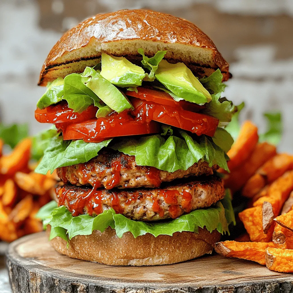 To make these tasty turkey burgers, you need a few key ingredients. Here’s what you’ll need: - 1 pound ground turkey - 2 tablespoons Sriracha sauce - 1 tablespoon soy sauce - 1 teaspoon garlic powder - 1 teaspoon onion powder - 1 teaspoon smoked paprika - 1/2 teaspoon salt - 1/2 teaspoon black pepper - 1/4 cup breadcrumbs - 1 egg, lightly beaten - 4 whole wheat burger buns These ingredients create a flavorful base for your burgers. The ground turkey keeps them lean and healthy. The Sriracha adds a spicy kick that makes each bite exciting. You can customize your burgers with some fun toppings. Here are a few ideas: - Lettuce leaves - Sliced tomatoes - Avocado slices (optional) - Extra Sriracha for topping These toppings add freshness and texture. The avocado brings creaminess, while the extra Sriracha boosts the spice level. Feel free to mix and match! To make your meal complete, serve your burgers with a side. Here are some great options: - Sweet potato fries - Side salad Sweet potato fries provide a sweet contrast to the spice. A fresh salad adds crunch and balances the flavors of the burgers. You can find the full recipe for these spicy Sriracha turkey burgers in the earlier section. Enjoy your cooking! To start, gather all your ingredients. In a large bowl, mix the ground turkey with the Sriracha sauce, soy sauce, garlic powder, onion powder, smoked paprika, salt, and black pepper. Use your hands to blend them well. Next, add the breadcrumbs and the beaten egg, mixing until smooth. This mixture brings all the flavors together. Now it’s time to make the patties. Divide the turkey mixture into four equal parts. Shape each portion into a patty, making a small dent in the center. This helps the burgers cook evenly and prevents them from puffing up while grilling. Preheat your grill or skillet over medium-high heat. Lightly oil the cooking surface to prevent sticking. Cook the patties for about 5-6 minutes on each side. They should reach an internal temperature of 165°F (74°C). While they cook, toast your whole wheat buns for 1-2 minutes until golden. When ready, assemble your burgers with lettuce, tomato, and avocado if you like. Don’t forget to drizzle extra Sriracha for that spicy kick. Enjoy these flavorful treats! For the complete recipe, check out the full recipe. To make a juicy turkey burger, start with good meat. Use 93% lean ground turkey. The fat helps keep the burger moist. Mix gently when adding spices and breadcrumbs. Over-mixing can make it tough. Make a small dent in the center of each patty. This prevents puffing while cooking. Cook your patties on medium-high heat. This helps seal in the juices. Use a meat thermometer to check for doneness. Aim for 165°F (74°C) for safe eating. Having the right tools makes cooking easier. A good non-stick skillet works well for indoor cooking. A grill is great for that smoky flavor. Use a spatula with a wide head to flip patties. This helps prevent breakage. A meat thermometer is a must for checking doneness. A mixing bowl and measuring cups are also essential. These tools help keep your cooking organized and fun. Want to amp up the flavor? Try adding more Sriracha to the turkey mix. You can also include chopped jalapeños or a dash of cayenne pepper. For a zesty kick, mix in lime or lemon juice. Fresh herbs like cilantro or parsley add brightness too. Experiment with different toppings like spicy pickles or pepper jack cheese. These small changes make a big difference in taste. Check out the Full Recipe for more ideas! {{image_2}} You can easily swap ground turkey with other proteins. Ground chicken works well and has a similar taste. If you're looking for a veggie option, try black beans or chickpeas. Mash them and mix with the spices. These options keep the flavor while adding variety. To make these burgers gluten-free, simply leave out the breadcrumbs. Instead, use ground oats or crushed gluten-free crackers. This change keeps the texture without using gluten. Always check labels to avoid hidden gluten in sauces. You can still enjoy your spicy Sriracha turkey burgers without worry. Adjust the spice level to fit your taste. If you want it milder, reduce Sriracha. You can add a bit of honey to balance the heat. For more spice, add cayenne pepper or chili flakes. Experiment with herbs like cilantro or basil for fresh flavors. Each variation can make your burger unique and exciting. Feel free to explore these options! For the complete recipe, check the Full Recipe section. After enjoying your spicy Sriracha turkey burgers, store any leftovers. Place them in an airtight container. This keeps them fresh for up to three days in the fridge. If you want to keep them longer, freezing is a great option. To reheat your burgers, you have a few easy options. The microwave is quick but may dry out the patties. Instead, use a skillet over medium heat. This way, you keep the juicy flavor. Heat for about 3-4 minutes on each side. If you prefer, the oven works too. Preheat it to 350°F (175°C) and bake for about 10 minutes. Freezing your turkey burgers is simple and smart. Form the patties but do not cook them first. Wrap each patty tightly in plastic wrap, then place them in a freezer bag. Label the bag with the date. They can stay in the freezer for up to three months. When you're ready to eat, cook them straight from the freezer. Just add a couple of extra minutes to your cooking time. For the full recipe, check the earlier sections. You can check if turkey burgers are done by using a meat thermometer. The safe internal temperature is 165°F (74°C). You can also cut a burger in half to see if it’s no longer pink inside. If the juices run clear, they are cooked. Cooking time is usually about 5-6 minutes per side over medium-high heat. Yes, you can prepare the turkey mixture a day in advance. Just store it in the fridge until you are ready to cook. You can also shape the patties ahead of time. Place them on a plate, cover with plastic wrap, and keep them in the fridge. Cook them within 24 hours for the best taste. If you don't have Sriracha, you can use another hot sauce. You can also make a mix of hot sauce and ketchup for a milder taste. If you want a unique flavor, try mixing in some chili paste or even chipotle sauce. Each option will give your burger a different kick. For the full recipe, check out the recipe section. These spicy Sriracha turkey burgers are easy and tasty. We covered the key ingredients, cooking steps, and tips to make them juicy. You can also try different proteins or spice levels. Storing leftovers is simple, and reheating is quick. Overall, these burgers offer an exciting twist for family meals. Enjoy making them your own!