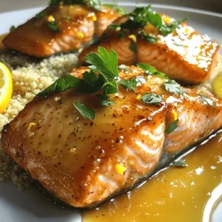 - Salmon fillets - 1/4 cup pure maple syrup - 2 tablespoons soy sauce To make a great maple glazed salmon, start with fresh salmon fillets. They should weigh around 6 ounces each. The maple syrup adds a sweet touch, while the soy sauce gives a savory balance. This combo creates a tasty glaze that sticks to the fish. - 1 tablespoon Dijon mustard - 1 tablespoon fresh lemon juice - 2 cloves garlic, minced You can enhance the glaze with more flavors. Dijon mustard adds a nice tang. Fresh lemon juice brightens each bite. Minced garlic gives depth to the dish. These options make your salmon even tastier. - Skillet or frying pan - Whisk and mixing bowl - Meat thermometer Use a good skillet or frying pan to cook the salmon. A whisk and mixing bowl help you blend the glaze. A meat thermometer is key for checking if the salmon is done. This tool ensures your salmon is cooked perfectly every time. For the full recipe, check out the detailed instructions. 1. In a small bowl, whisk together these ingredients: - 1/4 cup pure maple syrup - 2 tablespoons soy sauce - 1 tablespoon Dijon mustard - 1 tablespoon fresh lemon juice - 1 tablespoon orange juice - 2 cloves garlic, minced - 1 teaspoon fresh ginger, grated This blend makes a sweet and savory glaze. 2. Season your salmon fillets with salt and pepper on both sides. This adds flavor right from the start. 1. Heat 1 tablespoon of olive oil in a large skillet over medium-high heat. Make sure the oil is hot before adding the fish. 2. Once the skillet is hot, add the salmon fillets skin-side down. Cook for about 4-5 minutes. You want the skin crispy and golden. 1. Carefully flip the salmon fillets over. Pour the maple glaze over them. Let the glaze coat the salmon well. 2. Cook for another 4-5 minutes. Spoon the glaze over the fish while it cooks. This helps build flavor. 3. Check for doneness. The salmon should easily flake with a fork when it is done. 4. Remove the skillet from heat. Drizzle any remaining glaze over the salmon before serving. 5. Garnish with chopped fresh parsley or cilantro. This adds a pop of color. Feel free to explore the full recipe for more details! To cook salmon just right, you need to think about its thickness. A general rule is to cook it for about 4-6 minutes per half-inch of thickness. For example, if your fillet is one inch thick, cook it for 8-12 minutes total. This method helps you avoid overcooking, keeping it moist. For crispy skin, start with a hot skillet. Heat your skillet over medium-high heat and add olive oil. Place the salmon skin-side down and let it cook without moving it. This helps form a nice crust. When the skin is golden and crispy, flip the salmon gently. Marinating the salmon can boost its flavor. You can marinate it for 30 minutes to an hour in the glaze mix before cooking. This lets the salmon soak up those great tastes. Balancing sweetness and acidity is key in the glaze. The maple syrup brings sweetness, while the lemon and orange juices add a bright tang. Adjust these to your taste. If it’s too sweet, add more citrus juice. If you want it sweeter, add more maple syrup. Pair your maple glazed salmon with simple sides. Steamed asparagus and fluffy quinoa work beautifully. These sides complement the fish without overpowering it. For a creative plate, serve the salmon on a bed of greens. Drizzle extra glaze around the plate for a fancy touch. You can also garnish with fresh herbs like parsley or cilantro for color and flavor. For the full recipe, check out the section above. {{image_2}} You can add a citrus twist to your maple glazed salmon. Try using fresh orange or lime juice in the glaze. This adds bright flavors and makes the dish pop. You can also replace salmon with other fish. Try using trout or even halibut. Each fish brings its unique taste to this simple recipe. If you need gluten-free options, use tamari instead of soy sauce. This keeps the flavor while being friendly for those with gluten issues. For low-sugar alternatives, use a sugar-free maple syrup. It still gives a sweet taste without the extra sugar. Want to explore different flavors? Try an Asian-inspired maple glazed salmon. Add sesame oil and green onions for a unique twist. If you prefer Mediterranean flavors, mix in herbs like oregano or thyme. Both ideas bring fresh taste to your meal and make it exciting. For the full recipe, check the details above! To store leftover maple glazed salmon, first cool it to room temperature. Then, place it in an airtight container. This keeps the fish fresh. You can refrigerate the salmon for up to three days. After that, it may lose flavor and texture. When reheating salmon, the best method is to use an oven. Preheat the oven to 350°F (175°C). Place the salmon on a baking sheet and cover it with foil. This helps keep it moist. Heat for about 10-15 minutes. You can also use a microwave. Just heat it gently to avoid drying out the fish. To freeze maple glazed salmon, wrap each piece tightly in plastic wrap. Then, place it in a freezer bag. Remove as much air as possible. This method helps prevent freezer burn. You can freeze the salmon for up to three months. When you're ready to cook from frozen, thaw it in the fridge for a few hours or overnight. Avoid thawing at room temperature. Once thawed, you can cook it like fresh salmon, following the Full Recipe for best results. Cooking maple glazed salmon takes about 10 to 15 minutes. You will cook the salmon for 4 to 5 minutes on each side. The skin should get crispy. The fish should flake easily when done. Yes, you can use frozen salmon. Thaw it overnight in the fridge. If you need to cook it straight from the freezer, add a few extra minutes to the cooking time. Just make sure it cooks evenly. Maple glazed salmon pairs well with many side dishes. Try serving it with: - Steamed asparagus - Fluffy quinoa - Garlic mashed potatoes - Roasted Brussels sprouts These sides add color and flavor to your meal. Yes, maple syrup is often a healthier choice than white sugar. It has more nutrients, like zinc and manganese. Maple syrup has a lower glycemic index too. This means it affects blood sugar less than regular sugar. Using it for glazing adds flavor and health benefits. For the full recipe, check out the detailed instructions above. In this post, we explored how to make delicious maple glazed salmon. We examined essential and optional ingredients, handy tools, and step-by-step cooking methods. Remember to use the right cooking times and techniques for perfect salmon. You can enhance the flavors with simple tips and try different variations to suit your taste. Store leftovers properly to enjoy later. With all this knowledge, you’re set to impress at your next meal. Enjoy the journey of cooking this tasty dish and share it with others!