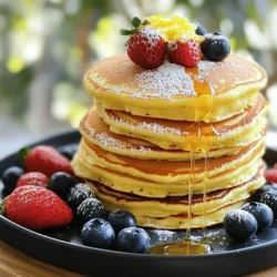 To make these light and fluffy pancakes, you will need: - 1 cup ricotta cheese - 2 large eggs - 1/4 cup milk - 1/4 cup fresh lemon juice - Zest of 1 lemon - 1 cup all-purpose flour - 2 tablespoons sugar - 1 tablespoon baking powder - 1/2 teaspoon salt - 2 tablespoons melted butter (plus more for cooking) - Powdered sugar for dusting - Fresh berries for serving When choosing ricotta cheese, go for fresh. It makes a big difference in taste. For the best flavor, use fresh lemons. The zest adds a bright note to your pancakes. If you want to switch things up, try these options: - Ricotta alternatives: You can use cottage cheese or mascarpone if you prefer. Both will give a creamy texture. - Dairy-free options: Substitute the ricotta with tofu or a dairy-free cream cheese. Use almond milk or coconut milk instead of regular milk. - Flavor enhancements: Add a splash of vanilla extract or a pinch of cinnamon for more flavor. Chopped herbs like mint or basil can also add a fresh twist. These variations let you customize the pancakes to fit your taste or dietary needs. Enjoy the process of making them your own! Start by mixing the wet ingredients. In a large bowl, add the ricotta cheese, eggs, milk, fresh lemon juice, and lemon zest. Whisk them together until everything is smooth. This step brings out the creamy texture of the ricotta. Now, let’s combine the dry ingredients. In another bowl, mix the flour, sugar, baking powder, and salt. Stir until these ingredients are evenly mixed. This helps the pancakes rise evenly when you cook them. Next, it's time for the cooking process. Heat a non-stick skillet or griddle over medium heat. The ideal temperature is when a drop of water sizzles on the surface. Lightly grease the skillet with butter. For each pancake, pour about 1/4 cup of batter onto the skillet. Cook until bubbles form on the surface, which takes about 2-3 minutes. When you see bubbles, it’s time to flip the pancake. Use a spatula and flip it quickly. Cook the other side for about 2 minutes until golden brown. Now for the final touches. Serve the pancakes warm. Dust them with powdered sugar for a sweet finish. Fresh berries on top add color and flavor. For plating, stack the pancakes high for a lovely display. You can also drizzle some syrup for extra sweetness. Want the full details? Check out the Full Recipe for all the steps! To avoid tough pancakes, mix the batter gently. Overmixing makes pancakes dense. You want some lumps; they help keep the pancakes light. Resting the batter is key. Let it sit for 10 minutes. This allows the flour to absorb moisture. The result is a fluffier pancake. Adding spices can boost flavor. Try a pinch of cinnamon or nutmeg. You can also add vanilla extract for depth. Get creative with toppings. Instead of just berries, think about whipped cream or honey. Sliced bananas or chopped nuts can also add a fun twist. Use a non-stick skillet for perfect pancakes. A cast-iron skillet works well, too. It holds heat evenly and gives a nice golden color. For measuring ingredients, a kitchen scale ensures accuracy. Measuring cups and spoons are great, but a scale is more precise. Use a whisk for mixing to get a nice smooth batter. For the complete recipe, check the [Full Recipe]. {{image_2}} You can change up your lemon ricotta pancakes to keep things fun. One great option is lemon poppy seed pancakes. Just add 2 tablespoons of poppy seeds to the batter. The seeds add a nice crunch. They also give a lovely look to the pancakes. Another tasty choice is blueberry lemon ricotta pancakes. Fold in a cup of fresh or frozen blueberries right before cooking. The blueberries burst and mix with the lemon flavor. This makes each bite a fruity delight. If you're gluten-free, you can still enjoy these pancakes. Use a gluten-free flour blend instead of all-purpose flour. This change will keep the pancakes light and fluffy. For those following a vegan diet, make a few easy swaps. Replace ricotta cheese with silken tofu blended until smooth. Use flax eggs instead of regular eggs. Just mix 1 tablespoon of ground flaxseed with 2.5 tablespoons of water and let it sit for 5 minutes. Finally, swap the milk with a plant-based milk like almond or oat. These small changes let you enjoy lemon ricotta pancakes in a vegan way. Check out the Full Recipe to get started on your pancake journey! To keep your lemon ricotta pancakes fresh, store them in the fridge. Place them in an airtight container or wrap them in plastic wrap. They can stay good for about three days. If you want to keep them longer, freezing is the way to go. Lay the pancakes flat on a baking sheet. Freeze them for about an hour. After that, stack them with parchment paper in between. Use a freezer bag for long-term storage. They can last up to two months in the freezer. You have a few options for reheating your pancakes. The microwave is quick and easy. Just place a pancake on a plate and cover it with a damp paper towel. Heat it for about 20 seconds. You can also use the stove. Just warm a non-stick skillet over low heat and place the pancake inside. Flip it after a minute or so. Finally, the oven works well too. Preheat your oven to 350°F (175°C). Place the pancakes on a baking sheet and cover with foil. Heat for about 10 minutes. To keep pancakes fluffy, avoid using high heat. If they get too hot, they can dry out. A gentle touch is key to keeping them light and airy. Can I make the batter ahead of time? Yes, you can make the batter ahead of time. Store it in the fridge for up to 24 hours. Just remember to stir it gently before cooking. This can save you time on busy mornings. How do I know when pancakes are done? Pancakes are done when they are golden brown and bubbles form on the surface. Cook for about 2-3 minutes on each side. If you see steam escaping, it’s a good sign they are ready to flip. What to do if pancakes are too dense? If your pancakes are too dense, try adding a little more milk. This will help lighten the batter. Mixing it less can also help keep them fluffy. Remember, small lumps in the batter are okay. Reasons for undercooked pancakes Pancakes can be undercooked if the heat is too high. Lower the temperature and cook them longer. Also, ensure your batter is well-mixed. Uneven mixing can cause some parts to stay raw. Best syrups and toppings for Lemon Ricotta Pancakes The best syrups for these pancakes are maple syrup or honey. They add a lovely sweetness. Fresh berries are also perfect on top. You can sprinkle some powdered sugar for extra flair. Ideal side dishes to complement the meal Serve these pancakes with crispy bacon or sausages for a savory touch. You can also add a fresh fruit salad for a bright contrast. This balance makes for a delightful breakfast spread. You learned how to make delicious Lemon Ricotta Pancakes today. We covered the best ingredients and their quality, plus substitutes for those with dietary needs. Step-by-step instructions helped you prepare and cook perfectly fluffy pancakes. I shared tips for texture, flavor enhancements, and equipment recommendations to improve your cooking experience. Variations cater to different tastes and diets, while storage tips ensure your leftovers stay fresh. Now, you can confidently whip up these pancakes any time. Enjoy serving them with tasty toppings for a delightful meal. Happy cooking!