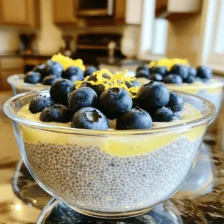 For a delicious Lemon Blueberry Chia Pudding, here are the ingredients you need: - 1/2 cup chia seeds - 2 cups almond milk (or any milk of choice) - 1/4 cup maple syrup (adjust to taste) - Zest of 1 lemon - 1/4 cup fresh lemon juice - 1 cup fresh blueberries (plus extra for topping) - 1 teaspoon vanilla extract - Pinch of salt This recipe is simple and quick. You start with chia seeds, which are packed with nutrients. They soak up liquid and create a creamy texture. Almond milk gives a nice base, but feel free to use any milk you prefer. Maple syrup adds sweetness, but you can adjust it. The lemon zest and juice bring a bright, tangy flavor. Fresh blueberries add bursts of sweetness and color. They also boost nutrition. A pinch of salt balances out the flavors. Each ingredient plays a role in making this pudding tasty and healthy. For the full recipe, check the section above. Enjoy creating this vibrant dish! To start, grab a mixing bowl. Here, you will combine the chia seeds, almond milk, maple syrup, lemon zest, lemon juice, vanilla extract, and a pinch of salt. Make sure all the ingredients are in the bowl. Next, whisk the mixture thoroughly. This step is key to avoid clumps. If clumps form, your pudding won't have the right texture. Once you mix everything, cover the bowl with plastic wrap. You can also use a jar with a lid. Place it in the fridge for at least 4 hours or overnight. This waiting time is crucial. It allows the chia seeds to absorb the liquid and thicken. For the right consistency, look for a pudding-like texture. If it seems too thick after chilling, you can stir in a little more almond milk. After setting, take the mixture out of the fridge. Stir it well to break up any clumps that may have formed. Now it’s time to fold in the fresh blueberries. Be gentle to keep the berries intact. Once you do this, you can serve the pudding. Spoon it into individual bowls or glasses. For a lovely touch, top with extra blueberries and a sprinkle of lemon zest. This adds flavor and makes it look pretty. Enjoy your Lemon Blueberry Chia Pudding! To avoid clumping in chia pudding, whisk the mixture well. When you mix the chia seeds with the liquid, stir it thoroughly. This helps the seeds spread evenly. If you find clumps, stir again after letting it sit. Adjust sweetness to your taste. Start with a quarter cup of maple syrup. You can always add more if you like it sweeter. Taste as you go! For extra flavor, consider adding spices like cinnamon or nutmeg. A drop of almond extract can also elevate the taste. Just a small amount goes a long way! Using fresh fruits is key. Rinse your blueberries well before adding them. This removes any dirt and enhances their flavor. You can also mix in other berries for variety. The best part? You can find more tips in the Full Recipe. {{image_2}} You can change the flavor of your chia pudding easily. Instead of blueberries, try these fruits: - Strawberries - Raspberries - Mango - Peaches These fruits add their own unique taste and color. Each one brings a fun twist to the dish. You can also mix fruits for a fun rainbow effect. If you want to change the sweetener, you have options too. Here are some good substitutes: - Honey - Agave nectar - Coconut sugar - Stevia Each sweetener changes the flavor a bit. You can adjust it to match your taste. Try different ones to find your favorite. Making this pudding vegan is simple. Just use almond milk or coconut milk. Both work great. They keep the dish creamy and delicious. If you need a gluten-free option, you're in luck! This recipe is naturally gluten-free. Just make sure your sweetener is gluten-free too. You can also make this pudding for special diets. If someone needs low sugar, use less sweetener or a sugar substitute. For nut allergies, use oat milk or rice milk. These options make it easy to serve everyone. You can enjoy this tasty dessert no matter your diet! To keep your lemon blueberry chia pudding fresh, store it in the fridge. Use a clean, airtight container. This helps to avoid any strong food smells from your fridge. Your pudding will stay fresh for up to five days. After that, it may start to lose its great taste and texture. You can freeze chia pudding if you want to save it for later. Just scoop it into freezer-safe containers, leaving some space at the top. This space allows the pudding to expand as it freezes. When you're ready to eat it, move the container to the fridge overnight to thaw. After it thaws, stir well before serving. This helps break up any ice crystals and restore its smooth texture. Can I use frozen blueberries instead of fresh? Yes, you can use frozen blueberries. They work well in this recipe. Just add them directly to the mixture. Keep in mind, the color may change slightly. The taste will still be delicious. What happens if I don’t refrigerate the pudding? If you don’t refrigerate the pudding, it will not thicken properly. Chia seeds need time to absorb liquid. Without chilling, you’ll end up with a watery mixture. Always refrigerate for at least four hours or overnight for the best results. How do I make this recipe nut-free? To make this recipe nut-free, simply replace almond milk with oat or soy milk. Both options provide a great texture. You can also use coconut milk for a creamy feel. Just ensure you check for allergies when serving. For the full recipe, you can refer back to the main section. Chia pudding is simple and tasty. We mixed chia seeds, almond milk, and lemon for a fresh flavor. After letting it set, we added blueberries for a burst of sweetness. You learned tips to avoid clumps and how to adapt flavors. Remember, this recipe fits many diets, so feel free to make your own twists. Store leftovers well, and you can enjoy this treat later. Now, go ahead and create your own delicious chia pudding!