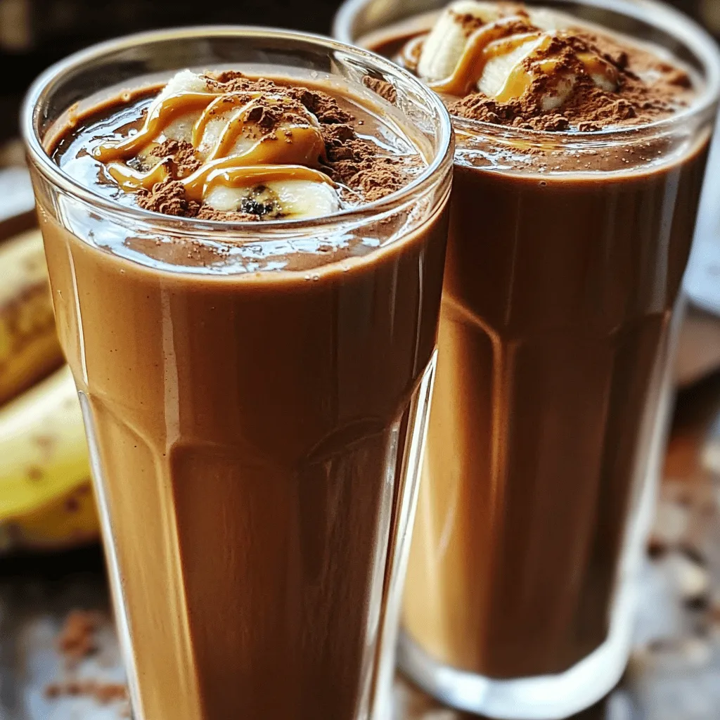 - 2 ripe bananas, frozen - 2 tablespoons creamy peanut butter - 1 tablespoon unsweetened cocoa powder - 1 cup almond milk (or milk of choice) - 1 tablespoon honey or maple syrup (optional) - 1/2 teaspoon vanilla extract - A pinch of salt - Ice cubes (optional) The first step is to gather your ingredients. You want to use ripe bananas. Frozen bananas give the shake a smooth texture. Next up is creamy peanut butter. This adds a rich flavor and creaminess to your shake. Unsweetened cocoa powder is another key ingredient. It gives the shake a deep chocolate taste without added sugar. You can choose almond milk or any milk you like. This helps to blend everything smoothly. If you want it sweeter, add honey or maple syrup. You can skip this if you prefer less sweetness. Vanilla extract adds a nice warm flavor. A pinch of salt will enhance all the tastes. Lastly, you can add ice cubes if you want a thicker shake. With these ingredients ready, you are set to enjoy a delicious Chocolate Peanut Butter Banana Shake. For the full recipe, check out the complete guide above. - Step 1: Peel and break frozen bananas into chunks. This makes blending easier. Use ripe bananas for the best flavor. - Step 2: Combine ingredients in the blender. Add the banana chunks, creamy peanut butter, cocoa powder, and almond milk. If you like it sweet, add honey or maple syrup. - Step 3: Blend until smooth and creamy. Start on low speed, then increase. You want everything mixed well. - Step 4: Adjust sweetness and blend again. Taste your shake. If it needs more sweetness, add a bit more honey or syrup. Blend again to mix. - Step 5: Serve and garnish as desired. Pour the shake into tall glasses. You can add a sprinkle of cocoa powder or drizzle extra peanut butter on top for fun. This shake is quick and easy, perfect for breakfast or a snack. Enjoy your Chocolate Peanut Butter Banana Shake! For the full recipe, check out the recipe section above. To get a smooth shake, use a high-speed blender. This tool helps blend all the ingredients well. If you want a thicker shake, start with less almond milk. You can always add more as you blend. You can adjust the sweetness based on your taste. If you like things sweeter, add more honey or maple syrup. You can also try non-dairy options. Almond milk works great, but soy or oat milk can be used too. Make your shake look extra special. You can garnish it with cocoa powder or a drizzle of peanut butter. Adding these touches makes it more fun to drink. Serve it in tall glasses to show off the creamy texture. For more details on making this shake, check out the Full Recipe. {{image_2}} You can easily make a vegan version of this shake. Just swap honey for maple syrup. Maple syrup gives a nice sweet taste without using animal products. This simple change fits perfectly with a vegan diet. It keeps the shake tasty while making it plant-based. If you want a protein boost, add protein powder or Greek yogurt. Protein powder mixes well and increases protein content. Greek yogurt adds creaminess and thickness. Both options keep the shake delicious and filling. You can enjoy it as a meal or a snack after workouts. Feel free to get creative and add more flavors. You can mix in spinach for a green boost. Spinach adds nutrients without changing the taste much. Berries are another great choice. They bring fresh flavors and natural sweetness. Just throw in a handful of your favorite berries to make a fruity twist. For the full recipe, visit the [Full Recipe] section. To keep your shake fresh, store it in the fridge. Use an airtight container. It will stay good for up to two days. When you want to enjoy it again, give it a good shake. You may need to blend it again to mix everything well. If you want to save the shake for later, freezing is a great option. Pour the shake into ice cube trays. Once frozen, pop the cubes into a freezer bag. This way, you can enjoy a quick treat anytime. When you want a shake, blend a few cubes with some almond milk. To reblend the shake, add a splash of milk. Blend until smooth and creamy again. Avoid heating it in the microwave. This can change the taste and texture. Enjoy your shake cold for the best flavor. To make a thicker shake, add more frozen bananas. You can also use ice cubes. Ice adds coldness and texture. Start with two bananas and adjust as needed. Blend slowly, adding almond milk one splash at a time. This method helps you control the thickness. Yes, you can use fresh bananas! However, using frozen bananas gives a creamier texture. Fresh bananas will make your shake thinner. If you use fresh ones, add ice cubes to get that thick, cold shake. Both options taste great, so pick what you have. This shake is packed with nutrients. Bananas provide potassium and fiber. Peanut butter adds protein and healthy fats. Cocoa powder offers antioxidants. Almond milk keeps it dairy-free and low-calorie. Together, they make a balanced snack or meal. This shake fuels your body and satisfies cravings. Yes, you can prep this shake ahead. Blend the ingredients and store in the fridge. It stays good for up to 24 hours. Just remember to shake or stir well before drinking. For longer storage, pour it into an ice cube tray. You can freeze it and blend later. Enjoy your shake fresh or frozen! In this blog post, we explored how to make a delicious chocolate peanut butter banana shake. We covered the ingredients, detailed instructions, helpful tips, and variations. You learned how to customize your shake for taste and nutrition. Remember, a high-speed blender helps create a smooth mix. Experiment with flavors and additives to match your preferences. This shake is easy and fun to make. Enjoy your tasty treat now or save some for later!