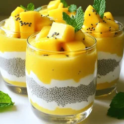 - Coconut milk: This creamy base gives the pudding its rich flavor. You can use canned or carton coconut milk. Both work great! - Almond milk: This adds a nice nutty taste. It lightens the pudding while keeping it smooth. - Chia seeds: These tiny seeds are the magic ingredient! They soak up liquid and turn into a pudding-like texture. - Sweeteners: You can use maple syrup or honey. Both add a touch of sweetness that enhances the flavor. - Fresh mango: This bright, juicy fruit adds a tropical twist. Use a ripe mango for the best taste. - Mint leaves: These add a fresh flavor and a pop of color. They make your pudding look fancy! - Additional fruit toppings: Try berries or banana slices for extra flavors and textures. - Nuts or seeds for crunch: Add some chopped nuts or seeds. They give a nice crunch that balances the soft pudding. For the full recipe, check out the detailed instructions. 1. Start by mixing the coconut milk and almond milk. Use a medium bowl for this. 2. Add the vanilla extract to the milk blend. Whisk until everything is smooth. 3. Next, incorporate the chia seeds into the mixture. 4. Add maple syrup or honey as your sweetener. You can adjust the sweetness as you like. 5. Don’t forget a pinch of salt to enhance the taste. Stir well to combine all the ingredients. 1. Cover the bowl with plastic wrap or a lid. 2. Refrigerate the mixture for at least 4 hours. Overnight is best for a thick texture. 3. The chia seeds will absorb the liquid and create a creamy pudding. This step is key for the right consistency. 1. After chilling, stir the pudding well. This breaks up any clumps that may have formed. 2. Portion the chia pudding into bowls or glasses. Each serving should look inviting. 3. Add the diced mango on top just before serving. This keeps the fruit fresh and bright. 4. For a nice touch, garnish with fresh mint leaves if you like. Enjoy this delightful treat, and don’t forget to check the Full Recipe for more tips! To avoid clumps in your chia pudding, mix well! After adding chia seeds, stir thoroughly. Let it rest for a few minutes, then stir again. This helps to distribute the seeds evenly in the liquid. For creaminess, adjust your liquid ratios. If you prefer a thicker pudding, use less almond milk. If you want a lighter texture, add a bit more coconut milk. Finding the right balance is key. Tailor the sweetness to your taste. You can use more or less maple syrup or honey based on how sweet you like it. Start with the recipe's amount and adjust after tasting. Natural sweeteners like maple syrup or honey are great options. They add flavor without the chemicals found in refined sugars. Both choices blend well with coconut and mango. You can substitute vanilla extract with other extracts. Almond or coconut extracts can add a unique twist. Each option brings a new layer of flavor to your pudding. Adding spices can enhance the taste too. A pinch of cinnamon or nutmeg can create warmth and depth. These little additions can make your chia pudding even more delightful. For the full recipe, check the section above! {{image_2}} You can add a fun twist to your Coconut Mango Chia Pudding. Try mixing in some tropical fruit like pineapple or banana. These fruits boost the sweetness and flavor. Just chop them up and mix them in. You’ll enjoy a whole new taste. If you love berries, you can make a berry-infused pudding. Use strawberries, blueberries, or raspberries. These berries give a fresh pop of flavor. Blend them in with the chia mix before chilling. You’ll have a colorful and tasty treat. This recipe is easy to change for different diets. If you want a vegan option, simply replace the honey with maple syrup. Both sweeteners work well and keep the pudding plant-based. For gluten-free needs, you are in luck! All the ingredients in this recipe are gluten-free. Just make sure to check the labels of any extras you use, like toppings. If you have nut allergies, you can still enjoy this pudding. Instead of almond milk, use seed milk like sunflower or hemp milk. These options are great for creamy texture without nuts. When it comes to toppings, feel free to skip the nuts. Add more fruit or seeds instead. This way, you can still have a crunchy topping without any allergy issues. For the full recipe, see the section above. To keep your Coconut Mango Chia Pudding fresh, use airtight glass containers. These containers help seal in moisture and flavor. You can also use plastic containers, but glass is better for taste. Always store your pudding in the fridge. This keeps it cool and safe to eat. To prevent spoilage, make sure to cover the pudding tightly. Avoid opening the container too often. Each time you do, air gets in and can cause spoilage. Your chia pudding will last about 4 to 5 days in the fridge. After that time, it may start to lose flavor and texture. Look for signs of spoilage. If you see any mold or it smells sour, it's best to throw it out. The pudding might also separate over time. If this happens, just stir it well before eating. You can freeze your chia pudding if you want to keep it longer. To do this, pour the pudding into freezer-safe containers. Leave some space at the top for expansion. When you’re ready to eat it, thaw it in the fridge overnight. This way, the texture stays nice. If it seems watery after thawing, just stir it to bring it back. Enjoy your Coconut Mango Chia Pudding anytime! Check the Full Recipe for more tips. Yes, you can make Coconut Mango Chia Pudding in advance. I recommend chilling it for at least 4 hours. This allows the chia seeds to absorb the liquid and thicken the pudding. For best results, prepare this dish the night before. Store it in an airtight container in the fridge. This way, you can enjoy a quick and healthy breakfast or snack. This recipe makes 4 servings. Each serving is a nice size for a light dessert or snack. You can easily double or halve the recipe based on your needs. Chia seeds are small but mighty. They pack a lot of nutrition. They are high in fiber, protein, and omega-3 fatty acids. Just 2 tablespoons of chia seeds have about 140 calories. They can help with digestion and support heart health. Many people also say they help keep you full longer. Absolutely! You can swap mango for many other fruits. Berries like strawberries or blueberries work great. You can also try peaches or kiwi. Seasonal fruits add fresh flavors. Feel free to experiment and find your favorite combinations. This article covers all you need to make Coconut Mango Chia Pudding. We explored key ingredients, from coconut and almond milk to chia seeds and sweeteners. You learned how to prepare, chill, and serve your pudding for the best texture. Remember, you can customize your pudding with different flavors or toppings. Make this recipe your own! Enjoy this healthy treat, and have fun experimenting with variations. The right ingredients and techniques will lead to a tasty result every time. Happy pudding-making!