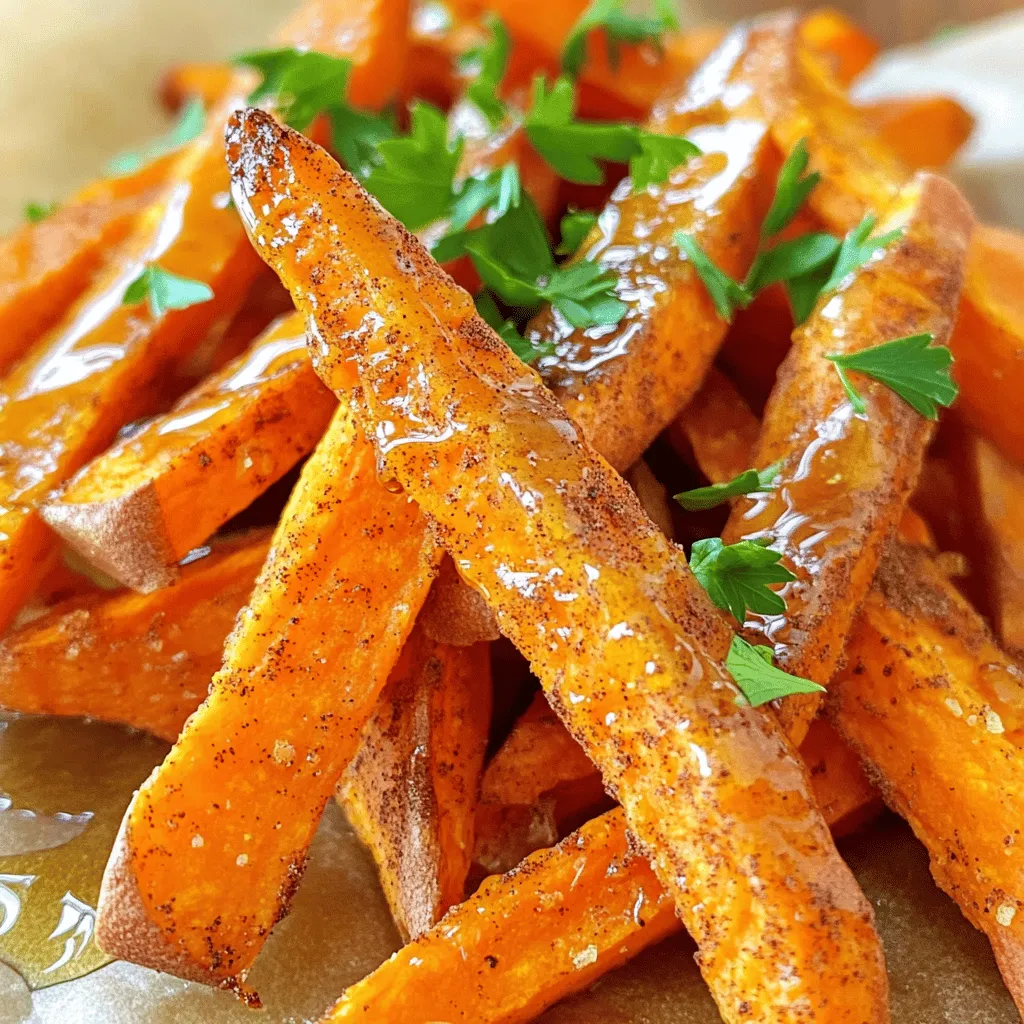 - 2 large sweet potatoes - 2 tablespoons olive oil - 1 teaspoon ground cinnamon - 1 teaspoon smoked paprika - 1/2 teaspoon salt - 1/2 teaspoon black pepper - 1 tablespoon maple syrup (optional) - Fresh parsley for garnish To make baked sweet potato fries, start with fresh, large sweet potatoes. Sweet potatoes are sweet and healthy. They have vitamins and fiber. You will need two of them. Peel and cut them into fry shapes. Next, use olive oil for cooking. It adds a nice flavor and helps them crisp up. You’ll need two tablespoons. Now, let's spice things up! Ground cinnamon adds warmth and a hint of sweetness. Use one teaspoon for that cozy flavor. Smoked paprika gives a nice smoky taste. Again, one teaspoon works well. For seasoning, add salt and black pepper. Both enhance all the flavors. A half teaspoon of each is perfect. If you want a little sweetness, drizzle one tablespoon of maple syrup on the fries. Lastly, fresh parsley makes a lovely garnish. It adds color and freshness. All these ingredients come together to create crispy, flavorful sweet potato fries. For the full details on how to prepare and cook them, you can check the Full Recipe. To start, grab your sweet potatoes. Wash them well and peel off the skin. You want to make sure they are clean. Next, cut each sweet potato into fries. Aim for even sizes. This helps them cook at the same time. You can make them as thick or thin as you like. Thinner fries will be crispier, while thicker ones will be soft inside. Now, let’s move on to the fun part—seasoning! In a large bowl, mix the fries with olive oil. Add ground cinnamon, smoked paprika, salt, and black pepper. If you like some sweetness, drizzle in the maple syrup. This step is where the magic happens! Toss everything together until the fries are fully coated. You want every fry to soak up that flavor. Before baking, preheat your oven to 425°F (220°C). This is key to getting them crispy. Once the oven is hot, arrange the fries on a baking sheet lined with parchment paper. Make sure they are in a single layer. Crowding them will make them steam instead of bake. Bake the fries for about 25-30 minutes. Halfway through, flip them over to ensure even cooking. You’ll know they’re ready when they look golden brown and crispy on the edges. Once you take them out, let them cool for a few minutes. They will be hot! Serve warm and enjoy your crispy and flavorful delight. For the full recipe, check out the details above. To get perfect crispy sweet potato fries, keep them in a single layer. This helps hot air flow around each fry. If the fries are crowded, they will steam instead of crisp. Flipping them halfway through baking is also key. This ensures even cooking and browning. You can spice up your fries in many ways. Try adding garlic powder or chili powder for a kick. If you love herbs, sprinkle in dried thyme or rosemary. Different oils can change the taste too. Avocado oil gives a nice flavor and is healthy. For sweetness, maple syrup is a great touch. It brings out the natural sweetness of the sweet potatoes. Sweet potato fries pair well with many dips. Ketchup is a classic choice, but ranch or spicy aioli works too. You can create a fun platter by serving them with a salad or grilled veggies. For a twist, top fries with cheese, avocado, or fresh herbs. These ideas make for a delicious and colorful meal. For the full recipe, check out the [Full Recipe]. {{image_2}} You can change up your sweet potato fries to fit your taste. For a spicy kick, add chili powder. This gives a nice heat that pairs well with the natural sweetness of the potatoes. A garlic and herb option is also a great choice. Mix in garlic powder and dried herbs like rosemary or thyme for a fresh flavor. Both options will elevate your fries. How you serve your fries can make a big difference. Try serving them with a side salad for a colorful plate. You can also add toppings like cheese or avocado for extra flavor and texture. A sprinkle of feta or a few slices of creamy avocado can make your fries even more delightful. Want to try a different cooking method? You can use an air fryer for a crispy finish. Cook them at 400°F (200°C) for about 15-20 minutes, shaking the basket halfway through. If you prefer pan-frying, heat a few tablespoons of oil in a skillet. Cook the fries in batches until they turn golden brown. This method adds a nice crunch and flavor, too. For the full recipe and more details, check out the [Full Recipe]. After you enjoy your baked sweet potato fries, store them in an airtight container. This keeps them fresh and tasty. Place the fries in the fridge. They will stay good for about 3 days. To keep them crispy, avoid stacking them too high. For the best taste, use the oven to reheat your fries. Preheat your oven to 400°F (200°C). Spread the fries out on a baking sheet. Heat them for about 10-15 minutes until they are warm and crispy again. If you need to use the microwave, place the fries on a microwave-safe plate. Heat them in 30-second bursts. This method is faster, but the fries may lose some crispiness. You can freeze the fries if you have leftovers. First, let them cool completely. Then, place them in a single layer on a baking sheet. Freeze for 1-2 hours until firm. After freezing, transfer them to a freezer bag. They can last for up to 3 months in the freezer. When you're ready to cook, thaw them in the fridge overnight. Bake them directly from frozen for about 25-30 minutes. This way, you'll enjoy crispy fries any time! To make baked sweet potato fries crispy, follow these key tips: - Cut evenly: Slice your fries into similar sizes for even cooking. - Use oil: Coat the fries well with olive oil. This helps them crisp up. - Single layer: Spread the fries in a single layer on the baking sheet. Overcrowding makes them soggy. - Flip halfway: Turn the fries halfway through baking for even browning. - High heat: Bake at 425°F (220°C) for a crispy finish. These steps help create that perfect crunchy texture. You’ll love the result! Yes, you can use other types of potatoes! Yukon Gold and Russet potatoes work well. - Yukon Gold: These have a creamy texture and buttery flavor. - Russet: These are great for fries, yielding a fluffy inside when baked. Each type offers a unique taste and texture. Experiment to find your favorite! Sweet potatoes are packed with nutrients and offer many health benefits: - Rich in vitamins: They contain high amounts of vitamin A, which supports eye health. - Good source of fiber: Fiber aids digestion and keeps you full longer. - Antioxidants: Sweet potatoes are rich in antioxidants, which help fight inflammation. Including sweet potatoes in your diet can boost your health while satisfying your taste buds. Enjoy them guilt-free! Baked sweet potato fries are easy to make and full of flavor. We covered the main ingredients, step-by-step instructions, and tips for crispiness. Think about adding spices or unique toppings for a twist. Storing leftovers properly keeps them fresh for later. Remember, sweet potatoes are not just tasty; they also bring health benefits. Enjoy these fries with your favorite dips and watch your meals become more exciting.