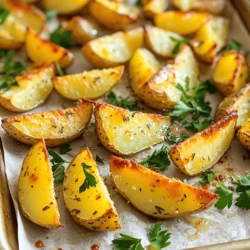 To make garlic roasted potato wedges, gather these simple items: - 4 large russet potatoes, scrubbed and cut into wedges - 4 tablespoons olive oil - 5 cloves garlic, minced - 1 tablespoon fresh rosemary, chopped (or 1 teaspoon dried) - 1 teaspoon smoked paprika - Salt and pepper to taste - 2 tablespoons grated Parmesan cheese (optional) - Fresh parsley, chopped (for garnish) If you need to swap ingredients, here are some ideas: - Use Yukon gold potatoes instead of russet for a creamier texture. - Swap olive oil for avocado oil for a different flavor. - If you don't have fresh rosemary, try thyme or oregano. - You can skip the Parmesan cheese for a dairy-free option. Choosing the right potatoes makes a big difference. Look for potatoes that are firm and smooth. Avoid any with sprouts or green spots. Russet potatoes work best for crispiness. They have a high starch content, which creates that perfect texture. If you want a sweeter taste, consider using sweet potatoes. They add a fun twist to the classic recipe. Start by gathering your ingredients. You’ll need 4 large russet potatoes, olive oil, garlic, rosemary, smoked paprika, salt, and pepper. You can also add Parmesan cheese if you like. First, preheat your oven to 425°F (220°C). While the oven heats, scrub the potatoes clean. Cut them into wedges. Aim for even sizes so they cook well. In a large bowl, mix the potato wedges with 4 tablespoons of olive oil. Add in 5 minced garlic cloves, 1 tablespoon of chopped rosemary, 1 teaspoon of smoked paprika, salt, and pepper. Toss everything together until the wedges are well coated. This step adds flavor to each bite. Once your potatoes are ready, line a baking sheet with parchment paper. Spread the potato wedges in a single layer on the sheet. Make sure they don’t touch each other. This helps them roast evenly. Place the baking sheet in the oven and set a timer for 30 to 35 minutes. Halfway through, flip the wedges. This ensures they brown nicely on both sides. If you want to add a cheesy touch, sprinkle 2 tablespoons of grated Parmesan cheese over the wedges during the last 5 minutes of cooking. It gives them a nice flavor boost. To get those perfect crispy edges, make sure your potato wedges are dry before tossing them in oil. If they are wet, they won’t crisp up well. Spacing them out on the baking sheet is key, too. If they are too close, they will steam instead of roast. Lastly, keep an eye on them as they roast. Look for a golden-brown color and a crisp texture. Following these steps will lead you to a delicious plate of garlic roasted potato wedges. For all the details, check the Full Recipe. To make your garlic roasted potato wedges even tastier, try adding lemon zest. This brightens the flavor. You can also mix in some crushed red pepper for a spicy kick. Fresh herbs like thyme or oregano work well too. Experiment with these additions to find your favorite mix! For crispy wedges, soak the potato wedges in cold water for 30 minutes. This helps remove excess starch. After soaking, dry them well with a towel. Use a hot oven at 425°F (220°C) for roasting. Make sure to spread the wedges out on the baking sheet. This allows hot air to circulate and makes them crispy. You can prep the wedges a few hours before cooking. Cut and season them, then store in the fridge. Just keep them in a sealed container to avoid browning. When ready, spread them on a baking sheet and roast as usual. They will still taste great! For the full recipe, check the main section. {{image_2}} If you like heat, try spicy garlic roasted potato wedges. Add 1-2 teaspoons of cayenne pepper or red pepper flakes to the mix. This gives your wedges a kick. The garlic and spice blend well to make your taste buds dance. You can also serve them with a cooling dip, like yogurt or sour cream. These spicy wedges make a great snack or side dish. For a fresh twist, use different herbs in your garlic roasted potato wedges. Mint, thyme, or dill can add bright flavors. Replace rosemary with any of these herbs. Just chop them finely and mix them with the garlic and oil. The herbs will bring a garden-like taste to every bite. Perfect for summer picnics or family dinners! If you love cheese and bacon, this variation is for you! After roasting, sprinkle crispy bacon bits on top. Add melted cheese for a rich flavor. Cheddar or mozzarella works well. You can also add a drizzle of ranch dressing or a sprinkle of chives. This makes a fun and filling dish for game day or movie night. Check out the Full Recipe for a base to start these tasty twists! To store leftover garlic roasted potato wedges, let them cool first. Place the wedges in an airtight container. They will stay fresh for about 3 to 5 days in the fridge. If you want, you can separate layers with parchment paper to keep them crispy. Reheating is key to keeping that wonderful crunch. Preheat your oven to 400°F (200°C). Spread the wedges on a baking sheet. Bake for about 10 to 15 minutes. This will make them hot and crispy again. You could also use an air fryer for a quicker option. Cook them at 350°F (175°C) for around 5 to 7 minutes. Freezing is a great way to save extra wedges. Let them cool completely after cooking. Arrange the wedges in a single layer on a baking sheet. Freeze them for about an hour. Once frozen, transfer them to a freezer bag. They can be stored for up to 3 months. When you are ready to eat, bake directly from the freezer for a quick treat. Just add a few extra minutes to your baking time. For the full recipe, check out the instructions above. Yes, you can use other potatoes like Yukon Gold or red potatoes. Each type gives a different taste. Russet potatoes are my favorite for their fluffiness. They become crispy outside and soft inside. Experimenting with other types can be fun. Just keep in mind that cooking times may vary. For uniform cooking, cut the potatoes into even wedges. Aim for about 1-inch thickness. This helps them cook evenly and get crispy. Start by cutting the potato in half lengthwise. Then, cut each half into 3-4 wedges. You want them to be thick enough to hold up to the oil and spices. Potato wedges are done when they turn golden brown and crispy. You can also poke them with a fork. If they feel soft inside, they are ready. Keep an eye on them while they roast. Flipping them halfway helps ensure they cook evenly. For the full recipe, check out the detailed instructions above. To recap, we covered key ingredients, including substitutions and tips for choosing potatoes. I shared step-by-step instructions, focusing on preparation, cooking, and achieving that perfect crisp. We explored helpful tips for flavor, texture, and meal prep. You learned exciting variations like spicy and loaded wedges. Lastly, we discussed storage and reheating methods. In conclusion, these strategies will help you create delicious garlic roasted potato wedges. Enjoy experimenting with flavors and techniques for the best results. Your perfect dish awaits!