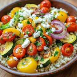 - Couscous and Vegetable Broth - 1 cup couscous - 1 ½ cups vegetable broth - Fresh Vegetables - 1 medium zucchini, diced - 1 bell pepper (any color), chopped - 1 cup cherry tomatoes, halved - 1 small red onion, sliced - Seasonings and Optional Ingredients - 2 tablespoons olive oil - 1 teaspoon garlic powder - 1 teaspoon paprika - Salt and pepper to taste - ¼ cup feta cheese, crumbled (optional) - Fresh parsley, chopped (for garnish) In this recipe, couscous is the star. It cooks fast and soaks up flavors well. The vegetable broth adds a rich taste. Use any broth you like; it can be homemade or store-bought. Next, fresh vegetables bring color and crunch. Zucchini adds a mild taste. Bell peppers come in many colors and add sweetness. Cherry tomatoes burst with juice. Red onion gives a nice zing. Seasonings make the dish pop. Olive oil helps to roast the veggies and adds richness. Garlic powder and paprika give depth. Adjust salt and pepper to your taste. If you love cheese, feta is a great choice. It adds creaminess and tang. Garnish with parsley for a fresh touch. This Roasted Veggie Couscous Bowl is simple yet so flavorful. Check the Full Recipe to get started! Preheating the Oven First, set your oven to 400°F (200°C). Preheating is key for even roasting. It helps veggies cook perfectly. Preparing and Seasoning the Vegetables Grab a large mixing bowl. Add the diced zucchini, chopped bell pepper, halved cherry tomatoes, and sliced red onion. These veggies bring color and taste to your bowl. Drizzle olive oil over them. Then, sprinkle garlic powder, paprika, salt, and pepper. Toss them well so every piece is coated. This step makes the flavors come alive. Techniques for Perfect Roasting Spread the seasoned vegetables on a baking sheet. Make sure they are in a single layer. This helps them roast evenly. Stir the veggies halfway through cooking. This way, they brown nicely on all sides. Ideal Cooking Time and Temperature Roast your veggies for 20-25 minutes. Keep an eye on them. You want them tender and slightly caramelized. The high heat helps develop sweet, rich flavors. How to Properly Cook Couscous While the veggies roast, bring 1 ½ cups of vegetable broth to a boil in a medium saucepan. Once it boils, remove it from the heat. Stir in 1 cup of couscous. Cover the pot and let it sit for 5 minutes. Tips for Fluffing Couscous After 5 minutes, use a fork to fluff the couscous. This makes it light and airy. Avoid clumping by gently separating the grains. Now, your couscous is ready to mix with your roasted veggies. You can find the full recipe at the beginning of this article. To boost flavor, try these seasonings: - Cumin - Lemon zest - Fresh basil - Crushed red pepper These spices add depth and warmth. Fresh herbs are key, too. They brighten your dish. Parsley or cilantro gives a burst of freshness. Always chop herbs just before using them. This keeps their taste strong and vibrant. For the best veggie texture, cut them into even sizes. This helps them cook at the same rate. Aim for 1-inch pieces for even roasting. To avoid soggy veggies, do not overcrowd your baking sheet. Space them out so they roast, not steam. Common mistakes include not preheating the oven. A hot oven ensures a good roast. Also, don’t skip the stirring halfway through. This helps achieve a nice caramelized color. Pair your roasted veggie couscous bowl with protein. Grilled chicken or chickpeas work well. You can also add a dollop of yogurt for creaminess. For creative serving styles, try using bowls or plates with color. A bright dish makes the meal pop. You can also layer the couscous and veggies for a stunning look. This adds height and makes it fun to eat. For the full recipe, check out the instructions above! {{image_2}} You can make this roasted veggie couscous bowl your own. Try adding different vegetables for new flavors. Eggplant and carrots work great. Just chop them up and toss them with the rest. You can also mix in some spinach or kale for extra greens. If you want a vegan option, skip the feta cheese. Use nutritional yeast instead for a cheesy taste. You can also add some tahini for creaminess. This way, you keep it plant-based and tasty. Want to boost protein? Add chickpeas! They’re easy to mix in and tasty too. Just drain and rinse a can, then fold them into the couscous. If you prefer meat, grilled chicken is a great choice. Simply cube cooked chicken and toss it in with the veggies and couscous. For cheese lovers, goat cheese or mozzarella can replace feta. Each choice adds a unique twist. You can serve this dish warm or cold. For warm servings, enjoy it fresh from the oven. The flavors meld beautifully when hot. To make a cold salad, let the bowl cool down after cooking. Chill it in the fridge for about an hour. This makes a refreshing dish, perfect for lunch. Either way, it's delicious! For the complete recipe, check out the Full Recipe section. Best Practices for Refrigeration After making your roasted veggie couscous bowl, let it cool. Place it in an airtight container. This keeps your dish fresh. Store it in the fridge. How Long Can It Last? Your leftover couscous bowl can last for about 3 to 5 days. Keep an eye on any signs of spoilage, like off smells or changes in texture. Best Methods for Reheating for Optimal Flavor Reheat your couscous bowl in the microwave. Use a microwave-safe dish. Add a splash of vegetable broth or water. This helps keep it moist. Heat in short bursts. Stir in between for even warming. Tips for Maintaining Texture When reheating, avoid high heat. This may make the veggies mushy. If you prefer, you can also reheat it on the stove. Use low heat and stir often. How to Freeze Leftovers If you want to freeze your couscous bowl, let it cool first. Place it in a freezer-safe container. Make sure to leave some space for expansion. You can also use freezer bags. Best Practices for Thawing To thaw, move it from the freezer to the fridge overnight. You can also use the microwave. Select the defrost setting. Make sure to stir as it thaws for even heating. If you need a substitute for couscous, you have a few great options. Quinoa is a fantastic choice. It cooks quickly and has a nice nutty flavor. You can also use rice, either white or brown. Both options add a different texture but work well with the veggies. Another option is orzo, which is a small pasta that mimics couscous. Each of these alternatives keeps the dish tasty and fun. Yes, you can definitely make this recipe ahead of time. It is a perfect dish for meal prep. To store it, let the bowl cool completely after cooking. Then, place it in an airtight container. It will keep well in the fridge for about three days. When ready to eat, you can reheat it in the microwave or on the stove. This dish is great for meal prepping. The roasted veggie couscous bowl packs well and tastes even better after a day in the fridge. You can portion it out into meal prep containers. Aim for about one cup per serving. This way, you have easy lunches or dinners ready to go. Plus, it's a great way to eat healthy all week long. You can also mix and match with different veggies or proteins to keep things exciting. For the full recipe, check the previous sections. Roasted veggie couscous bowls offer a delicious way to enjoy healthy eating. We covered key ingredients like couscous, fresh veggies, and seasonings. The step-by-step instructions help ensure perfect roasting and couscous cooking. Don’t forget the tips for flavor and texture improvement. Feel free to customize with different vegetables and proteins. Lastly, we explored storage and reheating techniques to keep meals fresh. Enjoy creating your own variations; there's no end to the tasty combinations you can explore.
