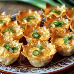 - Wonton wrappers - Cream cheese - Shredded cheddar cheese - Fresh jalapeños - Green onions The main ingredients make these wonton cups rich and tasty. Wonton wrappers hold all the goodness inside. Cream cheese gives a creamy base that blends well with cheddar cheese. Shredded cheddar adds a sharp flavor that pairs perfectly with the heat from fresh jalapeños. I love adding green onions for a fresh taste and a nice crunch. - Garlic powder - Onion powder - Salt and pepper Seasoning is key to elevating flavors. Garlic powder adds depth, while onion powder gives a subtle sweetness. Salt and pepper balance the mix, enhancing the overall taste. Don't skip these simple but essential ingredients! - Sriracha - Additional green onions - Dips like sour cream or avocado lime Garnishes can make your dish pop. A drizzle of sriracha adds a kick on top. More green onions give a fresh finish. Serve with sour cream or avocado lime dip for a creamy contrast. These extras will wow your guests and make the cups even more special. For the full recipe, check out the detailed instructions. - Preheat your oven to 350°F (175°C). - Lightly grease the muffin tin with cooking spray or olive oil. This step is key. Greasing helps the wontons crisp up and not stick. - Gently press a wonton wrapper into each muffin cup. Use your fingers to mold it snugly. This creates a perfect cup for all the cheesy goodness. - In a mixing bowl, combine the cheese mixture. Mix softened cream cheese, shredded cheddar, chopped jalapeños, green onions, garlic powder, onion powder, salt, and pepper. Stir until it blends well. - Spoon the cheese mixture into each wonton cup, filling them generously. Don’t be shy; the more filling, the better! - Bake in the preheated oven for about 15-18 minutes. Look for golden, crispy edges and bubbling cheese. - Once done, remove from the oven and let them cool for a few minutes. This cooling time helps the flavors settle and makes them easier to handle. To make the best wonton cups, start by pressing the wrappers snugly into the muffin tin. This helps them hold their shape. When filling, don’t overstuff. Leave a little room for the cheese to bubble and expand. To ensure a crispy texture, bake them until golden brown. The magic happens when they get crunchy. Use cooking spray or olive oil to grease the muffin tin. This prevents sticking and promotes a nice crisp. If you want less heat, remove the seeds and ribs from the jalapeños. This cuts down the spice significantly. You can also use milder peppers, like green bell peppers, for a similar crunch without the kick. Another option is to mix in some sweet corn or diced red peppers. This adds flavor and softens the heat. For serving, arrange the wonton cups on a colorful platter. This makes them look inviting and fun. You can garnish with additional sliced green onions for a pop of color. Serve them with dips like sour cream or avocado lime dip. This adds a creamy touch and balances the spice. You can also try salsa for a fresh twist. Check the Full Recipe for more details and ideas on how to make these cups stand out! {{image_2}} You can switch up the cheese for a different taste. Try mozzarella for a milder flavor. Alternatively, use pepper jack for extra spice. Adding proteins can make your wonton cups heartier. Crumbled bacon gives a nice crunch and flavor. Diced chicken adds a filling option without overpowering the dish. To make these cups even tastier, mix in some spices or herbs. A pinch of smoked paprika can add a smoky kick. Chopped cilantro or parsley can brighten the flavor. Get creative with the cheese filling. Try adding crumbled feta for a tangy twist. You can also toss in sun-dried tomatoes for a burst of flavor. If you need gluten-free options, look for gluten-free wonton wrappers. They work just as well and taste great. Vegan cream cheese is an excellent swap for this recipe. It keeps the creaminess while catering to different diets. You can also use cashew cheese for a nutty flavor. Explore these variations to make the Spicy Jalapeno Popper Wonton Cups your own! For the full recipe, check out the earlier sections. To store leftovers, place the wonton cups in an airtight container. Make sure they cool completely first. I recommend using glass or plastic containers with tight lids. This keeps them fresh and prevents them from getting soggy. For the best taste, reheat in an oven. Set it to 350°F (175°C). Place the wonton cups on a baking sheet. Heat for about 10 minutes. This method keeps them crispy. If you’re in a hurry, a microwave works too, but they may lose some crunch. You can freeze these before or after baking. If freezing before, assemble them and place them in the freezer. Once frozen, transfer them to a zip-top bag. For after baking, let them cool completely before freezing. Thaw in the fridge overnight. Reheat in the oven for the best results. Store leftover wonton cups in an airtight container. Keep them in the fridge for up to three days. If you want them crispy, avoid stacking them too high. You can also wrap them in plastic wrap for extra protection. Yes, you can prep these cups ahead of time. Assemble the wonton cups and fill them with the cheese mixture. Cover and refrigerate them for up to 24 hours. Bake them fresh when you're ready to serve. Serve the wonton cups with dips like sour cream or guacamole. A fresh salad or crunchy veggies can also complement them well. Pairing with a cold drink can balance the spice nicely. To lower the heat, remove the seeds and membranes from the jalapeños. You can also use fewer jalapeños or substitute them with mild peppers. Mixing in some cream cheese will also help tone down the spiciness. You can find the Full Recipe for Spicy Jalapeno Popper Wonton Cups above in the article. It includes all the ingredients and steps needed to make this tasty snack. These Spicy Jalapeno Popper Wonton Cups are simple and fun to make. You learned about the main ingredients, step-by-step preparation, and ways to add your touch. My tips shared how to make them crispy and delicious, plus alternative ingredients for all tastes. Whether you enjoy them warm or cold, these cups are full of flavor. I hope you feel excited to try this easy snack. They are great for parties or just a snack at home! Enjoy crafting these tasty bites!