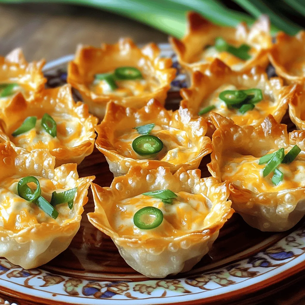 - Wonton wrappers - Cream cheese - Shredded cheddar cheese - Fresh jalapeños - Green onions The main ingredients make these wonton cups rich and tasty. Wonton wrappers hold all the goodness inside. Cream cheese gives a creamy base that blends well with cheddar cheese. Shredded cheddar adds a sharp flavor that pairs perfectly with the heat from fresh jalapeños. I love adding green onions for a fresh taste and a nice crunch. - Garlic powder - Onion powder - Salt and pepper Seasoning is key to elevating flavors. Garlic powder adds depth, while onion powder gives a subtle sweetness. Salt and pepper balance the mix, enhancing the overall taste. Don't skip these simple but essential ingredients! - Sriracha - Additional green onions - Dips like sour cream or avocado lime Garnishes can make your dish pop. A drizzle of sriracha adds a kick on top. More green onions give a fresh finish. Serve with sour cream or avocado lime dip for a creamy contrast. These extras will wow your guests and make the cups even more special. For the full recipe, check out the detailed instructions. - Preheat your oven to 350°F (175°C). - Lightly grease the muffin tin with cooking spray or olive oil. This step is key. Greasing helps the wontons crisp up and not stick. - Gently press a wonton wrapper into each muffin cup. Use your fingers to mold it snugly. This creates a perfect cup for all the cheesy goodness. - In a mixing bowl, combine the cheese mixture. Mix softened cream cheese, shredded cheddar, chopped jalapeños, green onions, garlic powder, onion powder, salt, and pepper. Stir until it blends well. - Spoon the cheese mixture into each wonton cup, filling them generously. Don’t be shy; the more filling, the better! - Bake in the preheated oven for about 15-18 minutes. Look for golden, crispy edges and bubbling cheese. - Once done, remove from the oven and let them cool for a few minutes. This cooling time helps the flavors settle and makes them easier to handle. To make the best wonton cups, start by pressing the wrappers snugly into the muffin tin. This helps them hold their shape. When filling, don’t overstuff. Leave a little room for the cheese to bubble and expand. To ensure a crispy texture, bake them until golden brown. The magic happens when they get crunchy. Use cooking spray or olive oil to grease the muffin tin. This prevents sticking and promotes a nice crisp. If you want less heat, remove the seeds and ribs from the jalapeños. This cuts down the spice significantly. You can also use milder peppers, like green bell peppers, for a similar crunch without the kick. Another option is to mix in some sweet corn or diced red peppers. This adds flavor and softens the heat. For serving, arrange the wonton cups on a colorful platter. This makes them look inviting and fun. You can garnish with additional sliced green onions for a pop of color. Serve them with dips like sour cream or avocado lime dip. This adds a creamy touch and balances the spice. You can also try salsa for a fresh twist. Check the Full Recipe for more details and ideas on how to make these cups stand out! {{image_2}} You can switch up the cheese for a different taste. Try mozzarella for a milder flavor. Alternatively, use pepper jack for extra spice. Adding proteins can make your wonton cups heartier. Crumbled bacon gives a nice crunch and flavor. Diced chicken adds a filling option without overpowering the dish. To make these cups even tastier, mix in some spices or herbs. A pinch of smoked paprika can add a smoky kick. Chopped cilantro or parsley can brighten the flavor. Get creative with the cheese filling. Try adding crumbled feta for a tangy twist. You can also toss in sun-dried tomatoes for a burst of flavor. If you need gluten-free options, look for gluten-free wonton wrappers. They work just as well and taste great. Vegan cream cheese is an excellent swap for this recipe. It keeps the creaminess while catering to different diets. You can also use cashew cheese for a nutty flavor. Explore these variations to make the Spicy Jalapeno Popper Wonton Cups your own! For the full recipe, check out the earlier sections. To store leftovers, place the wonton cups in an airtight container. Make sure they cool completely first. I recommend using glass or plastic containers with tight lids. This keeps them fresh and prevents them from getting soggy. For the best taste, reheat in an oven. Set it to 350°F (175°C). Place the wonton cups on a baking sheet. Heat for about 10 minutes. This method keeps them crispy. If you’re in a hurry, a microwave works too, but they may lose some crunch. You can freeze these before or after baking. If freezing before, assemble them and place them in the freezer. Once frozen, transfer them to a zip-top bag. For after baking, let them cool completely before freezing. Thaw in the fridge overnight. Reheat in the oven for the best results. Store leftover wonton cups in an airtight container. Keep them in the fridge for up to three days. If you want them crispy, avoid stacking them too high. You can also wrap them in plastic wrap for extra protection. Yes, you can prep these cups ahead of time. Assemble the wonton cups and fill them with the cheese mixture. Cover and refrigerate them for up to 24 hours. Bake them fresh when you're ready to serve. Serve the wonton cups with dips like sour cream or guacamole. A fresh salad or crunchy veggies can also complement them well. Pairing with a cold drink can balance the spice nicely. To lower the heat, remove the seeds and membranes from the jalapeños. You can also use fewer jalapeños or substitute them with mild peppers. Mixing in some cream cheese will also help tone down the spiciness. You can find the Full Recipe for Spicy Jalapeno Popper Wonton Cups above in the article. It includes all the ingredients and steps needed to make this tasty snack. These Spicy Jalapeno Popper Wonton Cups are simple and fun to make. You learned about the main ingredients, step-by-step preparation, and ways to add your touch. My tips shared how to make them crispy and delicious, plus alternative ingredients for all tastes. Whether you enjoy them warm or cold, these cups are full of flavor. I hope you feel excited to try this easy snack. They are great for parties or just a snack at home! Enjoy crafting these tasty bites!