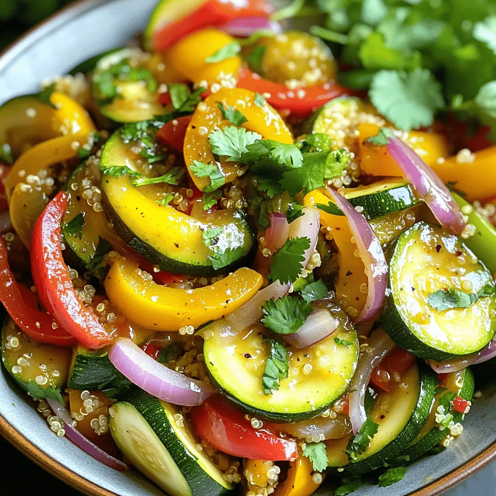 - 2 medium zucchinis - 1 red bell pepper - 1 yellow bell pepper - 1 small red onion - Soy sauce (low sodium) - Sesame oil - Olive oil - Honey or maple syrup - Chili flakes - Fresh cilantro or parsley When I make my zucchini and pepper stir fry, I always start with fresh ingredients. I love how the colors of the red and yellow peppers pop against the green zucchini. The small red onion adds a sweet touch to the mix. Each ingredient brings its own flavor that works together perfectly. For this stir fry, I use low sodium soy sauce. It adds a nice salty taste without being too overpowering. Sesame oil gives a rich, nutty flavor that really shines through. I also use olive oil to sauté the veggies, which helps them cook evenly. If you want to change up the taste, consider adding honey or maple syrup for a hint of sweetness. Chili flakes can bring heat if you enjoy a bit of spice. Fresh cilantro or parsley makes a lovely garnish and adds freshness to the dish. You can find the full recipe to make this colorful and tasty meal. It's quick, easy, and perfect for any night of the week! To slice zucchini, place it on a cutting board. Cut the ends off, then slice it into half-moons. Aim for even pieces to ensure they cook at the same rate. For the peppers, cut them in half, remove the seeds, and then slice them into strips. Mincing garlic is easy. Just smash the cloves with a knife, then chop them into small pieces. To grate ginger, use a fine grater or a microplane. This will give you the best flavor. Start by heating the olive oil in a large skillet over medium-high heat. Once the oil is hot, add the sliced zucchini. Sauté it for about three minutes until it starts to soften. Next, add the sliced red and yellow bell peppers along with the sliced red onion. Stir-fry these veggies for another four to five minutes until they are tender-crisp. After the veggies are cooked, stir in the minced garlic and grated ginger. Cook these for one to two minutes until fragrant. In a separate bowl, mix the soy sauce, sesame oil, honey or maple syrup, and chili flakes if you want some heat. Pour this sauce over the sautéed veggies, tossing everything to coat evenly. Cook for another minute, allowing the sauce to heat through. Adjust the seasoning with salt and pepper to taste. For more details, refer to the Full Recipe. To get tender-crisp veggies, cut them evenly. This helps them cook at the same rate. Use high heat when stir-frying. The heat cooks the veggies quickly, sealing in flavors. A hot skillet or wok gives you that perfect char and keeps the veggies crisp. Add the zucchini first, as it takes longer to cook. After a few minutes, toss in the peppers and onion. This way, all veggies finish cooking together. Stir-fry for just enough time to keep bright colors. Overcooked veggies lose their beautiful look and crunch. For extra flavor, try adding spices like cumin or turmeric. You can also toss in a splash of lime juice for a fresh twist. Serve with sauces like teriyaki or sweet chili for a tasty finish. These additions can elevate your dish and make it exciting. {{image_2}} You can mix in many seasonal vegetables for added flavor and nutrients. Try adding sliced carrots, snap peas, or broccoli. These veggies bring different textures and tastes to your stir fry. You can also use frozen vegetables when you're short on time. They are already prepped and can save you a lot of work. Just toss them in when you add the fresh veggies. To make your stir fry heartier, consider adding proteins like chicken, shrimp, or tofu. If you use chicken, cut it into small pieces. Sauté it first until it’s cooked through, then add your vegetables. For shrimp, add them toward the end of cooking. They only need a few minutes to turn pink and tender. Tofu can be cubed and added at the same time as the veggies. This way, it absorbs all the great flavors. If you want a plant-based meal, stick with vegetables and tofu. Use gluten-free soy sauce to keep it safe for those with gluten sensitivities. Coconut aminos is another great option. It has a sweet taste that works well in this dish. You can also skip the honey and use maple syrup to keep it vegan. With these tweaks, your stir fry will be delicious and inclusive for all diets. For the complete recipe, check out the Full Recipe section. Store your zucchini and pepper stir fry in the fridge. Use airtight containers to keep it fresh. This helps maintain the flavor and texture. I recommend glass containers, as they do not stain or retain odors. To freeze the stir fry, let it cool completely first. Then, place it in freezer-safe bags or containers. Remove as much air as possible to prevent freezer burn. When ready to enjoy, thaw it overnight in the fridge. Reheat in a pan over medium heat to restore its deliciousness. The stir fry lasts about 3-4 days in the fridge. Always check for signs of spoilage. Look for off smells or a slimy texture. If you see any of these, it's best to throw it out. For frozen stir fry, use it within 2-3 months for the best taste. Yes, you can make this dish in advance. Prepare the stir fry and let it cool. Store it in an airtight container in the fridge for up to three days. When you’re ready to eat, simply reheat it in a skillet over low heat. Stir it well to warm evenly. You can also use the microwave for a quick option. Just be careful not to overcook the veggies when reheating. This stir fry pairs well with many sides. Here are some great options: - Steamed rice (white or brown) - Quinoa for a protein boost - Cauliflower rice for a low-carb choice - Noodles for a heartier meal Feel free to mix and match to suit your taste. Yes, this recipe is quite healthy! Here’s a breakdown of its benefits: - Zucchini is low in calories and high in vitamins. - Bell peppers are rich in vitamin C and antioxidants. - Garlic and ginger offer anti-inflammatory properties. - Using low-sodium soy sauce cuts down on salt. This dish is colorful, tasty, and full of nutrients. Perfect for a light meal! This blog post covered how to make a delicious zucchini and pepper stir fry. We discussed fresh ingredients, pantry staples, and optional add-ins for flavor. I also shared step-by-step instructions on preparing vegetables and cooking them. Tips for perfecting your stir fry and various ways to customize it were provided. Storing leftovers correctly ensures you enjoy the dish later. With a bit of practice, you can create a healthy meal that suits your taste. Enjoy your stir fry adventure and keep experimenting with flavors!
