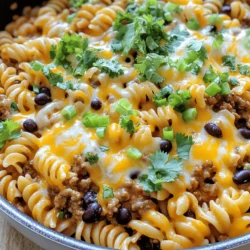 - 2 cups uncooked pasta - 1 pound ground beef or turkey - 1 packet taco seasoning - 1 can (15 oz) diced tomatoes with green chilies - 1 can (15 oz) black beans, rinsed and drained - 1 cup corn (fresh or frozen) - 2 cups beef or chicken broth - 1 cup shredded cheddar cheese - 1 cup shredded Monterey Jack cheese - 1 tablespoon olive oil - Salt and pepper to taste - Fresh cilantro or green onions for garnish When I make Cheesy Taco Pasta Skillet, I gather all my ingredients first. This makes cooking smooth and fun. I love using any pasta shape, but I often choose shells or penne. The ground meat is the star, so I pick either beef or turkey based on what I have. Taco seasoning adds great flavor, and the tomatoes bring a nice kick. Black beans and corn add fiber and color. I always make sure to rinse the beans to keep them fresh. I use broth instead of water for a richer taste. Cheeses are key; I mix cheddar and Monterey Jack for creaminess. Olive oil keeps the meat from sticking. I season with salt and pepper to enhance all the flavors. I like to add fresh cilantro or green onions at the end for a bright touch. For the full recipe, check out the instructions later. Happy cooking! To start, gather all your ingredients. This makes cooking easier and faster. You will need pasta, ground beef, taco seasoning, diced tomatoes, black beans, corn, broth, cheese, olive oil, salt, and pepper. Having everything ready helps you stay organized. 1. Heat the olive oil in a large skillet over medium heat. 2. Add the ground beef and season it with salt and pepper. 3. Cook the meat until it turns brown, about 5-7 minutes. Use a spoon to break it apart. 4. Mix in the taco seasoning and let it cook for 1-2 minutes. This helps the spices bloom. 5. Pour in the diced tomatoes, black beans, corn, and broth. Stir everything to mix well. 6. Bring the mixture to a boil. Then add the uncooked pasta. 7. Lower the heat to a simmer and cover the skillet. Cook according to the pasta package, usually about 10-12 minutes. 8. Check if the pasta is al dente and most of the liquid is absorbed. 9. Once cooked, reduce the heat to low. Stir in the cheddar and Monterey Jack cheese until melted and creamy. Taste your dish and adjust the seasoning if needed. Add more salt or pepper if you like. Turn off the heat and let it sit for a couple of minutes. This helps it thicken a bit. Serve your cheesy taco pasta hot. Top it with fresh cilantro or chopped green onions for extra flavor. Enjoy your meal! For the full recipe, check out the provided link. To boost the cheese factor, add more cheese! You can mix in an extra cup of shredded cheese right before serving. Try using a blend of cheeses for more flavor. Mixing cheeses can create a creamier and richer taste. Consider using pepper jack for a bit of heat or cream cheese for extra creaminess. Timing is key for perfect pasta. Always cook your pasta al dente. This means it should be firm to the bite. If you cook it too long, it can become mushy. Follow the package directions closely. Stir the pasta occasionally while it cooks to prevent sticking. Adding a pinch of salt to the water helps flavor the pasta. To make your taco pasta even tastier, consider adding fresh lime juice. A squeeze of lime brightens the dish. You can also toss in fresh herbs like cilantro or parsley for extra flavor. Try adding jalapeños for heat or diced bell peppers for sweetness. If you prefer a smokier taste, use smoked paprika or chipotle powder. These small tweaks can give your dish a unique twist. For the full recipe, check out the Cheesy Taco Pasta Skillet recipe. {{image_2}} You can easily turn this dish into a vegetarian meal. Instead of using ground beef or turkey, try black beans or lentils. These options are packed with protein. For added flavor, mix in diced bell peppers and zucchini. Use vegetable broth instead of chicken or beef. The taco seasoning brings all the flavors together. This version is just as cheesy and satisfying! If you need a gluten-free option, swap regular pasta for gluten-free pasta. There are many types available, like rice or quinoa pasta. Make sure to check the taco seasoning to ensure it's gluten-free. You can use corn tortillas, chopped into strips, instead of pasta for a fun twist. This simple change allows everyone to enjoy the meal without worry. For those who love heat, spice things up! Add chopped jalapeños or red pepper flakes to the skillet. You can also mix in diced chipotle peppers for a smoky flavor. Consider using pepper jack cheese instead of cheddar for extra kick. This spicy version will make your taste buds tingle. Enjoy the bold flavors while keeping it easy and fun! You can find the full recipe above and explore these variations for your next family meal. To store your cheesy taco pasta, let it cool. Place it in an airtight container. This keeps it fresh for three to four days in the fridge. Make sure to cover it well, so it does not dry out. Keeping it in smaller portions helps with quick meals later. When you're ready to eat your leftovers, you can reheat them easily. Use the microwave for quick heating. Put your pasta in a bowl and cover it with a lid or wrap. Heat for one to two minutes, stirring halfway through. If you want to use the stove, warm it in a skillet over medium heat. Add a splash of broth or water to keep it moist. You can freeze this dish for later meals as well. Use a freezer-safe container and store it for up to three months. To serve later, thaw it overnight in the fridge. Reheat as mentioned above. This way, you can enjoy your cheesy taco pasta whenever you want! Check the full recipe for more details on making this delicious dish. Yes, you can use any pasta shape you like. Penne, rotini, or even shells work well. Each type adds its own texture and fun. Just make sure to adjust the cooking time based on the pasta you choose. Follow the package instructions for best results. You can make this dish lighter by swapping ground beef for lean turkey or chicken. Use whole wheat or veggie pasta for added nutrients. You can also add more vegetables, like bell peppers or zucchini. These simple swaps keep flavor while boosting health. Yes, this dish is great for meal prep. You can cook it and store it in the fridge for about three days. Just reheat it on the stove or in the microwave. If you want to freeze it, let it cool first. Store in an airtight container. Enjoy it later for an easy meal. For the full recipe, check the details above! Cheesy taco pasta skillet is an easy and tasty meal. You saw the key ingredients, how to cook them, and tips to make it tastier. Remember, you can also try veggie or spicy versions for a twist. Storing leftovers is simple, so you can enjoy this dish later. With these steps and tricks, making a cheesy meal becomes fun and rewarding. Enjoy serving it to family or friends. I hope you feel ready to make your own cheesy taco pasta skillet!
