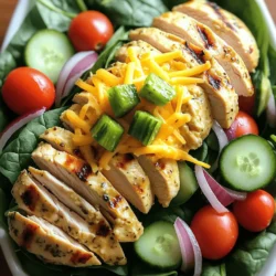 Here’s what you need for your Pickle Ranch Chicken and Spinach Salad. Each item adds great taste. - 2 boneless, skinless chicken breasts - 1 cup pickle juice (dill) - 1 tablespoon ranch seasoning mix Marinating the chicken in pickle juice adds a tangy punch. The ranch seasoning gives it a nice, herby flavor. - 4 cups fresh spinach, washed and dried - 1 cup cherry tomatoes, halved - 1/2 cup cucumber, thinly sliced - 1/4 red onion, thinly sliced - 1/2 cup shredded cheddar cheese - 1/4 cup pickles, diced (optional for garnish) These veggies bring color and crunch to your salad. Spinach is packed with nutrients. - 1/4 cup olive oil - 2 tablespoons apple cider vinegar - Salt and pepper to taste This simple dressing ties all the flavors together. It’s easy to make and tastes fresh. For the full recipe, check the earlier sections. Get ready to enjoy a tasty salad! To start, place the chicken breasts in a medium bowl. Pour in the pickle juice, making sure the chicken is fully covered. Marinating enhances the flavor and keeps the chicken juicy. Let the chicken sit in the pickle juice for at least 30 minutes. This time allows the tangy flavor to soak in well. For cooking, you can either grill or use a skillet. Preheat your grill or skillet over medium heat. Remove the chicken from the pickle juice. Season it with ranch seasoning, salt, and pepper. Cook the chicken for 6-7 minutes on each side. You want the internal temperature to reach 165°F (75°C) for safety. After cooking, let the chicken rest for 5 minutes before slicing. This resting time helps keep the juices inside. Now, let’s make the salad. In a large bowl, add the fresh spinach, halved cherry tomatoes, sliced cucumber, and red onion. Make sure to wash and dry the spinach well. This step removes any dirt and keeps the leaves crisp. Combine all the vegetables gently. This ensures even distribution and a colorful mix. For the complete recipe, check out the [Full Recipe]. To make your chicken burst with flavor, marinate it well. Use pickle juice for at least 30 minutes. You can also try lemon juice or yogurt for a tangy twist. Adding garlic powder or smoked paprika can enhance the taste. Fresh herbs like thyme or rosemary work great too. Want to make your salad unique? Add more veggies! Try bell peppers, carrots, or radishes for color and crunch. You can also swap in different proteins. Grilled shrimp or tofu are tasty choices. Rotisserie chicken is a quick fix if you're in a hurry. Feeling adventurous? Change up your dressing! A balsamic vinaigrette gives a sweet touch. If you want creamy, mix Greek yogurt with ranch dressing. Just blend yogurt, a splash of lemon juice, and dill. This makes a lighter but still rich option for your salad. For the full recipe, check out the recipe section above. {{image_2}} You can change the veggies in your salad based on the season. In spring, add asparagus or radishes for a fresh crunch. Summer is great for sweet corn or bell peppers. In fall, think about roasted butternut squash or carrots. Winter calls for hearty greens like kale or Brussels sprouts. Fruits can add a sweet twist to your salad. In spring, toss in sliced strawberries or blueberries. Summer works well with peaches or watermelon. Come fall, add apples or pears to bring in some sweetness. In winter, try pomegranate seeds for a burst of color and flavor. If you're looking for gluten-free options, this salad is easy to adjust. Just check the ranch seasoning mix. Make sure it’s gluten-free. All the other ingredients are naturally gluten-free. For a vegetarian or vegan option, swap the chicken with chickpeas or grilled tofu. You can still use the pickle juice for flavor. Just skip the ranch seasoning or find a plant-based version. This way, you keep the taste without the meat. To make this meal even better, think about side dishes. Serve it with garlic bread or a bowl of soup. A light fruit salad goes well too. You can also transform your salad into a wrap or sandwich. Use a large tortilla or bread. Fill it with salad and sliced chicken. Roll it up for a tasty lunch on the go. To keep your Pickle Ranch Chicken and Spinach Salad fresh, use airtight containers. Glass or plastic containers work well. Make sure to seal them tightly. Store the leftovers in the fridge. They will stay fresh for 3 days. After that, the salad may become soggy. For meal prep, start by cooking extra chicken. You can marinate and grill several chicken breasts at once. Store them in separate containers with some pickle juice. Portion your salad ingredients into ready-to-go bags. This makes it easy to grab and toss together later. It keeps everything fresh and tasty. When reheating, warm the chicken in a skillet or microwave. Heat it until it reaches 165°F (75°C). Avoid reheating the salad. Instead, keep it cold and crisp. Add the chicken on top just before serving. This helps maintain the salad’s fresh taste and texture. You can marinate the chicken for up to 4 hours. This gives it great flavor. If you marinate for too long, the chicken may become too salty or mushy. I recommend sticking to 30 minutes to 4 hours for the best taste and texture. Yes, you can use other greens! Some great alternatives are arugula, kale, or mixed greens. Each green adds a different taste and texture to the salad. Try using a mix for added fun. This salad pairs well with many dishes. You might enjoy serving it with garlic bread or a light soup. For a more filling meal, consider adding rice or quinoa on the side. These options balance the salad nicely. Yes, you can make this salad ahead! To keep it fresh, store the chicken and salad separately. This helps prevent soggy greens. You can dress the salad just before serving for the best taste. This article shared a clear path to making a tasty Pickle Ranch Chicken and Spinach Salad. We covered key ingredients and step-by-step instructions for marinating and cooking the chicken. You learned how to build a colorful salad and customize it to your liking. I hope the tips on storage and variations make meal prep easier. Enjoy your fresh salad and feel proud of your cooking! Happy eating!