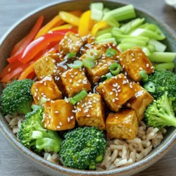 - 1 block firm tofu, pressed and drained - 1/4 cup soy sauce (or tamari for gluten-free) - 1/4 cup maple syrup - 2 tablespoons rice vinegar - 1 tablespoon sesame oil - 1 tablespoon cornstarch - 2 cups cooked brown rice (or quinoa) - 1 cup broccoli florets - 1 cup bell peppers, sliced (red, yellow, or orange for color) - 1 carrot, julienned - 2 green onions, sliced - Sesame seeds for garnish Gathering the right ingredients is key for a tasty meal. The firm tofu gives a nice base. It absorbs flavors well. The soy sauce or tamari adds depth. Maple syrup brings sweetness to balance the saltiness. Rice vinegar adds a tangy kick. Sesame oil gives a nutty taste. You might want to coat the tofu in cornstarch. This helps create that crispy texture we love. When it comes to veggies, choose colorful ones. They not only look good but also taste great. Broccoli, bell peppers, and carrots offer crunch and nutrients. The green onions and sesame seeds on top add a nice finish. For the full recipe, check out the instructions. They guide you step-by-step to make this healthy meal. Enjoy the process and the delicious results! First, cut the tofu into small cubes. This helps it absorb the flavors. Next, mix soy sauce, maple syrup, rice vinegar, and sesame oil in a bowl. Then, marinate the tofu cubes in this mix for at least 30 minutes. This step makes the tofu tasty. Preheat the oven to 400°F (200°C). After marinating, toss the tofu cubes in cornstarch. This will help them get crispy. Place the coated cubes on a baking sheet lined with parchment paper. Bake for 25-30 minutes, flipping halfway. The tofu should be golden and crunchy. In a large pan, add a splash of vegetable oil over medium heat. Once hot, add broccoli, bell peppers, and carrot. Cook for 5-7 minutes. You want them to be tender but still bright in color. This keeps the veggies fresh and alive. Once the tofu is ready, take it out of the oven. Add the crispy tofu to the sautéed vegetables. Pour any extra teriyaki marinade over the mix. Stir it all well and let it heat for an additional 2 minutes. This ensures every bite is packed with flavor. Divide your cooked brown rice into serving bowls. Top each bowl with the teriyaki tofu and vegetable mix. Make sure to fill each bowl nicely. This is the time to get creative with how you present it. Finish your bowls with a sprinkle of sesame seeds and sliced green onions. This adds a nice crunch and color. It also makes the dish look fancy and inviting. Enjoy your beautiful, tasty bowls! For the complete process, check the Full Recipe. To get the best crispiness, marinate the tofu well. Cut the pressed tofu into cubes. Mix soy sauce, maple syrup, rice vinegar, and sesame oil in a bowl. Make sure the tofu soaks in this marinade for at least 30 minutes. This step adds flavor and helps with texture. After marinating, toss the tofu cubes in cornstarch. This coating helps create a crunchy outside when baked. Preheat the oven to 400°F (200°C). Place the tofu on a baking sheet lined with parchment paper. Bake for 25-30 minutes, flipping halfway through. This technique ensures your tofu turns golden brown and crispy. To keep your vegetables vibrant and crunchy, cook them quickly. Heat a splash of vegetable oil in a large pan over medium heat. Add the broccoli, bell peppers, and carrots. Sauté for 5-7 minutes. This method keeps the colors bright and the textures appealing. Using seasonal vegetables also enhances freshness. Look for what’s in season. Fresh vegetables will give your bowl added flavor and nutrition. You can customize the teriyaki sauce to suit your taste. Adjust the sweetness by adding more maple syrup or use honey if you prefer. For a bit of heat, try adding red pepper flakes. This adds a nice kick to your dish. Also, consider adding spices and herbs. A pinch of garlic powder or freshly chopped ginger can elevate the flavor. These small tweaks make your crispy teriyaki tofu bowls truly your own. For the full recipe, check the section above. {{image_2}} You can swap tofu for tempeh or chickpeas. Tempeh offers a denser texture and nutty flavor. It works well in the teriyaki sauce. Chickpeas bring a different taste and are packed with protein. You can roast them for added crunch. Other tofu preparations include silken tofu, which creates a creamier sauce. Just keep in mind to adjust cooking times. Feel free to mix in other vegetables. Snap peas, zucchini, and mushrooms add great flavor. Seasonal ingredients can elevate your bowl. In spring, try asparagus or fresh peas. In fall, use root veggies like sweet potatoes or butternut squash. They all pair well with the teriyaki sauce. Pair your crispy teriyaki tofu bowls with side dishes. A simple cucumber salad adds freshness. You can also serve it with steamed edamame or miso soup for a full meal. To enhance the dish, try different sauces or dips. A spicy sriracha or creamy peanut sauce can add a nice kick. For more ideas, check out the Full Recipe! To keep your crispy teriyaki tofu bowls fresh, place leftovers in an airtight container. This helps maintain flavor and texture. Store the bowls in the fridge for up to three days. After that, the tofu may lose its crispiness and flavor. When reheating, you can use the oven or a skillet. If using the oven, set it to 350°F (175°C) and heat for about 10 minutes. In a skillet, add a touch of oil and heat over medium heat. Stir gently to warm the tofu and veggies. Avoid cooking too long to prevent sogginess. Yes, you can freeze crispy tofu! However, the texture may change. To freeze, let the tofu cool completely. Then, place it in a freezer-safe bag or container. Remove as much air as possible. This helps keep it crisp. You can freeze the tofu for up to two months. When ready to eat, thaw in the fridge overnight before reheating. The best tofu for crispy teriyaki tofu bowls is firm or extra-firm tofu. This type holds its shape well when cooked and crisps up nicely. Soft or silken tofu can break apart and won't give the same texture. Always press and drain your tofu to remove excess water. This step is key for achieving that perfect crunch. To get extra crispy tofu, marinate it first. After marinating, coat the tofu cubes in cornstarch. This creates a nice crust when baking. Also, bake the tofu at a high temperature, like 400°F (200°C). Flip the cubes halfway through baking for even crispness. The longer you bake, the crispier it gets, but watch it closely to avoid burning. Yes, this recipe is already vegan! The main ingredients, like tofu and maple syrup, are plant-based. Use tamari instead of soy sauce if you need a gluten-free version. This way, you can enjoy a tasty meal that fits your dietary needs without any animal products. Some great side dishes to pair with teriyaki tofu bowls include: - Edamame - Seaweed salad - Pickled vegetables - Steamed dumplings - Miso soup These sides add more flavor and texture to your meal. They also complement the dish well and enhance the overall experience. You can store leftover crispy teriyaki tofu bowls in the fridge for about three to four days. Keep the tofu and vegetables in an airtight container to maintain freshness. If you have extra teriyaki sauce, keep that separate to prevent sogginess. Reheat in the oven or microwave until heated through. Enjoy your tasty meal again! For the full recipe, check out the Crispy Teriyaki Tofu Bowls section. In this post, we explored how to make delicious teriyaki tofu bowls. We discussed key ingredients like firm tofu, soy sauce, and maple syrup. You learned step-by-step instructions for preparing, cooking, and assembling the bowl. I shared tips for perfecting the tofu's crispiness and suggested various ingredient substitutions. Finally, we covered storage methods and answered common questions. Enjoy creating this tasty dish that is both healthy and versatile!