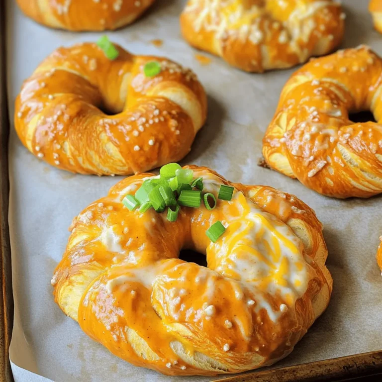 To make Buffalo Ranch Pretzels, you need some simple ingredients that pack a punch. Here’s what you will need: - 1 cup warm water (110°F) - 1 packet (2 1/4 tsp) active dry yeast - 1 tablespoon granulated sugar - 2 cups all-purpose flour - 1 teaspoon salt - 1/4 cup baking soda - 1/2 cup buffalo sauce - 1 tablespoon ranch seasoning mix - 1/2 cup shredded cheddar cheese - 1 tablespoon olive oil (for brushing) - Optional: chopped green onions for garnish These ingredients create a tasty snack that is easy to make. The warm water activates the yeast. The sugar feeds the yeast and helps the dough rise. The flour gives the pretzels their chewy texture. Buffalo sauce and ranch seasoning add flavor. Shredded cheddar cheese gives a creamy touch. Olive oil adds a nice gloss when brushed on top. Feel free to add chopped green onions for a fresh crunch. You can find the full recipe for these pretzels in the recipe section. Enjoy making this fun snack that everyone will love! 1. Combine water, yeast, and sugar: In a large mixing bowl, pour in 1 cup of warm water. Add 1 packet of yeast and 1 tablespoon of sugar. Let it sit for about 5 minutes. You will see bubbles forming. This shows the yeast is alive. 2. Mix in flour and salt: Stir in 2 cups of all-purpose flour and 1 teaspoon of salt. Mix well until the dough starts to form. 3. Knead the dough until smooth: Take the dough out and knead it on a floured surface. You want it smooth, which takes about 5-7 minutes. 1. Let the dough rise: Put the dough in a greased bowl. Cover it with a damp cloth. Let it rise in a warm spot for about 30 minutes. The dough will double in size. 2. Preheat oven and line baking sheet: While the dough rises, preheat your oven to 425°F (220°C). Line a baking sheet with parchment paper to prevent sticking. 3. Shape dough into pretzels: After the dough has risen, punch it down. Divide it into 8 equal pieces. Roll each piece into a rope about 12 inches long. Twist and shape it into a pretzel. 1. Boil pretzels in baking soda water: In a large pot, bring 4 cups of water to a boil. Add 1/4 cup of baking soda carefully. Put each pretzel in the boiling water for about 30 seconds. This step helps make them chewy. 2. Brush with buffalo and ranch mixture: In a small bowl, mix 1/2 cup of buffalo sauce and 1 tablespoon of ranch seasoning. Brush this mixture over the pretzels. Sprinkle 1/2 cup of shredded cheddar cheese on top for extra flavor. 3. Bake and finish with olive oil: Place the pretzels on the baking sheet. Bake for 12-15 minutes until they are golden brown. When done, remove them and brush with 1 tablespoon of olive oil while still warm. For the complete recipe, refer to the section above. Enjoy your delicious Buffalo Ranch Pretzels! - Importance of water temperature: Use warm water at 110°F. This helps activate the yeast. Cold water will slow down the yeast growth. Hot water can kill the yeast. - Kneading tips for perfect texture: Knead the dough for about 5-7 minutes. This creates a smooth and elastic texture. Use a lightly floured surface to prevent sticking. If the dough feels too sticky, add a little more flour. - How to achieve golden-brown pretzels: Bake at 425°F for 12-15 minutes. Keep an eye on them. They should turn a nice golden color. - Tips for even baking: Space the pretzels apart on the baking sheet. This ensures hot air circulates around each one. Rotate the baking sheet halfway through for even heat. - Adjusting spice level of buffalo sauce: If you like heat, use more buffalo sauce. For a milder taste, reduce the amount. You can also mix in some honey for sweetness. - Additional toppings for extra flavor: Try adding garlic powder or herbs to the dough. After baking, sprinkle more cheese or fresh herbs on top. Chopped green onions add a nice crunch and color. These tips will help you make the best Buffalo Ranch Pretzels. For the complete recipe, check the section titled Full Recipe. {{image_2}} You can easily change the taste of Buffalo Ranch Pretzels. Try adding garlic powder or fresh herbs to the dough. This will give your pretzels more flavor. You can also switch up the cheese. Use pepper jack for a spicy kick or mozzarella for a milder taste. These small changes can make a big difference. If you want a quicker option, try making these pretzels in an air fryer. It cuts down on cooking time and still gives you a tasty snack. For those who need a gluten-free option, substitute regular flour with a gluten-free blend. Just make sure it has xanthan gum to help with the texture. Buffalo Ranch Pretzels are great on their own, but they shine with dips. Serve them with extra ranch or some blue cheese for a creamy touch. These pretzels make perfect snacks for parties or gatherings. They are easy to share and always a hit with friends and family. Enjoy creating your own fun variations! Check out the Full Recipe for more ideas. To keep your Buffalo Ranch Pretzels fresh, place them in a container. Make sure the container has a tight lid. If you plan to eat them in a few days, store them in the fridge. This keeps them moist and tasty. For longer storage, you can freeze the pretzels. Wrap each pretzel in plastic wrap. Then place them in a freezer bag. Be sure to remove any extra air. This helps prevent freezer burn and keeps them fresh. When you want to enjoy your pretzels again, you can reheat them. The best ways to reheat are in an oven or an air fryer. Preheat the oven to 350°F (175°C). Place the pretzels on a baking sheet and warm for about 5-8 minutes. If you use an air fryer, set it to 350°F (175°C) and heat for about 3-5 minutes. To keep them crispy, don’t cover the pretzels while reheating. This way, they stay crunchy and delicious. Buffalo Ranch Pretzels stay good for about 3-4 days in the fridge. If you freeze them, they can last for up to 3 months. Signs that your pretzels have gone bad include a stale smell or mold. If they feel very hard or have an off taste, it's best to toss them. Enjoy these snacks within their freshness window for the best flavor. For the best flavor, I recommend brands like Frank’s RedHot and Crystal. They are popular and provide a perfect balance of heat and flavor. If you want to make your own, mix hot sauce with melted butter. This will give you a rich and tasty sauce that matches your spice level. Yes, you can prepare these pretzels in advance. Make the dough and shape it into pretzels. Store them in the fridge for up to 24 hours. When you are ready to bake, just let them sit at room temp for 30 minutes before boiling. For previously baked pretzels, store them in an airtight container. Reheat them in the oven at 350°F for about 10 minutes. This will keep them crispy and warm. You can find pre-made Buffalo Ranch Pretzels at many grocery stores. Look for them in the snack aisle or the frozen section. Retailers like Walmart and Target often carry them. If you want to buy in bulk, consider online options like Amazon. This way, you can stock up for parties or game days. For the complete recipe, check the earlier section of this article. You’ll find all the steps to make delicious Buffalo Ranch Pretzels. Making Buffalo Ranch Pretzels is fun and tasty. We covered all the ingredients needed for perfect pretzels. I shared step-by-step instructions, so you can easily follow along. Plus, I offered tips to enhance your dough and baking. Exploring different flavor options adds to the fun. Proper storage ensures your pretzels stay fresh longer. With this knowledge, you’re ready to impress at your next gathering. Enjoy these treats and let your creativity shine!
