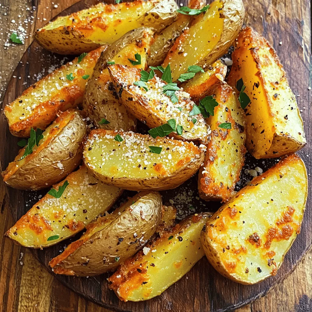 - 4 large russet potatoes - 1 cup grated Parmesan cheese - 1/4 cup olive oil - 1 tablespoon garlic powder - 1 tablespoon onion powder - 1 teaspoon smoked paprika - 1 teaspoon dried oregano - Salt and black pepper to taste - Fresh parsley, chopped (for garnish) For this crispy Parmesan potato wedges recipe, the main ingredients are simple yet essential. The russet potatoes provide a fluffy inside while the Parmesan adds a rich flavor. You want to choose large russet potatoes for the best results. The marinade is key to infusing flavor. I use olive oil, garlic powder, and onion powder. This blend makes the wedges taste amazing before they even hit the oven. Seasoning is where the magic continues. Smoked paprika adds warmth, while dried oregano gives a fresh note. Don't forget to season with salt and black pepper to enhance all those flavors! Lastly, fresh parsley is a lovely touch. It makes the dish pop visually and adds a hint of freshness. If you want the full recipe with detailed steps, check out the [Full Recipe]. 1. Preheat your oven to 425°F (220°C). Line a baking sheet with parchment paper. This helps prevent sticking and makes for easy cleanup. 2. Wash the potatoes thoroughly under cold water. Cut each potato into wedges, making sure to leave the skin on for extra crunch. 1. In a large bowl, combine 1/4 cup olive oil, 1 tablespoon garlic powder, 1 tablespoon onion powder, 1 teaspoon smoked paprika, 1 teaspoon dried oregano, salt, and black pepper. Mix well until all spices blend together. 2. Add the potato wedges to the bowl. Toss them in the marinade until they are evenly coated. Make sure each wedge gets a good amount of flavor. 1. In a separate shallow dish, spread out 1 cup of grated Parmesan cheese. This will give the wedges that crispy, cheesy finish. 2. Take each potato wedge and dredge it in the Parmesan cheese. Press lightly to ensure the cheese sticks well. 3. Arrange the coated wedges in a single layer on the prepared baking sheet. Make sure they are not touching to allow for maximum crispiness. 4. Bake in the preheated oven for 30-35 minutes. Flip the wedges halfway through to get an even golden brown color. 5. Once baked, remove them from the oven and let them cool for a few minutes. Garnish with fresh chopped parsley before serving. For the complete recipe, check out the [Full Recipe]. Enjoy your crispy Parmesan potato wedges! To get your potato wedges crispy, space them well on the baking sheet. If the wedges touch, they steam instead of crisping. Aim for a single layer. This allows hot air to circulate and makes each wedge golden and crunchy. Flipping the wedges halfway through baking is also key. This step helps both sides cook evenly. Use a spatula to turn them gently, ensuring you don’t break them. Want to kick up the flavor? Add spices like cayenne pepper or Italian seasoning for a twist. You can also try smoked paprika for a unique taste. Fresh herbs like rosemary or thyme can add a fresh touch. Sprinkle them on top right before serving for a burst of flavor. Using the right kitchen tools makes a big difference. For baking sheets, choose heavy-duty ones. They hold heat well, helping your wedges crisp up nicely. When cutting your potatoes, a sharp knife is your best friend. It allows you to cut even wedges, which cook evenly. A sturdy cutting board also helps keep everything safe and steady while you work. For the full recipe, refer to the original guide provided earlier. {{image_2}} You can change the cheese for your potato wedges. Cheddar adds a sharp taste. Try mozzarella for a creamy, melt-in-your-mouth feel. Mixing cheeses is fun too! Combining Parmesan with cheddar gives a rich, bold flavor. You can create your own special blend by using what you have at home. Want to spice things up? Add chili powder for a kick! This makes the wedges bold and exciting. You can also use herbs like rosemary or thyme. These herbs give a fresh taste and make your wedges smell amazing. Mixing flavors makes every bite different and fun! Pair your crispy wedges with dips. Ketchup is a classic, but try ranch or garlic aioli for a twist. Serving them with burgers or grilled chicken makes a great meal. You can even serve these wedges as a snack at parties. They are perfect for sharing, and everyone will love them! For the full recipe, check out the complete instructions above. To keep your crispy Parmesan potato wedges fresh, store them in the fridge. Use an airtight container to lock in flavor and texture. Place a paper towel in the container to absorb any moisture. This helps keep them crispy longer. When reheating, the oven is best. Preheat it to 400°F (200°C). Place the wedges on a baking sheet and heat for about 10-15 minutes. This method keeps them crispy. If you use a microwave, they may turn soft. So, avoid the microwave if you can. You can freeze cooked wedges. Just let them cool first. Then, place them in a freezer bag. Remove as much air as possible. This helps prevent freezer burn. If you want to freeze raw, marinated wedges, you can do that too. Just make sure to use a freezer-safe bag. Yes, you can make these potato wedges ahead of time. To prepare, follow the steps until you coat the wedges in Parmesan cheese. Place the coated wedges on a baking sheet, cover with plastic wrap, and store them in the fridge. You can keep them there for up to 24 hours. When you're ready, bake them straight from the fridge. This way, you save time and enjoy fresh, crispy wedges. If you don’t have Parmesan cheese, don’t worry! You can use other cheeses like cheddar or mozzarella. For a dairy-free option, try nutritional yeast. It gives a cheesy flavor without the dairy. Another option is to use a mix of breadcrumbs and spices for a crunchy topping. Each choice will change the taste a little, but they all work great! You can tell when the wedges are done by looking for a golden-brown color. The outside should be crispy, and a fork should easily pierce the potato. If they feel soft inside and crispy outside, they are ready. Baking time may vary, so keep an eye on them during the last few minutes. This blog post covered how to make tasty potato wedges using simple ingredients. You learned how to prepare the potatoes, mix the marinade, and bake them to perfect crispiness. I shared tips for flavoring and storing leftovers, plus fun ways to change up the recipe. Remember, making these wedges is easy and fun. With a few tweaks, you can impress your family and friends. Enjoy your cooking adventure and savor every bite!