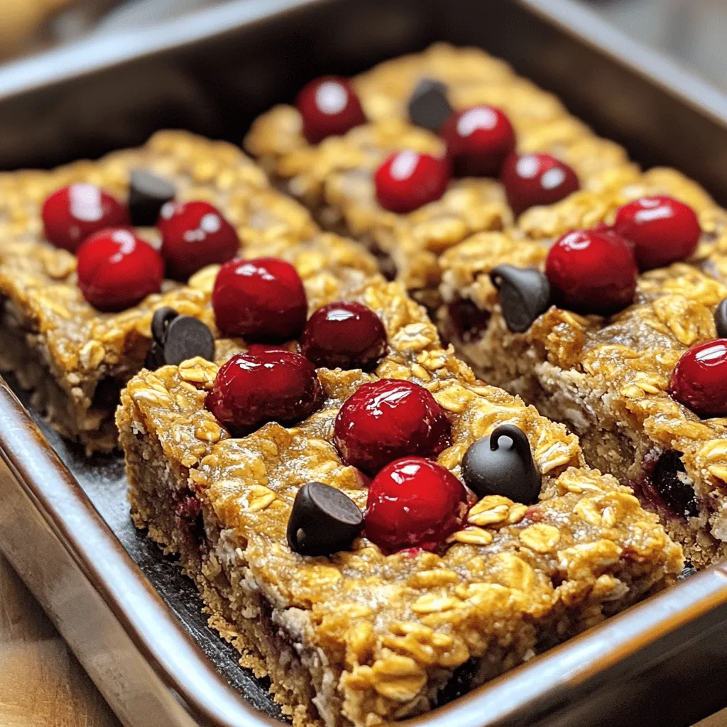 - 1 cup rolled oats - 1/2 cup vanilla protein powder - 1 cup unsweetened applesauce - 1/2 cup honey or maple syrup - 1 cup fresh or frozen cherries, pitted and chopped - 1/4 cup almond butter (or peanut butter) - 1/2 teaspoon cinnamon - 1/4 teaspoon salt - 1/4 cup chopped nuts (optional, such as almonds or walnuts) - 1/4 cup dark chocolate chips (optional) You need simple ingredients for these cherry oatmeal protein bars. Each ingredient adds flavor and energy. The oats give a hearty base. They also provide fiber and help keep you full. Vanilla protein powder boosts the protein content. This helps with muscle repair and growth after exercise. Unsweetened applesauce adds moisture and sweetness without added sugar. Honey or maple syrup gives a natural sweetness. Use whichever you prefer. Cherries add a bright flavor and are rich in antioxidants. Almond butter or peanut butter brings creaminess and healthy fats. Cinnamon adds warmth and flavor. It also has health benefits like lowering blood sugar. Salt enhances all the flavors, making each bite delightful. If you want more crunch, add chopped nuts. Dark chocolate chips are optional but add a sweet touch. With these ingredients, you’ll create a tasty and nutritious snack. For the full recipe, check the section above. - Preheat your oven to 350°F (175°C). Line an 8x8 inch baking pan with parchment paper. - In a large bowl, mix 1 cup rolled oats, 1/2 cup protein powder, 1/2 teaspoon cinnamon, and 1/4 teaspoon salt. Stir until everything is well combined. - In another bowl, whisk together 1 cup unsweetened applesauce, 1/2 cup honey (or maple syrup), and 1/4 cup almond butter. Make sure it is smooth. - Pour the wet mix into the dry mix. Stir until just combined. Gently fold in 1 cup chopped cherries and any optional ingredients like nuts or chocolate chips. - Transfer the mixture to your prepared baking pan. Spread it evenly and press down with a spatula. - Bake for 20-25 minutes. Look for golden edges and a set center as signs it's done. - Let the bars cool in the pan for about 10 minutes. Then, move them to a wire rack to cool completely. - Once cooled, cut into bars of your choice. You can store them in an airtight container in the fridge for a week or freeze them for later. Follow this process for delicious Cherry Oatmeal Protein Bars! For the detailed recipe, check the Full Recipe. To get the right texture for your cherry oatmeal protein bars, you need to mix well. The mixture should be moist but not too runny. If it feels dry, add a little more applesauce. For the best results, measure ingredients accurately. Use a dry measuring cup for oats and protein powder. Make sure to pack the almond butter into the cup for a full scoop. If you need an alternative for almond butter, try peanut butter or sunflower seed butter. Both options work well and add nice flavors. For a vegan option, use maple syrup instead of honey. Maple syrup keeps the bars sweet and sticky. Cherry oatmeal protein bars pair nicely with yogurt or fresh fruit. You can also enjoy them with a cup of tea or coffee. For a fun twist, spread a little more almond butter on top. You can even crumble them over oatmeal for extra flavor. These bars are perfect for breakfast or a quick snack. They travel well, so take them on hikes or to work. You can find the full recipe above to create your own delicious batch. {{image_2}} You can easily change the flavors in these bars. Adding spices like nutmeg or ginger gives warmth. Try a teaspoon of nutmeg for a cozy taste. Ginger adds a nice zing. You can also swap fruits. Fresh blueberries or dried cranberries work well. Each fruit brings its own flavor and nutrients. Experiment until you find your favorite mix! Do you want chewy or crunchy bars? For chewy bars, stick to the base recipe. For crunch, add nuts or seeds. Almonds or walnuts add a nice bite. You can also mix in seeds like chia or flaxseed. These seeds add healthy fats and extra crunch. Play around with the texture until you find what you like best. Want more protein? You can add Greek yogurt to the mix. Just a few tablespoons will boost protein. You can also use protein-packed seeds like hemp seeds. These seeds are tiny but mighty. They add a protein punch without changing the flavor. With these enhancements, you can make your bars even better! For the complete recipe, check the [Full Recipe]. Store your cherry oatmeal protein bars in an airtight container. This keeps them fresh and tasty. I recommend using glass or plastic containers with tight lids. You can also wrap each bar in plastic wrap for extra protection. For best refrigeration practices, place the container in the fridge. These bars can last up to a week when stored this way. If you notice any moisture, it might be time to eat them! To properly freeze your bars, first cut them into individual pieces. Wrap each bar in plastic wrap or foil. Then, place them in a freezer-safe bag or container. This way, they won't stick together. Make sure to label the container with the date. When you're ready to enjoy one, simply thaw it in the fridge overnight. You can also let it sit at room temperature for about an hour. This method keeps the flavor and texture just right. Enjoy your homemade cherry oatmeal protein bars anytime! For the full recipe, check out the details above. These protein bars stay fresh for about a week in the fridge. If you freeze them, they last up to three months. Just wrap them well in plastic wrap or foil before freezing. This keeps them tasty and safe from freezer burn. You can modify the Cherry Oatmeal Protein Bars to fit your needs. Common allergens in this recipe include nuts and gluten. For nut allergies, use sunflower seed butter instead of almond or peanut butter. If you need a gluten-free option, choose certified gluten-free oats. This allows everyone to enjoy these tasty bars. To cut the bars neatly, let them cool completely first. Then, lift the bars out of the pan using the parchment paper. Place them on a cutting board and use a sharp knife. For best cuts, try to use a gentle sawing motion. This helps keep the bars intact. Store the cut bars in an airtight container, separating layers with parchment paper to prevent sticking. Yes, you can easily make these protein bars gluten-free! Use certified gluten-free oats as your base. This ensures no gluten contamination. You can also replace the vanilla protein powder with a gluten-free alternative. This way, everyone can enjoy these healthy snacks without worry. These cherry oatmeal protein bars are simple and fun to make. You now know the ingredients, steps for baking, and how to store your bars. Don’t forget the tips for ingredient swaps and variations to fit your taste. When you try these bars, enjoy the texture and taste. Experiment with flavors and toppings. Make them your own! They’re a great snack for any time. Happy baking!