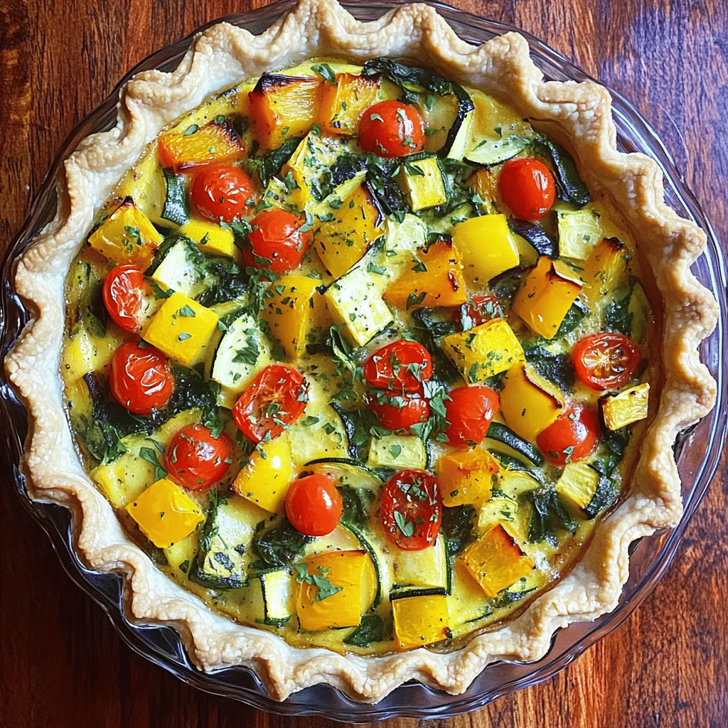 For this tasty quiche, you will need: - 1 pre-made pie crust - 1 cup zucchini, diced - 1 cup bell peppers (red and yellow), diced - 1 cup cherry tomatoes, halved - 1 cup spinach, chopped - 1 medium onion, finely chopped - 3 large eggs - 1 cup heavy cream - 1 cup shredded cheese (such as cheddar or mozzarella) - 2 tablespoons olive oil - Salt and pepper to taste - 1 teaspoon dried oregano - 1/2 teaspoon smoked paprika When making this quiche, I often reach for certain brands: - For cheese, I love using Tillamook or Sargento. - For cream, look for Organic Valley or Horizon. - I prefer the Wholly Guacamole pre-made pie crust for ease. You can adjust this recipe to meet various needs: - For a dairy-free option, use almond milk and dairy-free cheese. - If you want a gluten-free quiche, try a gluten-free crust or make it crustless. - For a low-carb option, use cauliflower rice instead of the pie crust. Feel free to explore these options to make the quiche work for you! Check out the Full Recipe for more details. To start, gather your fresh veggies. You will need zucchini, bell peppers, cherry tomatoes, spinach, and onion. Chop the zucchini and dice the bell peppers into small pieces. Halve the cherry tomatoes and roughly chop the spinach. Finally, finely chop the onion. Place all these veggies in a big bowl. This mix will add flavor and color to your quiche. Now, let’s roast those veggies. Preheat your oven to 400°F (200°C). Toss the chopped vegetables with olive oil, salt, pepper, oregano, and smoked paprika in the bowl. Spread them evenly on a baking sheet. Roast them for about 20 minutes. You want them tender and slightly caramelized. Once done, take them out and let them cool a bit. Next, it’s time to make the filling. In a separate bowl, whisk together three large eggs and one cup of heavy cream. Mix until combined. This creamy mixture will make your quiche rich and tasty. Add salt and pepper for extra flavor. Now for the fun part! Fold the cooled roasted veggies into the egg and cream mix. Then, add one cup of shredded cheese. Stir until everything is well mixed. Pour this filling into the pre-made pie crust. Spread it out evenly. Bake in the oven for about 35-40 minutes. You’ll know it’s ready when the center is set and the top is golden brown. Let it cool for a few minutes before slicing. This roasted vegetable quiche is now ready to enjoy! For the complete recipe, refer to the Full Recipe mentioned earlier. To get a creamy and smooth quiche, use fresh eggs. Fresh eggs give a rich flavor. Mix the eggs and cream well. This helps to blend air into the mix. Use a whisk for this. Avoid overcooking, as it can make the quiche dry. The center should jiggle slightly when you take it out. Let it cool a bit before cutting. This helps the quiche set up nicely. If you have leftovers, store them in the fridge. Place the quiche in an airtight container. This keeps it fresh for about three to four days. You can also wrap it tightly in plastic wrap. If you want to save it longer, freeze it. Slice the quiche before freezing for easy servings later. Wrap each slice in foil and place in a freezer bag. It can last up to three months in the freezer. You can boost the flavor of your quiche with spices. Try adding fresh herbs like basil or thyme. They add a bright taste. For a kick, use a pinch of red pepper flakes. If you want a smoky flavor, add more smoked paprika. Mix and match spices to find your favorite blend. Experimenting makes cooking fun and personal. {{image_2}} You can easily change the veggies in your quiche. Try using asparagus, broccoli, or mushrooms. Each adds its own taste. You can also add protein. Chopped ham, cooked bacon, or crumbled sausage work well. This keeps your quiche fresh and exciting. Plus, you can use up any leftover veggies you have. Cheese plays a big role in your quiche's taste. You can swap cheddar with feta, goat cheese, or Swiss cheese. Each cheese brings its own unique flavor. For a sharper taste, use aged cheese. For a creamier quiche, opt for cream cheese. Mixing cheeses can also create a rich and tasty dish. If you're looking for a gluten-free option, there are many choices. You can use a store-bought gluten-free crust. Alternatively, make a crust from almond flour or cornmeal. Another option is to use sliced potatoes or zucchini as a base. These options make your quiche delicious while keeping it gluten-free. For the complete experience, check out the Full Recipe. To keep your roasted vegetable quiche fresh, let it cool first. After cooling, cover it with plastic wrap or aluminum foil. Store it in the fridge for up to three days. Keeping the quiche covered helps prevent it from drying out. Want to save some quiche for later? You can freeze it! Slice the quiche first for easy servings. Wrap each slice tightly in plastic wrap, then foil. Place them in a freezer-safe bag or container. You can freeze it for up to three months. When you are ready to enjoy it, just thaw it in the fridge overnight. To reheat your quiche, preheat the oven to 350°F (175°C). Place the quiche on a baking sheet. Cover with foil to keep it from browning too much. Heat for about 15 to 20 minutes. If you want a crispy top, uncover it for the last five minutes. For a quicker option, use a microwave. Heat individual slices on a plate for about one to two minutes. Enjoy your warm and tasty quiche! For the full recipe, check out the Garden Delight Roasted Vegetable Quiche. The quiche lasts about 3 to 4 days in the fridge. Store it in an airtight container. This keeps it fresh and tasty. If you want it to last longer, freezing is a great option. Yes, you can make the quiche ahead of time. Prepare it the day before and store it in the fridge. You can also bake it and reheat it later. This makes meal prep easy and saves time. Some great side dishes include: - Mixed green salad - Fresh fruit - Roasted potatoes - Steamed asparagus These sides add color and flavor to your meal. They also balance the richness of the quiche. Absolutely! A crustless quiche is easy to make. Just skip the pie crust and pour the filling directly into a greased pan. This option is great for low-carb diets. It still tastes delicious and is packed with flavor. For the full recipe, check out the Garden Delight Roasted Vegetable Quiche. Roasted vegetable quiche is tasty and easy to make. We covered key ingredients, tricks for perfect texture, and storage tips. Remember, you can mix up veggies and cheeses to fit your taste. Whether you're feeding a crowd or just yourself, quiche is a great choice. It keeps well and is good for any meal. Enjoy creating your own version!