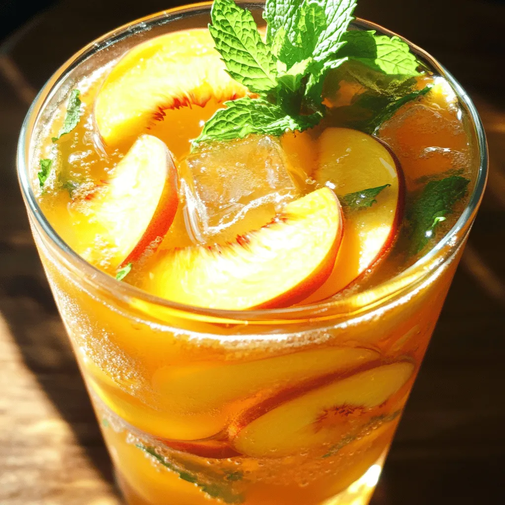 To make a great ginger peach iced tea, you need a few key ingredients: - 4 cups water - 2 cups fresh peaches, sliced - 1 tablespoon fresh ginger, grated - 4 black tea bags - 1/4 cup honey (or to taste) - Fresh mint leaves for garnish - Ice cubes Using fresh peaches and ginger gives the tea a bright taste. The black tea adds a robust flavor. Honey sweetens it nicely, but you can adjust it to your liking. You can add some optional ingredients to make your iced tea even better: - Lemon juice for a zesty touch - Cinnamon for warmth - Vanilla extract for sweetness These flavors can boost the tea’s taste and make it unique. Try different combinations to find your favorite mix! Ginger is known for its health perks. It can help with digestion and reduce inflammation. Peaches are packed with vitamins A and C. They also provide hydration and antioxidants. Black tea is rich in antioxidants too. It may improve heart health and boost energy. This drink not only tastes good but can also be good for you! Making ginger peach iced tea is simple and fun. You need fresh peaches and ginger to start. The sweet and spicy flavors blend well together. Gather your ingredients first. This helps keep you organized. 1. Boil the Water: Start by boiling 4 cups of water in a medium saucepan. 2. Add Ginger and Peaches: Once boiling, add 1 tablespoon of grated ginger and 2 cups of sliced peaches. Let it simmer for 5 minutes. This step brings out the flavors. 3. Steep the Tea: Remove the saucepan from heat. Add 4 black tea bags and steep for 5 to 7 minutes. This gives your tea its color and taste. 4. Sweeten the Tea: After steeping, take out the tea bags. Stir in 1/4 cup of honey while the tea is warm. This helps the honey dissolve completely. 5. Strain the Mixture: Let the tea cool to room temperature. Use a fine mesh strainer to remove the ginger and peach slices. 6. Chill the Tea: Pour the strained tea into a pitcher. Refrigerate it for about 1 to 2 hours until it’s nice and cold. 7. Serve the Tea: Fill a glass with ice cubes. Pour the chilled ginger peach iced tea over the ice. 8. Garnish: Add fresh mint leaves to each glass for a pop of color and extra flavor. - Use fresh, ripe peaches for the best taste. - Adjust the honey to your liking; you can add more or less. - If you want a stronger flavor, steep the tea a bit longer. - For a fun twist, try adding a splash of lemon juice before serving. This ginger peach iced tea recipe is a perfect way to cool off in summer. Enjoy every sip! For the full recipe, check out the details shared above. To brew the best ginger peach iced tea, start with fresh water. Always use filtered water for the best taste. Heat the water to a rolling boil before adding your tea bags. This step helps extract the full flavor of the tea quickly. Steep the bags for no more than seven minutes. Over-steeping can make the tea bitter. If you prefer a stronger flavor, use more tea bags instead of steeping longer. Honey is my go-to sweetener for ginger peach iced tea. It blends well with the tea's natural flavors. If you want a lighter option, try agave syrup or stevia. Both dissolve easily and add sweetness without extra calories. You can also skip sweeteners altogether if you enjoy a more natural taste. Just remember, the ripe peaches add a lot of sweetness too! Adjusting the flavor of your iced tea is simple. If you like it stronger, add more ginger or tea bags during brewing. For a lighter flavor, reduce the steeping time or use less ginger. You can also add more peaches to enhance the fruity flavor. Experimenting with fresh mint can add a refreshing twist. Each tweak can create a unique version of ginger peach iced tea that fits your taste. {{image_2}} You can boost your ginger peach iced tea with herbs. Try adding fresh basil or lemon balm. These herbs add a nice twist. They bring out fruity notes and add a fresh taste. You can also try chamomile for a sweet touch. Steep the herbs with your tea to get the best flavor. Just remember to strain them out, like the ginger and peaches. Want to mix it up? You can use other fruits too. Strawberries and mangoes work well with ginger. You may even try ripe nectarines. Just chop them into pieces, like the peaches. Add them to the boiling water with ginger. This can create a whole new flavor experience. Let your taste buds explore! Cold brewing is an easy way to make iced tea. You simply place tea bags in cold water. Let them steep in the fridge for 6-12 hours. This method gives a smoother taste. You can add ginger and peaches in the same way. Just slice them and toss them in. The longer you steep, the stronger the flavor. This is a great way to enjoy your ginger peach iced tea on hot days. Check out the Full Recipe for more details! After you make ginger peach iced tea, you may have some left over. Store it in a clean pitcher or jar. Make sure to cover it tightly. This keeps the tea fresh and tasty. Ginger peach iced tea lasts about 3 to 5 days in the fridge. Keep it sealed to prevent any odors from the fridge affecting its flavor. If it starts to taste off, it's best to toss it. You can freeze ginger peach iced tea for later. Pour the tea into ice cube trays. Once frozen, pop the cubes into a freezer bag. They’re great for smoothies or as ice cubes in drinks. Just remember, it will lose some flavor after thawing, but it's still refreshing! To make ginger peach iced tea from scratch, start with 4 cups of water. Bring it to a boil in a medium saucepan. Add 1 tablespoon of grated ginger and 2 cups of sliced peaches. Let it simmer for 5 minutes. Remove from heat and add 4 black tea bags. Allow it to steep for 5 to 7 minutes. Remove the tea bags and stir in 1/4 cup of honey while warm. Let it cool, then strain out the solids. Chill the tea in the fridge for 1 to 2 hours. Serve over ice and garnish with mint leaves. You can find ginger peach iced tea at many grocery stores. Look in the beverage aisle or tea section. Some brands offer it in bottled form. You may also find it at local cafes and tea shops. If you prefer, you can easily make it at home using the full recipe. Ginger offers several health benefits. It can help with digestion, reduce nausea, and boost the immune system. Peaches are also healthy. They provide vitamins A and C, which are great for skin health. Together, ginger and peach make a tasty drink that can aid digestion and keep you refreshed. Yes, you can make ginger peach iced tea without sugar. You can use natural sweeteners like stevia or monk fruit. Alternatively, you can skip sweeteners altogether. The natural sweetness of the peaches may be enough for you. Adjust the recipe to fit your taste preferences. You can use frozen peaches in this recipe. Just add them directly to the boiling water. Frozen peaches can still provide great flavor. However, fresh peaches will give a brighter taste. If using frozen peaches, thaw them slightly for best results. Ginger peach iced tea combines key ingredients for great flavor and health benefits. We covered how to brew it step by step, plus tips for making it just right. You can try fun variations or learn how to store it easily. Remember, making this tea is simple and rewarding. Enjoy each sip, knowing you're drinking something tasty and good for you. Dive into your own ginger peach iced tea adventure and share it with friends.
